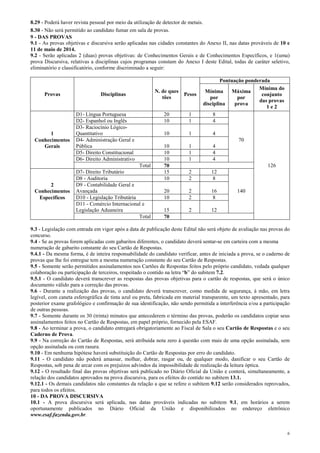 6
8.29 - Poderá haver revista pessoal por meio da utilização de detector de metais.
8.30 - Não será permitido ao candidato fumar em sala de provas.
9 - DAS PROVAS
9.1 - As provas objetivas e discursiva serão aplicadas nas cidades constantes do Anexo II, nas datas prováveis de 10 e
11 de maio de 2014.
9.2 - Serão aplicadas 2 (duas) provas objetivas: de Conhecimentos Gerais e de Conhecimentos Específicos, e 1(uma)
prova Discursiva, relativas a disciplinas cujos programas constam do Anexo I deste Edital, todas de caráter seletivo,
eliminatório e classificatório, conforme discriminado a seguir:
Provas Disciplinas
N. de ques
tões
Pesos
Pontuação ponderada
Mínima
por
disciplina
Máxima
por
prova
Mínima do
conjunto
das provas
1 e 2
D1- Língua Portuguesa 20 1 8
D2- Espanhol ou Inglês 10 1 4
D3- Raciocínio Lógico-
1 Quantitativo 10 1 4
Conhecimentos D4- Administração Geral e 70
Gerais Pública 10 1 4
D5- Direito Constitucional 10 1 4
D6- Direito Administrativo 10 1 4
Total 70 126
D7- Direito Tributário 15 2 12
D8 - Auditoria 10 2 8
2 D9 - Contabilidade Geral e
Conhecimentos Avançada 20 2 16 140
Específicos D10 - Legislação Tributária 10 2 8
D11 - Comércio Internacional e
Legislação Aduaneira 15 2 12
Total 70
9.3 - Legislação com entrada em vigor após a data de publicação deste Edital não será objeto de avaliação nas provas do
concurso.
9.4 - Se as provas forem aplicadas com gabaritos diferentes, o candidato deverá sentar-se em carteira com a mesma
numeração de gabarito constante do seu Cartão de Respostas.
9.4.1 - Da mesma forma, é de inteira responsabilidade do candidato verificar, antes de iniciada a prova, se o caderno de
provas que lhe foi entregue tem a mesma numeração constante do seu Cartão de Respostas.
9.5 - Somente serão permitidos assinalamentos nos Cartões de Respostas feitos pelo próprio candidato, vedada qualquer
colaboração ou participação de terceiros, respeitado o contido na letra “b” do subitem 7.2.
9.5.1 - O candidato deverá transcrever as respostas das provas objetivas para o cartão de respostas, que será o único
documento válido para a correção das provas.
9.6 - Durante a realização das provas, o candidato deverá transcrever, como medida de segurança, à mão, em letra
legível, com caneta esferográfica de tinta azul ou preta, fabricada em material transparente, um texto apresentado, para
posterior exame grafológico e confirmação de sua identificação, não sendo permitida a interferência e/ou a participação
de outras pessoas.
9.7 - Somente durante os 30 (trinta) minutos que antecederem o término das provas, poderão os candidatos copiar seus
assinalamentos feitos no Cartão de Respostas, em papel próprio, fornecido pela ESAF.
9.8 - Ao terminar a prova, o candidato entregará obrigatoriamente ao Fiscal de Sala o seu Cartão de Respostas e o seu
Caderno de Prova.
9.9 - Na correção do Cartão de Respostas, será atribuída nota zero à questão com mais de uma opção assinalada, sem
opção assinalada ou com rasura.
9.10 - Em nenhuma hipótese haverá substituição do Cartão de Respostas por erro do candidato.
9.11 - O candidato não poderá amassar, molhar, dobrar, rasgar ou, de qualquer modo, danificar o seu Cartão de
Respostas, sob pena de arcar com os prejuízos advindos da impossibilidade de realização da leitura óptica.
9.12 - O resultado final das provas objetivas será publicado no Diário Oficial da União e conterá, simultaneamente, a
relação dos candidatos aprovados na prova discursiva, para os efeitos do contido no subitem 13.1.
9.12.1 - Os demais candidatos não constantes da relação a que se refere o subitem 9.12 serão considerados reprovados,
para todos os efeitos.
10 - DA PROVA DISCURSIVA
10.1 - A prova discursiva será aplicada, nas datas prováveis indicadas no subitem 9.1, em horários a serem
oportunamente publicados no Diário Oficial da União e disponibilizados no endereço eletrônico
www.esaf.fazenda.gov.br.
 