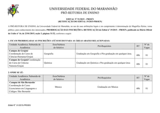UNIVERSIDADE FEDERAL DO MARANHÃO
PRÓ-REITORIA DE ENSINO
Edital N
o.
51/2015-PROEN
+
EDITAL No
51/2015 – PROEN
(RETIFICAÇÃO DO EDITAL 19/2015-PROEN)
A PRÓ-REITORA DE ENSINO, da Universidade Federal do Maranhão, no uso de suas atribuições legais e em cumprimento à determinação do Magnífico Reitor, torna
público, para conhecimento dos interessados, PRORROGAÇÃO DAS INSCRIÇÕES e RETIFICAÇÃO do Edital nº 19/2015 – PROEN, publicado no Diário Oficial
da União nº 16, de 23/01/2015, seção 3, páginas 31/32, conforme a seguir:
1. FICAM PRORROGADAS AS INSCRIÇÕES ATÉ 03/03/2015 PARA AS ÁREAS ABAIXO RELACIONADAS:
Unidade Acadêmica /Subunida de
Acadêmica
Área/Subárea
do Seletivo
Pré-Requisitos RT
Nº de
Vagas
Campus de Grajaú/
Coordenação do Curso de
Ciências Humanas/Grajaú
Geografia Graduação em Geografia e Pós-graduação em qualquer área.
4
40h
0
01
Campus de Grajaú/Coordenação
do Curso de Ciências
Naturais/Grajaú
Química Graduação em Química e Pós-graduação em qualquer área.
4
40h
0
01
2. ONDE SE LÊ:
Unidade Acadêmica /Subunida de
Acadêmica
Área/Subárea
do Seletivo
Pré-Requisitos RT
Nº de
Vagas
Campus de São Bernardo/
Coordenação do Curso
Licenciatura em Linguagens e
Códigos /São Bernardo
Música Graduação em Música
4
40h
0
01
 