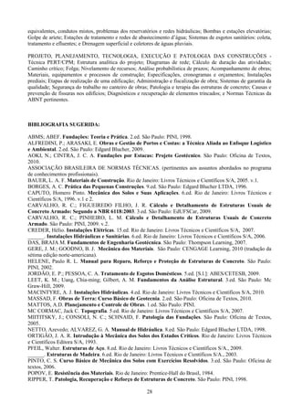 28
equivalentes, condutos mistos, problemas dos reservatórios e redes hidráulicas; Bombas e estações elevatórias;
Golpe de aríete; Estações de tratamento e redes de abastecimento d’água; Sistemas de esgotos sanitários: coleta,
tratamento e efluentes; e Drenagem superficial e coletores de águas pluviais.
PROJETO, PLANEJAMENTO, TECNOLOGIA, EXECUÇÃO E PATOLOGIA DAS CONSTRUÇÕES -
Técnica PERT/CPM; Estrutura analítica do projeto; Diagramas de rede; Cálculo de duração das atividades;
Caminho crítico; Folga; Nivelamento de recursos; Análise probabilística de prazos; Acompanhamento de obras;
Materiais, equipamentos e processos de construção; Especificações, cronogramas e orçamentos; Instalações
prediais; Etapas de realização de uma edificação; Administração e fiscalização de obra; Sistemas de garantia da
qualidade; Segurança do trabalho no canteiro de obras; Patologia e terapia das estruturas de concreto; Causas e
prevenção de fissuras nos edifícios; Diagnósticos e recuperação de elementos trincados; e Normas Técnicas da
ABNT pertinentes.
BIBLIOGRAFIA SUGERIDA:
ABMS; ABEF. Fundações: Teoria e Prática. 2.ed. São Paulo: PINI, 1998.
ALFREDINI, P.; ARASAKI, E. Obras e Gestão de Portos e Costas: a Técnica Aliada ao Enfoque Logístico
e Ambiental. 2.ed. São Paulo: Edgard Blucher, 2009.
AOKI, N.; CINTRA, J. C. A. Fundações por Estacas: Projeto Geotécnico. São Paulo: Oficina de Textos,
2010.
ASSOCIAÇÃO BRASILEIRA DE NORMAS TÉCNICAS. (pertinentes aos assuntos abordados no programa
de conhecimentos profissionais).
BAUER, L. A. F. Materiais de Construção. Rio de Janeiro: Livros Técnicos e Científicos S/A, 2005. v.1.
BORGES, A. C. Prática das Pequenas Construções. 9.ed. São Paulo: Edgard Blucher LTDA, 1996.
CAPUTO, Homero Pinto. Mecânica dos Solos e Suas Aplicações. 6.ed. Rio de Janeiro: Livros Técnicos e
Científicos S/A, 1996. v.1 e 2.
CARVALHO, R. C.; FIGUEIREDO FILHO, J. R. Cálculo e Detalhamento de Estruturas Usuais de
Concreto Armado: Segundo a NBR 6118:2003. 3.ed. São Paulo: EdUFSCar, 2009.
CARVALHO, R. C.; PINHEIRO, L. M. Cálculo e Detalhamento de Estruturas Usuais de Concreto
Armado. São Paulo: PINI, 2009. v.2.
CREDER, Hélio. Instalações Elétricas. 15.ed. Rio de Janeiro: Livros Técnicos e Científicos S/A, 2007.
______. Instalações Hidráulicas e Sanitárias. 6.ed. Rio de Janeiro: Livros Técnicos e Científicos S/A, 2006.
DAS, BRAJA M. Fundamentos de Engenharia Geotécnica. São Paulo: Thompson Learning, 2007.
GERE, J. M.; GOODNO, B. J. Mecânica dos Materiais. São Paulo: CENGAGE Learning, 2010 (tradução da
sétima edição norte-americana).
HELENE, Paulo R. L. Manual para Reparo, Reforço e Proteção de Estruturas de Concreto. São Paulo:
PINI, 2002.
JORDÃO, E. P.; PESSOA, C. A. Tratamento de Esgotos Domésticos. 5.ed. [S.l.]: ABES/CETESB, 2009.
LEET, K. M.; Uang, Chia-ming; Gilbert, A. M. Fundamentos da Análise Estrutural. 3.ed. São Paulo: Mc
Graw-Hill, 2009.
MACINTYRE, A. J. Instalações Hidráulicas. 4.ed. Rio de Janeiro: Livros Técnicos e Científicos S/A, 2010.
MASSAD, F. Obras de Terra: Curso Básico de Geotecnia. 2.ed. São Paulo: Oficina de Textos, 2010.
MATTOS, A.D. Planejamento e Controle de Obras. 1.ed. São Paulo: PINI.
MC CORMAC, Jack C. Topografia. 5.ed. Rio de Janeiro: Livros Técnicos e Científicos S/A, 2007.
MIITITSKY, J.; CONSOLI, N. C.; SCHNAID, F. Patologia das Fundações. São Paulo: Oficina de Textos,
2005.
NETTO, Azevedo; ALVAREZ, G. A. Manual de Hidráulica. 8.ed. São Paulo: Edgard Blucher LTDA, 1998.
ORTIGÃO, J. A. R. Introdução à Mecânica dos Solos dos Estados Críticos. Rio de Janeiro: Livros Técnicos
e Científicos Editora S/A, 1993.
PFEIL, Walter. Estruturas de Aço. 8.ed. Rio de Janeiro: Livros Técnicos e Científicos S/A., 2009.
______. Estruturas de Madeira. 6.ed. Rio de Janeiro: Livros Técnicos e Científicos S/A., 2003.
PINTO, C. S. Curso Básico de Mecânica dos Solos com Exercícios Resolvidos. 3.ed. São Paulo: Oficina de
textos, 2006.
POPOV, E. Resistência dos Materiais. Rio de Janeiro: Prentice-Hall do Brasil, 1984.
RIPPER, T. Patologia, Recuperação e Reforço de Estruturas de Concreto. São Paulo: PINI, 1998.
 