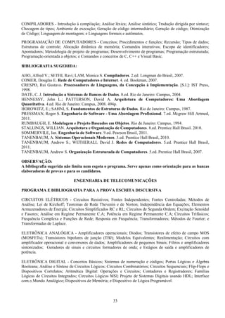 33
COMPILADORES - Introdução à compilação; Análise léxica; Análise sintática; Tradução dirigida por sintaxe;
Checagem de tipos; Ambiente de execução; Geração de código intermediário; Geração de código; Otimização
de Código; Linguagem de montagem; e Linguagens formais e autômatos.
PROGRAMAÇÃO DE COMPUTADORES - Conceitos; Procedimentos e funções; Recursão; Tipos de dados;
Estruturas de controle; Alocação dinâmica de memória; Comandos interativos; Escopo de identificadores;
Apontadores; Metodologia de projeto de programas; Desenvolvimento de programas; Programação estruturada;
Programação orientada a objetos; e Comandos e conceitos de C, C++ e Visual Basic.
BIBLIOGRAFIA SUGERIDA:
AHO, Alfred V.; SETHI, Ravi; LAM, Monica S. Compiladores. 2.ed. Longman do Brasil, 2007.
COMER, Douglas E. Rede de Computadores e Internet. 4. ed. Bookman, 2007.
CRESPO, Rui Gustavo. Processadores de Linguagens, da Concepção à Implementação. [S.l.]: IST Press,
1998.
DATE, C. J. Introdução a Sistemas de Bancos de Dados. 8.ed. Rio de Janeiro: Campus, 2004.
HENNESSY, John L.; PATTERSON, David A. Arquitetura de Computadores: Uma Abordagem
Quantitativa. 4.ed. Rio de Janeiro: Campus, 2008. 494p.
HOROWITZ, E.; SAHNI, S. Fundamentos de Estruturas de Dados. Rio de Janeiro: Campus, 1987.
PRESSMAN, Roger S. Engenharia de Software - Uma Abordagem Profissional. 7.ed. Mcgraw Hill Artmed,
2011.
RUMBAUGH, E. Modelagem e Projeto Baseados em Objetos. Rio de Janeiro: Campus, 1994.
STALLINGS, WILLIAN. Arquitetura e Organização de Computadores. 8.ed. Prentice Hall Brasil. 2010.
SOMMERVILE, Ian. Engenharia de Software. 9.ed. Pearson Brasil, 2011.
TANENBAUM, A. Sistemas Operacionais Modernos. 3.ed. Prentice Hall Brasil, 2010.
TANENBAUM, Andrew S.; WETHERALL David J. Redes de Computadores. 5.ed. Prentice Hall Brasil,
2011.
TANENBAUM, Andrew S. Organização Estruturada de Computadores. 5.ed. Prentice Hall Brasil, 2007.
OBSERVAÇÃO:
A bibliografia sugerida não limita nem esgota o programa. Serve apenas como orientação para as bancas
elaboradoras de provas e para os candidatos.
ENGENHARIA DE TELECOMUNICAÇÕES
PROGRAMA E BIBLIOGRAFIA PARA A PROVA ESCRITA DISCURSIVA
CIRCUITOS ELÉTRICOS - Circuitos Resistivos; Fontes Independentes; Fontes Controladas; Métodos de
Análise; Lei de Kirchoff; Teoremas de Rede Thevenin e de Norton; Independência das Equações; Elementos
Armazenadores de Energia; Circuitos Simplificados RC e RL; Circuitos de Segunda Ordem; Excitação Senoidal
e Fasores; Análise em Regime Permanente C.A; Potência em Regime Permanente C.A; Circuitos Trifásicos;
Frequência Complexa e Funções de Rede; Resposta em Frequência; Transformadores; Métodos de Fourier; e
Transformadas de Laplace.
ELETRÔNICA ANALÓGICA - Amplificadores operacionais; Diodos; Transistores de efeito de campo MOS
(MOSFETs); Transistores bipolares de junção (TBJ); Modelos Equivalentes; Realimentação; Circuitos com
amplificador operacional e conversores de dados; Amplificadores de pequenos Sinais; Filtros e amplificadores
sintonizados; Geradores de sinais e circuitos formadores de onda; e Estágios de saída e amplificadores de
potência.
ELETRÔNICA DIGITAL - Conceitos Básicos; Sistemas de numeração e códigos; Portas Lógicas e Álgebra
Booleana; Análise e Síntese de Circuitos Lógicos; Circuitos Combinatórios; Circuitos Sequenciais; Flip-Flops e
Dispositivos Correlatos; Aritmética Digital: Operações e Circuitos; Contadores e Registradores; Famílias
Lógicas de Circuitos Integrados; Circuitos Lógicos MSI; Projeto de Sistemas Digitais usando HDL; Interface
com o Mundo Analógico; Dispositivos de Memória; e Dispositivo de Lógica Programável.
 