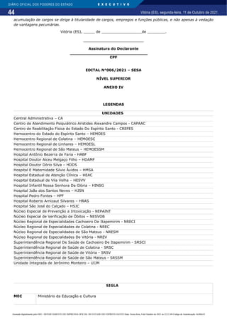 44
DIÁRIO OFICIAL DOS PODERES DO ESTADO E X E C U T I V O
Vitória (ES), segunda-feira, 11 de Outubro de 2021.
acumulação de cargos se dirige à titularidade de cargos, empregos e funções públicas, e não apenas à vedação
de vantagens pecuniárias.
Vitória (ES), _____ de __________________de ________.
___________________________
Assinatura do Declarante
_______________________________
CPF
EDITAL N°006/2021 – SESA
NÍVEL SUPERIOR
ANEXO IV
LEGENDAS
UNIDADES
Central Administrativa – CA
Centro de Atendimento Psiquiátrico Aristides Alexandre Campos - CAPAAC
Centro de Reabilitação Física do Estado Do Espírito Santo - CREFES
Hemocentro do Estado do Espírito Santo – HEMOES
Hemocentro Regional de Colatina – HEMOESC
Hemocentro Regional de Linhares – HEMOESL
Hemocentro Regional de São Mateus – HEMOESSM
Hospital Antônio Bezerra de Faria - HABF
Hospital Doutor Alceu Melgaço Filho – HDAMF
Hospital Doutor Dório Silva – HDDS
Hospital E Maternidade Silvio Ávidos – HMSA
Hospital Estadual de Atenção Clínica – HEAC
Hospital Estadual de Vila Velha – HESVV
Hospital Infantil Nossa Senhora Da Glória – HINSG
Hospital João dos Santos Neves – HJSN
Hospital Pedro Fontes – HPF
Hospital Roberto Arnizaut Silvares – HRAS
Hospital São José do Calçado – HSJC
Núcleo Especial de Prevenção a Intoxicação - NEPAINT
Núcleo Especial de Verificação de Óbitos – NESVOB
Núcleo Regional de Especialidades Cachoeiro De Itapemirim - NRECI
Núcleo Regional de Especialidades de Colatina - NREC
Núcleo Regional de Especialidades de São Mateus - NRESM
Núcleo Regional de Especialidades De Vitória - NREV
Superintendência Regional De Saúde de Cachoeiro De Itapemirim - SRSCI
Superintendência Regional de Saúde de Colatina - SRSC
Superintendência Regional de Saúde de Vitória - SRSV
Superintendência Regional de Saúde de São Mateus - SRSSM
Unidade Integrada de Jerônimo Monteiro – UIJM
SIGLA
MEC Ministério da Educação e Cultura
Assinado digitalmente pelo DIO - DEPARTAMENTO DE IMPRENSA OFICIAL DO ESTADO DO ESPÍRITO SANTO Data: Sexta-feira, 8 de Outubro de 2021 às 22:23:48 Código de Autenticação: 8c886e5f
 