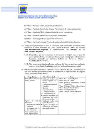 GOVERNO DO ESTADO DE MATO GROSSO DO SUL
SECRETARIA DE ESTADO DE ADMINISTRAÇÃO
S:DIR_GERALMinuta2013Concursos2013_Pcms_Perito&AgentePJudEdital001_Pcms_PeritoAgenteJud2013.doc - 9/49
b) 2ª Fase - Prova de Títulos, de caráter classificatório;
c) 3ª Fase - Avaliação Psicológica (Exame Psicotécnico), de caráter eliminatório;
d) 4ª Fase - Avaliação Médico-Odontológica, de caráter eliminatório;
e) 5ª Fase - Prova de Aptidão Física, de caráter eliminatório;
f) 6ª Fase - Investigação Social, de caráter eliminatório;
g) 7ª Fase - Curso de Formação Policial, de caráter eliminatório e classificatório.
7.2 - Para a realização de todas as fases os candidatos serão convocados através de editais
específicos a serem publicados no Diário Oficial do Estado - DOE, no endereço
www.imprensaoficial.ms.gov.br e disponibilizados, via Internet, no site
www.concurso.ms.gov.br.
7.2.1 - O candidato que não comparecer às provas e/ou avaliações para as quais for
convocado nos horários e locais estabelecidos em edital próprio estará automa-
ticamente eliminado do Concurso Público de Provas e Títulos -
SAD/SEJUSP/PCMS/2013.
7.2.2 - Não haverá segunda chamada para nenhuma das fases, e tampouco realização
de prova ou avaliação fora da data, horário e local estabelecidos em edital.
7.3 - O Concurso Público de Provas e Títulos - SAD/SEJUSP/PCMS/2013 é constituído de
sete fases distintas que serão realizadas de acordo com as especificidades do cargo ou
função, conforme quadro abaixo:
Cargo/Função Área/Escolaridade Fases
Perito Oficial Forense /
Perito Criminal
Graduação em Curso de
Ensino Superior nas á-
reas de:
1 - Engenharia Ambiental
2 - Farmácia
3 - Química
4 - Engenharia Civil
5 - Ciências Contábeis
6 - Ciências Biológicas
Registro em Órgão de
Fiscalização da Profis-
são, quando couber.
1ª Fase: Prova Escrita Objetiva
2ª Fase: Prova de Títulos
3ª Fase: Avaliação Psicológica (Exame
Psicotécnico)
4ª Fase: Avaliação Médico-Odontológica
5ª Fase: Prova de Aptidão Física
6ª Fase: Investigação Social
7ª Fase: Curso de Formação Policial
Agente de Polícia
Judiciária /
- Escrivão de Polícia
Judiciária
- Investigador de Po-
lícia Judiciária
Graduação em Curso de
Ensino Superior;
Registro em Órgão de
Fiscalização da Profis-
são, quando couber.
Perito Papiloscopista /
Perito Papiloscopista
 
