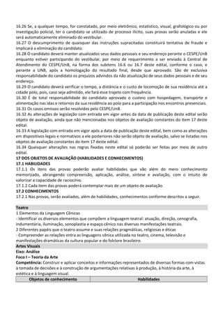 16.26 Se, a qualquer tempo, for constatado, por meio eletrônico, estatístico, visual, grafológico ou por
investigação policial, ter o candidato se utilizado de processo ilícito, suas provas serão anuladas e ele
será automaticamente eliminado do vestibular.
16.27 O descumprimento de quaisquer das instruções supracitadas constituirá tentativa de fraude e
implicará a eliminação do candidato.
16.28 O candidato deverá manter atualizados seus dados pessoais e seu endereço perante o CESPE/UnB
enquanto estiver participando do vestibular, por meio de requerimento a ser enviado à Central de
Atendimento do CESPE/UnB, na forma dos subitens 16.6 ou 16.7 deste edital, conforme o caso, e
perante a UNB, após a homologação do resultado final, desde que aprovado. São de exclusiva
responsabilidade do candidato os prejuízos advindos da não atualização de seus dados pessoais e de seu
endereço.
16.29 O candidato deverá verificar o tempo, a distância e o custo de locomoção de sua residência até a
cidade polo, pois, caso seja admitido, ele fará esse trajeto com frequência.
16.30 É de total responsabilidade do candidato aprovado o custeio com hospedagem, transporte e
alimentação nas idas e retornos da sua residência ao polo para a participação nos encontros presenciais.
16.31 Os casos omissos serão resolvidos pelo CESPE/UnB.
16.32 As alterações de legislação com entrada em vigor antes da data de publicação deste edital serão
objeto de avaliação, ainda que não mencionadas nos objetos de avaliação constantes do item 17 deste
edital.
16.33 A legislação com entrada em vigor após a data de publicação deste edital, bem como as alterações
em dispositivos legais e normativos a ele posteriores não serão objeto de avaliação, salvo se listadas nos
objetos de avaliação constantes do item 17 deste edital.
16.34 Quaisquer alterações nas regras fixadas neste edital só poderão ser feitas por meio de outro
edital.
17 DOS OBJETOS DE AVALIAÇÃO (HABILIDADES E CONHECIMENTOS)
17.1 HABILIDADES
17.1.1 Os itens das provas poderão avaliar habilidades que vão além do mero conhecimento
memorizado, abrangendo compreensão, aplicação, análise, síntese e avaliação, com o intuito de
valorizar a capacidade de raciocínio.
17.1.2 Cada item das provas poderá contemplar mais de um objeto de avaliação.
17.2 CONHECIMENTOS
17.2.1 Nas provas, serão avaliados, além de habilidades, conhecimentos conforme descritos a seguir.
Teatro
1 Elementos da Linguagem Cênicas
- Identificar os diversos elementos que compõem a linguagem teatral: atuação, direção, cenografia,
indumentária, iluminação, sonoplastia e espaço cênico nas diversas manifestações teatrais.
2 Diferentes papéis que o teatro assume e suas relações pragmáticas, religiosas e éticas
- Compreender as relações entra as linguagens cênica utilizada no teatro, cinema, televisão e
manifestações dramáticas da cultura popular e do folclore brasileiro.
Artes Visuais
Eixo: Análise
Foco I – Teoria da Arte
Competência: Construir e aplicar conceitos e informações representados de diversas formas com vistas
à tomada de decisões e à construção de argumentações relativas à produção, à história da arte, à
estética e à linguagem visual.
Objetos de conhecimento Habilidades
 
