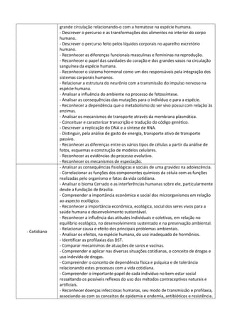 grande circulação relacionando-o com a hematose na espécie humana.
- Descrever o percurso e as transformações dos alimentos no interior do corpo
humano.
- Descrever o percurso feito pelos líquidos corporais no aparelho excretório
humano.
- Reconhecer as diferenças funcionais masculinas e femininas na reprodução.
- Reconhecer o papel das cavidades do coração e dos grandes vasos na circulação
sanguínea da espécie humana.
- Reconhecer o sistema hormonal como um dos responsáveis pela integração dos
sistemas corporais humanos.
- Relacionar a estrutura do neurônio com a transmissão do impulso nervoso na
espécie humana.
- Analisar a influência do ambiente no processo de fotossíntese.
- Analisar as consequências das mutações para o indivíduo e para a espécie.
- Reconhecer a dependência que o metabolismo do ser vivo possui com relação às
enzimas.
- Analisar os mecanismos de transporte através da membrana plasmática.
- Conceituar e caracterizar transcrição e tradução do código genético.
- Descrever a replicação do DNA e a síntese de RNA.
- Distinguir, pela análise de gasto de energia, transporte ativo de transporte
passivo.
- Reconhecer as diferenças entre os vários tipos de células a partir da análise de
fotos, esquemas e construção de modelos celulares.
- Reconhecer as evidências do processo evolutivo.
- Reconhecer os mecanismos de especiação.
- Cotidiano
- Analisar as consequências fisiológicas e sociais de uma gravidez na adolescência.
- Correlacionar as funções dos componentes químicos da célula com as funções
realizadas pelo organismo e fatos da vida cotidiana.
- Analisar o bioma Cerrado e as interferências humanas sobre ele, particularmente
desde a fundação de Brasília.
- Compreender a importância econômica e social dos microrganismos em relação
ao aspecto ecológico.
- Reconhecer a importância econômica, ecológica, social dos seres vivos para a
saúde humana e desenvolvimento sustentável.
- Reconhecer a influência das atitudes individuais e coletivas, em relação no
equilíbrio ecológico, no desenvolvimento sustentado e na preservação ambiental.
- Relacionar causa e efeito dos principais problemas ambientais.
- Analisar os efeitos, na espécie humana, do uso inadequado de hormônios.
- Identificar as profilaxias das DST.
- Comparar mecanismos de atuações de soros e vacinas.
- Compreender e aplicar nas diversas situações cotidianas, o conceito de drogas e
uso indevido de drogas.
- Compreender o conceito de dependência física e psíquica e de tolerância
relacionando estes processos com a vida cotidiana.
- Compreender o importante papel de cada indivíduo no bem-estar social
ressaltando os possíveis reflexos do uso dos métodos contraceptivos naturais e
artificiais.
- Reconhecer doenças infecciosas humanas, seu modo de transmissão e profilaxia,
associando-as com os conceitos de epidemia e endemia, antibióticos e resistência.
 