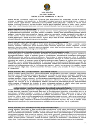 PODER JUDICIÁRIO
JUSTIÇA DO TRABALHO
TRIBUNAL REGIONAL DO TRABALHO DA 2ª REGIÃO

Analisar petições e processos, confeccionar minutas de votos, emitir informações e pareceres; proceder a estudos e
pesquisas na legislação, na jurisprudência e na doutrina pertinente para fundamentar a análise de processo e emissão de
parecer; fornecer suporte técnico e administrativo aos magistrados, órgãos julgadores e unidades do Tribunal; inserir,
atualizar e consultar informações em base de dados; verificar prazos processuais; atender ao público interno e externo;
redigir, digitar e conferir expedientes diversos e executar outras atividades de mesma natureza e grau de complexidade.
Analista Judiciário – Área Administrativa
Realizar tarefas relacionadas à administração de recursos humanos, materiais, patrimoniais, orçamentários e financeiros,
de desenvolvimento organizacional, licitações e contratos, contadoria e auditoria; emitir informações e pareceres; elaborar,
analisar e interpretar dados e demonstrativos; elaborar, implementar, acompanhar e avaliar projetos pertinentes à área de
atuação; elaborar e aplicar instrumentos de acompanhamento, avaliação, pesquisa, controle e divulgação referentes aos
projetos desenvolvidos; atender ao público interno e externo; redigir, digitar e conferir expedientes diversos e executar
outras atividades de mesma natureza e grau de complexidade.
Analista Judiciário – Área Judiciária – Especialidade Oficial de Justiça Avaliador Federal
Executar citações, notificações, intimações e demais ordens judiciais, certificando no mandado o ocorrido; executar
penhoras, avaliações, arrematações, praças e hastas públicas, remissões, adjudicações, arrestos, sequestros, buscas e
apreensões, lavrando no local o respectivo auto circunstanciado; redigir, digitar e conferir expedientes diversos e executar
outras atividades de mesma natureza e grau de complexidade.
Analista Judiciário – Área Apoio Especializado – Especialidade Tecnologia da Informação
Desenvolver projetos e sistemas de informática; documentar os sistemas; analisar e avaliar diagramas, estruturas e
descrições de entradas e saídas de sistemas; sugerir as características e quantitativos de equipamentos necessários à
utilização dos sistemas; analisar e avaliar as definições e documentação de arquivos, programas, rotinas de produção e
testes de sistemas; identificar as necessidades de produção, alteração e otimização de sistemas; prestar suporte técnico e
treinamento aos usuários de sistemas; analisar e avaliar procedimentos para instalação de base de dados, assim como
definir dados a serem coletados para teste paralelo de sistemas; planejar e coordenar as atividades de manutenção dos
sistemas em operação; elaborar projetos de páginas para internet e intranet; elaborar especificação técnica para subsidiar
a aquisição de software e equipamentos de informática; propor padrões e soluções para ambientes informatizados; elaborar
pareceres técnicos; redigir, digitar e conferir expedientes diversos e executar outras atividades de mesma natureza e grau
de complexidade.
Analista Judiciário – Área Apoio Especializado – Especialidade Medicina
Realizar consultas, exames, diagnósticos e inspeções de saúde; solicitar exames; prescrever tratamentos; realizar visitas
domiciliares ou em dependências hospitalares; providenciar a remoção de pacientes para instituições hospitalares em
casos de emergência; emitir laudos médicos, pareceres e atestados; conceder licenças para tratamento de saúde;
homologar atestados médicos emitidos por profissionais externos ao quadro do Tribunal; atuar em perícias médicas; atuar
em programas de educação e prevenção de doenças; prescrever e administrar medicamentos; efetuar o controle de
estoque e das condições de uso de equipamentos, materiais, instrumentos e medicamentos utilizados para atendimento
médico; colaborar na fiscalização das condições de higiene e segurança dos locais de trabalho; redigir, digitar e conferir
expedientes diversos e executar outras atividades de mesma natureza e grau de complexidade.
Analista Judiciário - Área Apoio Especializado - Especialidade Medicina (do Trabalho)
Realizar consultas, exames, diagnósticos e inspeções de saúde, principalmente relacionadas à saúde ocupacional; solicitar
exames; prescrever tratamentos; realizar visitas domiciliares ou em dependências hospitalares; providenciar a remoção de
pacientes para instituições hospitalares em casos de emergência; emitir laudos médicos e pareceres; conceder licenças
para tratamento de saúde; homologar atestados médicos emitidos por profissionais externos ao quadro do Tribunal; atuar
em perícias médicas; atuar em programas de educação e prevenção de doenças; prescrever e administrar medicamentos;
efetuar o controle de estoque e das condições de uso de equipamentos, materiais, instrumentos e medicamentos utilizados
para atendimento médico; colaborar na fiscalização das condições de higiene e segurança dos locais de trabalho; redigir,
digitar e conferir expedientes diversos e executar outras atividades de mesma natureza e grau de complexidade.

Analista Judiciário – Área Apoio Especializado – Especialidade Psicologia
Realizar atividades relacionadas às áreas de psicologia organizacional e clínica; realizar atendimentos, diagnósticos e
inspeções de saúde relacionadas à Psicologia; orientar e encaminhar para psicoterapia e/ou para avaliação psiquiátrica,
realizar psicoterapia de magistrados e servidores inclusive Psicoterapia Breve, aplicar testes projetivos de personalidade e
outros quando solicitados, atuar em perícias relativas à saúde mental empreender visitas domiciliares ou em dependências
hospitalares; emitir laudos e pareceres; atuar em programas de educação e prevenção de doenças; atuar em processos de
seleção, acompanhamento, treinamento, análise ocupacional, avaliação de desempenho e desligamento de pessoal;
redigir, digitar e conferir expedientes diversos e executar outras atividades de mesma natureza e grau de complexidade.
22

 