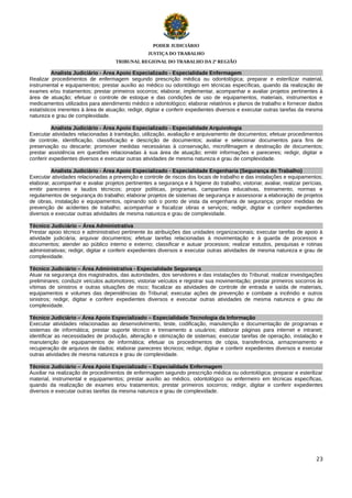PODER JUDICIÁRIO
JUSTIÇA DO TRABALHO
TRIBUNAL REGIONAL DO TRABALHO DA 2ª REGIÃO

Analista Judiciário - Área Apoio Especializado - Especialidade Enfermagem
Realizar procedimentos de enfermagem segundo prescrição médica ou odontológica; preparar e esterilizar material,
instrumental e equipamentos; prestar auxílio ao médico ou odontólogo em técnicas específicas, quando da realização de
exames e/ou tratamentos; prestar primeiros socorros; elaborar, implementar, acompanhar e avaliar projetos pertinentes à
área de atuação; efetuar o controle de estoque e das condições de uso de equipamentos, materiais, instrumentos e
medicamentos utilizados para atendimento médico e odontológico; elaborar relatórios e planos de trabalho e fornecer dados
estatísticos inerentes à área de atuação; redigir, digitar e conferir expedientes diversos e executar outras tarefas da mesma
natureza e grau de complexidade.
Analista Judiciário - Área Apoio Especializado - Especialidade Arquivologia
Executar atividades relacionadas à tramitação, utilização, avaliação e arquivamento de documentos; efetuar procedimentos
de controle, identificação, classificação e descrição de documentos; avaliar e selecionar documentos para fins de
preservação ou descarte; promover medidas necessárias à conservação, microfilmagem e destinação de documentos;
prestar assistência em questões relacionadas à sua área de atuação; emitir informações e pareceres; redigir, digitar e
conferir expedientes diversos e executar outras atividades de mesma natureza e grau de complexidade.
Analista Judiciário - Área Apoio Especializado - Especialidade Engenharia (Segurança do Trabalho)
Executar atividades relacionadas a prevenção e controle de riscos dos locais de trabalho e das instalações e equipamentos;
elaborar, acompanhar e avaliar projetos pertinentes a segurança e à higiene do trabalho; vistoriar, avaliar, realizar perícias,
emitir pareceres e laudos técnicos; propor políticas, programas, campanhas educativas, treinamento, normas e
regulamentos de segurança do trabalho; elaborar projetos de sistemas de segurança e assessorar a elaboração de projetos
de obras, instalação e equipamentos, opinando sob o ponto de vista da engenharia de segurança; propor medidas de
prevenção de acidentes de trabalho; acompanhar e fiscalizar obras e serviços; redigir, digitar e conferir expedientes
diversos e executar outras atividades de mesma natureza e grau de complexidade.
Técnico Judiciário – Área Administrativa
Prestar apoio técnico e administrativo pertinente às atribuições das unidades organizacionais; executar tarefas de apoio à
atividade judiciária; arquivar documentos; efetuar tarefas relacionadas à movimentação e à guarda de processos e
documentos; atender ao público interno e externo; classificar e autuar processos; realizar estudos, pesquisas e rotinas
administrativas; redigir, digitar e conferir expedientes diversos e executar outras atividades de mesma natureza e grau de
complexidade.
Técnico Judiciário – Área Administrativa - Especialidade Segurança
Atuar na segurança dos magistrados, das autoridades, dos servidores e das instalações do Tribunal; realizar investigações
preliminares; conduzir veículos automotores; vistoriar veículos e registrar sua movimentação; prestar primeiros socorros às
vítimas de sinistros e outras situações de risco; fiscalizar as atividades de controle de entrada e saída de materiais,
equipamentos e volumes das dependências do Tribunal; executar ações de prevenção e combate a incêndio e outros
sinistros; redigir, digitar e conferir expedientes diversos e executar outras atividades de mesma natureza e grau de
complexidade.
Técnico Judiciário – Área Apoio Especializado – Especialidade Tecnologia da Informação
Executar atividades relacionadas ao desenvolvimento, teste, codificação, manutenção e documentação de programas e
sistemas de informática; prestar suporte técnico e treinamento a usuários; elaborar páginas para internet e intranet;
identificar as necessidades de produção, alteração e otimização de sistemas; executar tarefas de operação, instalação e
manutenção de equipamentos de informática; efetuar os procedimentos de cópia, transferência, armazenamento e
recuperação de arquivos de dados; elaborar pareceres técnicos; redigir, digitar e conferir expedientes diversos e executar
outras atividades de mesma natureza e grau de complexidade.
Técnico Judiciário – Área Apoio Especializado – Especialidade Enfermagem
Auxiliar na realização de procedimentos de enfermagem segundo prescrição médica ou odontológica; preparar e esterilizar
material, instrumental e equipamentos; prestar auxílio ao médico, odontológico ou enfermeiro em técnicas específicas,
quando da realização de exames e/ou tratamentos; prestar primeiros socorros; redigir, digitar e conferir expedientes
diversos e executar outras tarefas da mesma natureza e grau de complexidade.

23

 