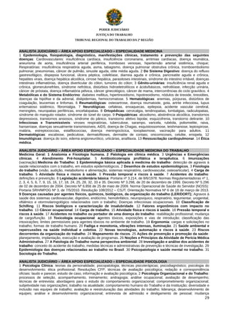 PODER JUDICIÁRIO
JUSTIÇA DO TRABALHO
TRIBUNAL REGIONAL DO TRABALHO DA 2ª REGIÃO

ANALISTA JUDICIÁRIO – ÁREA APOIO ESPECIALIZADO – ESPECIALIDADE MEDICINA
1 Epidemiologia, fisiopatologia, diagnóstico, manifestações clínicas, tratamento e prevenção das seguintes
doenças: Cardiovasculares: insuficiência cardíaca, insuficiência coronariana, arritmias cardíacas, doença reumática,
aneurisma de aorta, insuficiência arterial periférica, tromboses venosas, hipertensão arterial sistêmica, choque;
Respiratórias: insuficiência respiratória aguda, asma, tabagismo, doença pulmonar obstrutiva crônica, tromboembolismo
pulmonar, pneumonias, câncer de pulmão, sinusite aguda, otite média aguda. 2 Do Sistema Digestivo: doença do refluxo
gastresofágico, dispepsia funcional, úlcera péptica, colelitíase, diarreia aguda e crônica, pancreatite aguda e crônica,
hepatites virais, doença hepática alcoólica, cirrose hepática, parasitoses intestinais, síndrome do intestino irritável, doenças
intestinais inflamatórias, doença diverticular do cólon, tumores do cólon; 3 Gênito-urinárias: insuficiência renal aguda e
crônica, glomerulonefrites, síndrome nefrótica, distúrbios hidroeletrolíticos e ácido/básicos, nefrolitíase, infecção urinária,
câncer de próstata, doença inflamatória pélvica, câncer ginecológico, câncer de mama, intercorrências do ciclo gravídico. 4
Metabólicas e do Sistema Endócrino: diabetes mellitus, hipertireoidismo, hipotireoidismo, nódulos de tireoide, tireoidites,
doenças da hipófise e da adrenal, dislipidemias, hemocromatose. 5 Hematológicas: anemias, púrpuras, distúrbios de
coagulação, leucemias e linfomas. 6 Reumatológicas: osteoartrose, doença reumatoide, gota, artrite infecciosa, lupus
eritematoso sistêmico, fibromialgia. 7 Neurológicas: cefaleias, enxaquecas, epilepsia, acidente vascular cerebral,
meningites, neuropatias periféricas, encefalopatias. 8 Ortopédicas: cervicalgia, tendinopatias, lombalgias, radiculopatias,
síndrome do manguito rotador, síndrome do túnel do carpo. 9 Psiquiátricas: alcoolismo, abstinência alcoólica, transtornos
depressivos, transtornos ansiosos, síndrome do pânico, transtorno afetivo bipolar, esquizofrenia, transtorno delirante. 10
Infecciosas e Transmissíveis: viroses respiratórias, tuberculose, sarampo, varicela, rubéola, poliomielite, raiva,
hanseníase, doenças sexualmente transmissíveis, AIDS, doença de Chagas, esquistossomose, leishmaniose, leptospirose,
malária, estreptococcias, estafilococcias, doença meningocócica, toxoplasmose, vacinação para adultos. 11
Dermatológicas: escabiose, pediculose, dermatofitoses, dermatite de contato, onicomicoses, celulite, erisipela. 12
Imunológicas: doença do soro, edema angioneurótico, urticárias, anafilaxia. 13 Ressuscitação cardiopulmonar. 14 Ética
médica.
ANALISTA JUDICIÁRIO – ÁREA APOIO ESPECIALIZADO – ESPECIALIDADE MEDICINA DO TRABALHO
Medicina Geral: 1 Anatomia e Fisiologia humana. 2 Patologia em clínica médica. 3 Urgências e Emergências
clínicas. 4 Atendimento Pré-hospitalar. 5 Antibioticoterapia profilática e terapêutica. 6 Imunizações
(vacinação).Medicina do Trabalho: 1 Epidemiologia básica aplicada à medicina do trabalho: detecção de agravos à
saúde relacionados com o trabalho, em estudos epidemiológicos. 2 Desenhos de estudos epidemiológicos. 3 Fisiologia
do trabalho (visão, audição, metabolismo e alimentação, sistemas respiratório, cardiovascular, osteoarticular). 4 Carga de
trabalho. 5 Atividade física e riscos à saúde. 6 Pressão temporal e riscos à saúde. 7 Acidentes do trabalho:
definições e prevenção. 8 Legislação acidentária básica: Portaria nº 3.214, de 8/6/1978: Normas Regulamentadoras nº 1,
2, 3, 4, 5, 6, 7, 9, 15, 16, 17, 18, 24, 25, 28, 32, 33 e 35. Decreto Nº 3.298, de 20 de dezembro de 1999. Decreto Nº 5.296
de 02 de dezembro de 2004. Decreto Nº 6.856 de 25 de maio de 2009. Norma Operacional de Saúde do Servidor (NOSS):
Portaria SRH/MPOG Nº 3, de 7/5/2010. Resolução 108/2012 – CSJT. Orientação Normativa Nº 6 de 18 de março de 2013.
9 Doenças causadas por agentes físicos, químicos, biológicos, da organização do trabalho (LER/DORT); Agravos à
saúde dos sistemas cardiovascular, digestivo, endócrino, hemolinfático, neuropsíquico, respiratório, tegumentar, urogenital,
oftálmico e otorrinolaringológico relacionados com o trabalho; Doenças infecciosas ocupacionais. 10 Classificação de
Schilling. 11 Riscos biológicos e caracterização de insalubridade. 12 Fatores ergonômicos com impacto no
trabalho. 13 Câncer ocupacional. 14 Carga de trabalho. 15 Atividade física e riscos à saúde. 16 Pressão temporal e
riscos à saúde. 17 Acidentes no trabalho ou portador de uma doença do trabalho: reabilitação profissional; mudança
de cargo/função. 18 Toxicologia ocupacional: agentes tóxicos, exposições e vias de introdução; classificação das
intoxicações; limites permissíveis para agentes tóxicos no ambiente de trabalho. 19 Ergonomia: cargas e solicitações no
trabalho; formas de trabalho humano. 20 Fadiga e monotonia, vibrações intensas, iluminação. 21 Saúde ambiental e
repercussões na saúde individual e coletiva. 22 Novas tecnologias, automação e riscos à saúde. 23 Riscos
decorrentes da organização do trabalho. 24 Mapeamento de riscos. 25 Ações de prevenção e promoção da saúde:
planejamento, implantação, execução e avaliação de programas. 26 Noções e Princípios da Atividade de Perícia Médica
Administrativa. 27 A Patologia do Trabalho numa perspectiva ambiental. 28 Investigação e análise dos acidentes de
trabalho: conceito do acidente do trabalho, medidas técnicas e administrativas de prevenção e técnicas de investigação. 29
Epidemiologia das doenças relacionadas ao trabalho no Brasil. 30 Psicopatologia e saúde mental no trabalho. 31
Sociologia do Trabalho.
ANALISTA JUDICIÁRIO – ÁREA APOIO ESPECIALIZADO – ESPECIALIDADE PSICOLOGIA
1 Psicologia Clínica: teorias da personalidade; psicopatologia; técnicas psicoterápicas; psicodiagnóstico; psicologia do
desenvolvimento; ética profissional; Resoluções CFP; técnicas de avaliação psicológica; redação e correspondência
oficiais: laudo e parecer, estudo de caso, informação e avaliação psicológica. 2 Psicologia Organizacional e do Trabalho:
processos de seleção, acompanhamento, treinamento; andragogia; análise ocupacional; avaliação de desempenho;
técnicas de entrevista; abordagens para o estudo do comportamento organizacional; comprometimento organizacional;
subjetividade nas organizações; trabalho na atualidade; comportamento humano do Trabalho e da Instituição; diversidade e
inclusão nas equipes de trabalho; avaliação e reestruturação das atividades do trabalho; liderança; desenvolvimento de
equipes; análise e desenvolvimento organizacional; entrevista de admissão e desligamento de pessoal; mudança
29

 