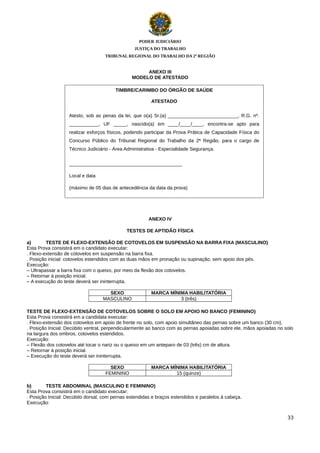 PODER JUDICIÁRIO
JUSTIÇA DO TRABALHO
TRIBUNAL REGIONAL DO TRABALHO DA 2ª REGIÃO

ANEXO III
MODELO DE ATESTADO
TIMBRE/CARIMBO DO ÓRGÃO DE SAÚDE
ATESTADO
Atesto, sob as penas da lei, que o(a) Sr.(a) __________________________, R.G. nº.
___________, UF _____, nascido(a) em ____/____/____, encontra-se apto para
..
realizar esforços físicos, podendo participar da Prova Prática de Capacidade Física do
Concurso Público do Tribunal Regional do Trabalho da 2ª Região, para o cargo de
Técnico Judiciário - Área Administrativa - Especialidade Segurança.
__________________________________________
Local e data
(máximo de 05 dias de antecedência da data da prova)

ANEXO IV
TESTES DE APTIDÃO FÍSICA
a)
TESTE DE FLEXO-EXTENSÃO DE COTOVELOS EM SUSPENSÃO NA BARRA FIXA (MASCULINO)
Esta Prova consistirá em o candidato executar:
. Flexo-extensão de cotovelos em suspensão na barra fixa.
. Posição inicial: cotovelos estendidos com as duas mãos em pronação ou supinação, sem apoio dos pés.
Execução:
– Ultrapassar a barra fixa com o queixo, por meio da flexão dos cotovelos.
– Retornar à posição inicial.
– A execução do teste deverá ser ininterrupta.
SEXO
MASCULINO

MARCA MÍNIMA HABILITATÓRIA
3 (três)

TESTE DE FLEXO-EXTENSÃO DE COTOVELOS SOBRE O SOLO EM APOIO NO BANCO (FEMININO)
Esta Prova consistirá em a candidata executar:
. Flexo-extensão dos cotovelos em apoio de frente no solo, com apoio simultâneo das pernas sobre um banco (30 cm).
. Posição Inicial: Decúbito ventral, perpendicularmente ao banco com as pernas apoiadas sobre ele, mãos apoiadas no solo
na largura dos ombros, cotovelos estendidos.
Execução:
– Flexão dos cotovelos até tocar o nariz ou o queixo em um anteparo de 03 (três) cm de altura.
– Retornar à posição inicial.
– Execução do teste deverá ser ininterrupta.
SEXO
FEMININO

MARCA MÍNIMA HABILITATÓRIA
15 (quinze)

b)
TESTE ABDOMINAL (MASCULINO E FEMININO)
Esta Prova consistirá em o candidato executar:
. Posição Inicial: Decúbito dorsal, com pernas estendidas e braços estendidos e paralelos à cabeça.
Execução:
33

 