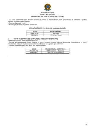 PODER JUDICIÁRIO
JUSTIÇA DO TRABALHO
TRIBUNAL REGIONAL DO TRABALHO DA 2ª REGIÃO

– Ao sinal, o candidato deve flexionar o tronco e pernas ao mesmo tempo, com aproximação de cotovelos e joelhos,
batendo as mãos ao lado dos pés.
– Retornar à posição inicial.
– A execução do teste deverá ser ininterrupta.
Mínimo habilitatório (em 1 minuto) para esta atividade:
SEXO
MASCULINO
FEMININO

MARCA MÍNIMA
30 (trinta)
25 (vinte e cinco)

c)
TESTE DE CORRIDA DE 12 MINUTOS (MASCULINO E FEMININO)
Esta Prova consistirá em o candidato executar:
. Corrida, sem aquecimento prévio, durante 12 (doze) minutos, em pista plana e demarcada. Decorridos os 12 (doze)
minutos será dado um sinal e os candidatos deverão parar no lugar em que estiverem.
O mínimo habilitatório para esta prova está definido abaixo:
SEXO
MASCULINO
FEMININO

MARCA MÍNIMA EM METROS
2.200 (dois mil e duzentos)
1.800 (um mil e oitocentos)

..

34

 