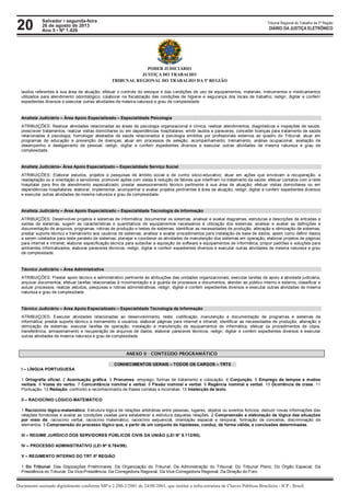 20 Tribunal Regional do Trabalho da 5ª Região
Documento assinado digitalmente conforme MP n 2.200-2/2001 de 24/08/2001, que institui a infra-estrutura de Chaves Públicas Brasileira - ICP - Brasil.
DIÁRIO DA JUSTIÇA ELETRÔNICO
Salvador • segunda-feira
26 de agosto de 2013
Ano 5 • Nº 1.426
PODER JUDICIÁRIO
JUSTIÇA DO TRABALHO
TRIBUNAL REGIONAL DO TRABALHO DA 5ª REGIÃO
laudos referentes à sua área de atuação; efetuar o controle do estoque e das condições de uso de equipamentos, materiais, instrumentos e medicamentos
utilizados para atendimento odontológico; colaborar na fiscalização das condições de higiene e segurança dos locais de trabalho; redigir, digitar e conferir
expedientes diversos e executar outras atividades de mesma natureza e grau de complexidade.
Analista Judiciário – Área Apoio Especializado – Especialidade Psicologia
ATRIBUIÇÕES: Realizar atividades relacionadas às áreas de psicologia organizacional e clínica; realizar atendimentos, diagnósticos e inspeções de saúde;
prescrever tratamentos; realizar visitas domiciliares ou em dependências hospitalares; emitir laudos e pareceres; conceder licenças para tratamento de saúde
relacionadas à psicologia; homologar atestados de saúde relacionados à psicologia emitidos por profissionais externos ao quadro do Tribunal; atuar em
programas de educação e prevenção de doenças; atuar em processos de seleção, acompanhamento, treinamento, análise ocupacional, avaliação de
desempenho e desligamento de pessoal; redigir, digitar e conferir expedientes diversos e executar outras atividades de mesma natureza e grau de
complexidade.
Analista Judiciário– Área Apoio Especializado – Especialidade Serviço Social
ATRIBUIÇÕES: Elaborar estudos, projetos e pesquisas de âmbito social e de cunho sócio-educativo; atuar em ações que envolvam a recuperação, a
readaptação ou a orientação a servidores; promover ações com vistas à redução de fatores que interfiram no tratamento da saúde; efetuar contatos com a rede
hospitalar para fins de atendimento especializado; prestar assessoramento técnico pertinente à sua área de atuação; efetuar visitas domiciliares ou em
dependências hospitalares; elaborar, implementar, acompanhar e avaliar projetos pertinentes à área de atuação; redigir, digitar e conferir expedientes diversos
e executar outras atividades de mesma natureza e grau de complexidade.
Analista Judiciário – Área Apoio Especializado – Especialidade Tecnologia da Informação
ATRIBUIÇÕES: Desenvolver projetos e sistemas de informática; documentar os sistemas; analisar e avaliar diagramas, estruturas e descrições de entradas e
saídas de sistemas; sugerir as características e quantitativos de equipamentos necessários à utilização dos sistemas; analisar e avaliar as definições e
documentação de arquivos, programas, rotinas de produção e testes de sistemas; identificar as necessidades de produção, alteração e otimização de sistemas;
prestar suporte técnico e treinamento aos usuários de sistemas; analisar e avaliar procedimentos para instalação de base de dados, assim como definir dados
a serem coletados para teste paralelo de sistemas; planejar e coordenar as atividades de manutenção dos sistemas em operação; elaborar projetos de páginas
para internet e intranet; elaborar especificação técnica para subsidiar a aquisição de software e equipamentos de informática; propor padrões e soluções para
ambientes informatizados; elaborar pareceres técnicos; redigir, digitar e conferir expedientes diversos e executar outras atividades de mesma natureza e grau
de complexidade.
Técnico Judiciário – Área Administrativa
ATRIBUIÇÕES: Prestar apoio técnico e administrativo pertinente às atribuições das unidades organizacionais; executar tarefas de apoio à atividade judiciária;
arquivar documentos; efetuar tarefas relacionadas à movimentação e à guarda de processos e documentos; atender ao público interno e externo; classificar e
autuar processos; realizar estudos, pesquisas e rotinas administrativas; redigir, digitar e conferir expedientes diversos e executar outras atividades de mesma
natureza e grau de complexidade.
Técnico Judiciário – Área Apoio Especializado – Especialidade Tecnologia da Informação
ATRIBUIÇOES: Executar atividades relacionadas ao desenvolvimento, teste, codificação, manutenção e documentação de programas e sistemas de
informática; prestar suporte técnico e treinamento a usuários; elaborar páginas para internet e intranet; identificar as necessidades de produção, alteração e
otimização de sistemas; executar tarefas de operação, instalação e manutenção de equipamentos de informática; efetuar os procedimentos de cópia,
transferência, armazenamento e recuperação de arquivos de dados; elaborar pareceres técnicos; redigir, digitar e conferir expedientes diversos e executar
outras atividades de mesma natureza e grau de complexidade.
ANEXO II - CONTEÚDO PROGRAMÁTICO
CONHECIMENTOS GERAIS – TODOS OS CARGOS – TRT5
I – LÍNGUA PORTUGUESA
1 Ortografia oficial. 2 Acentuação gráfica. 3 Pronomes: emprego, formas de tratamento e colocação. 4 Conjunção. 5 Emprego de tempos e modos
verbais. 6 Vozes do verbo. 7 Concordância nominal e verbal. 8 Flexão nominal e verbal. 9 Regência nominal e verbal. 10 Ocorrência de crase. 11
Pontuação. 12 Redação: confronto e reconhecimento de frases corretas e incorretas. 13 Intelecção de texto.
II – RACIOCÍNIO LÓGICO-MATEMÁTICO
1 Raciocínio lógico-matemático: Estrutura lógica de relações arbitrárias entre pessoas, lugares, objetos ou eventos fictícios; deduzir novas informações das
relações fornecidas e avaliar as condições usadas para estabelecer a estrutura daquelas relações. 2 Compreensão e elaboração da lógica das situações
por meio de: raciocínio verbal, raciocínio matemático, raciocínio sequencial, orientação espacial e temporal, formação de conceitos, discriminação de
elementos. 3 Compreensão do processo lógico que, a partir de um conjunto de hipóteses, conduz, de forma válida, a conclusões determinadas.
III – REGIME JURÍDICO DOS SERVIDORES PÚBLICOS CIVIS DA UNIÃO (LEI N° 8.112/90).
IV – PROCESSO ADMINISTRATIVO (LEI Nº 9.784/99).
V – REGIMENTO INTERNO DO TRT 5ª REGIÃO
1 Do Tribunal: Das Disposições Preliminares; Da Organização do Tribunal; Da Administração do Tribunal; Do Tribunal Pleno; Do Órgão Especial; Da
Presidência do Tribunal; Da Vice-Presidência; Da Corregedoria Regional; Da Vice-Corregedoria Regional; Da Direção do Foro.
 