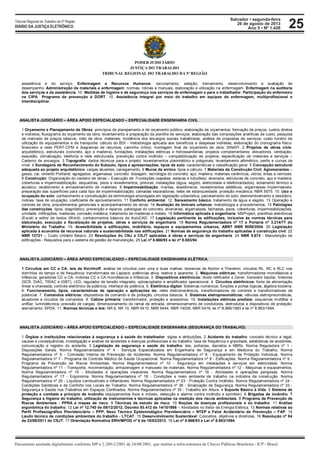 Salvador • segunda-feira
26 de agosto de 2013
Ano 5 • Nº 1.426
Documento assinado digitalmente conforme MP n 2.200-2/2001 de 24/08/2001, que institui a infra-estrutura de Chaves Públicas Brasileira - ICP - Brasil.
Tribunal Regional do Trabalho da 5ª Região
DIÁRIO DA JUSTIÇA ELETRÔNICO 25
PODER JUDICIÁRIO
JUSTIÇA DO TRABALHO
TRIBUNAL REGIONAL DO TRABALHO DA 5ª REGIÃO
assistência e do serviço. Enfermagem e Recursos Humanos: recrutamento, seleção, treinamento, desenvolvimento e avaliação de
desempenho. Administração de materiais e enfermagem: normas, rotinas e manuais, elaboração e utilização na enfermagem. Enfermagem na auditoria
dos serviços e da assistência. 10. Medidas de higiene e de segurança nos serviços de enfermagem e para o trabalhador. Participação do enfermeiro
na CIPA. Programa de prevenção à DORT. 10. Assistência integral por meio do trabalho em equipes de enfermagem, multiprofissional e
interdisciplinar.
ANALISTA JUDICIÁRIO – ÁREA APOIO ESPECIALIZADO – ESPECIALIDADE ENGENHARIA CIVIL
1 Orçamento e Planejamento de Obras: princípios de planejamento e de orçamento público; elaboração de orçamentos; formação de preços; custos diretos
e indiretos; fluxograma do orçamento da obra; levantamento e preparação da planilha de serviços; elaboração das composições analíticas de custo; pesquisa
de mercado de preços básicos, mão de obra, materiais; incidência dos encargos sociais trabalhistas; análise de propostas de serviços; custo horário de
utilização de equipamentos e de transporte; cálculo do BDI - metodologia aplicada aos benefícios e despesas indiretas; elaboração do cronograma físico-
financeiro e rede PERT-CPM e diagramas de recursos, caminho crítico; montagem final de orçamento de obra; SINAPI. 2 Projetos de obras civis:
arquitetônico, estruturais (concreto, aço e madeira), fundações, instalações elétricas e hidrossanitárias; projetos complementares: elevadores, ventilação-
exaustão, climatização, telefonia e rede estruturada, prevenção contra incêndio – compatibilização de projetos; especificação de materiais e serviços –
Caderno de encargos. 3 Topografia: dados técnicos para o projeto: levantamentos planimétrico e poligonais; levantamento altimétrico, perfis e curvas de
nível. 4 Sondagens de Reconhecimento do Subsolo, tipos e apresentações; tipos de solo: características e classificação geral. 5 Concepção estrutural
adequada ao projeto arquitetônico: cargas atuantes; carregamento. 6 Muros de arrimo: tipos e cálculo. 7 Materiais da Construção Civil. Aglomerantes –
gesso, cal, cimento Portland; agregados; argamassa; concreto: dosagem, tecnologia do concreto; aço; madeira; materiais cerâmicos; vidros; tintas e vernizes.
8 Construção: Organização do canteiro de obras – Execução de: Fundações (sapatas, estacas e tubulões); alvenaria, estruturas de concreto, aço e madeira,
coberturas e impermeabilização, esquadrias, pisos e revestimentos, pinturas, instalações (água, esgoto, eletricidade e telefonia/dados), isolamento térmico e
acústico; recebimento e armazenamento de materiais. 9 Impermeabilização: mantas, elastômeros, revestimentos asfálticos, argamassas impermeáveis;
preparação das superfícies para cada tipo de impermeabilização; camadas separadoras; teste de estanqueidade; proteção mecânica; NBR 9575. 10. Uso e
ocupação do solo: conhecimento e conceituação da terminologia empregada em legislação urbanística; parcelamento do solo; desmembramento e desdobro;
índices: taxa de ocupação, coeficiente de aproveitamento. 11 Conforto ambiental. 12. Saneamento básico; tratamento de água e esgoto. 13 Operação e
controle de obra, procedimentos gerenciais e acompanhamento de obras. 14 Avaliação de Imóveis urbanos: metodologia e procedimentos. 15 Patologias
das construções: tipos, diagnóstico, prevenção e reparos; patologias do concreto, alvenarias, argamassas, fachadas, pisos, coberturas, impermeabilizações;
umidade: infiltrações; madeiras; corrosão metálica; tratamento de madeiras e metais. 16 Informática aplicada à engenharia: MSProject, planilhas eletrônicas
(Excel) e editor de textos (Word), conhecimentos básicos de AutoCAD. 17 Legislação pertinente às edificações, inclusive às normas técnicas para
elaboração, execução e fiscalização de projetos, obras e serviços de engenharia. 18 Norma Regulamentadora nº 17 e Portaria nº 3.214/77 do
Ministério do Trabalho. 19. Acessibilidade a edificações, mobiliário, espaços e equipamentos urbanos, ABNT NBR 9050/2004. 20 Legislação
aplicada à economia de recursos naturais e sustentabilidade nas edificações. 21 Normas de segurança do trabalho aplicadas à construção civil. 22
NBR 12721 – Custo Unitário Básico. 23 Resoluções do CNJ e CSJT aplicadas à obras e serviços de engenharia. 24 NBR 5.674 - Manutenção de
edificações - Requisitos para o sistema de gestão de manutenção. 25 Lei nº 8.666/93 e lei nº 8.883/94.
ANALISTA JUDICIÁRIO – ÁREA APOIO ESPECIALIZADO – ESPECIALIDADE ENGENHARIA ELÉTRICA
1 Circuitos em CC e CA: leis de Kirchhoff; análise de circuitos com uma e duas malhas; teoremas de Norton e Thevénin; circuitos RL, RC e RLC nos
domínios do tempo e de frequência; transformada de Laplace; potências ativa, reativa e aparente. 2. Máquinas elétricas: transformadores monofásicos e
trifásicos; geradores CC e CA; motores CC e CA monofásicos e trifásicos. 3. Dispositivos eletrônicos: diodo retificador e Zener, transistor bipolar, tiristores
(SCR, DIAC, TRIAC e IGBT), LED, regulador de tensão integrado, optoacoplador e amplificador operacional. 4. Circuitos eletrônicos: fonte de alimentação
linear e chaveada; controle eletrônico de potência, interface de potência. 5. Eletrônica digital: Sistemas numéricos; funções e portas lógicas; álgebra boolena.
6. Funcionamento, tipos, características de operação e aplicações de: relés eletromecânicos, transformadores de corrente e transformadores de
potencial. 7. Comandos elétricos: dispositivos de comando e de proteção; circuitos básicos. 8. Sistemas eletropneumáticos: válvulas eletropneumáticas;
atuadores e circuitos de comandos. 9. Cabine primária: transformador, proteção e acessórios. 10. Instalações elétricas prediais: esquemas multifilar e
unifilar; luminotécnica; previsão de cargas; dimensionamento do ramal de entrada; dimensionamento de condutores, eletrodutos e dispositivos de proteção;
aterramento; SPDA. 11. Normas técnicas e leis: NR 6, NR 10, NBR 5410, NBR 5444, NBR 14039, NBR 5419; lei nº 8.666/1993 e lei nº 8.883/1994.
ANALISTA JUDICIÁRIO – ÁREA APOIO ESPECIALIZADO – ESPECIALIDADE ENGENHARIA (SEGURANÇA DO TRABALHO)
1 Órgãos e instituições relacionadas à segurança e à saúde do trabalhador: siglas e atribuições. 2 Acidente do trabalho: conceito técnico e legal;
causas e consequências, investigação e análise de acidentes e doenças profissionais e do trabalho; taxa de frequência e gravidade, estatísticas de acidentes,
comunicação e registro do acidente. 3 Legislação de segurança e saúde do trabalho: leis, portarias, decretos e NBRs. Norma Reguladora nº 1 -
Disposições Gerais. Norma Regulamentadora nº 4 - Serviços Especializados em Engenharia de Segurança e em Medicina do Trabalho. Norma
Regulamentadora nº 5 - Comissão Interna de Prevenção de Acidentes. Norma Regulamentadora nº 6 - Equipamento de Proteção Individual. Norma
Regulamentadora nº 7 - Programa de Controle Médico de Saúde Ocupacional. Norma Regulamentadora nº 8 - Edificações. Norma Regulamentadora nº 9 -
Programa de Prevenção de Riscos Ambientais. Norma Regulamentadora nº 10 - Segurança em instalações e serviços em eletricidade. Norma
Regulamentadora nº 11 - Transporte, movimentação, armazenagem e manuseio de materiais. Norma Regulamentadora nº 12 - Máquinas e equipamentos.
Norma Regulamentadora nº 15 - Atividades e operações insalubres. Norma Regulamentadora nº 16 - Atividades e operações perigosas. Norma
Regulamentadora nº 17 - Ergonomia. Norma Regulamentadora nº 18 - Condições e meio ambiente de trabalho na indústria da construção. Norma
Regulamentadora nº 20 - Líquidos combustíveis e inflamáveis. Norma Regulamentadora nº 23 - Proteção Contra Incêndio. Norma Regulamentadora nº 24 -
Condições Sanitárias e de Conforto nos Locais de Trabalho. Norma Regulamentadora nº 26 - Sinalização de Segurança. Norma Regulamentadora nº 33 -
Segurança e Saúde nos Trabalhos em Espaços Confinados. Norma Regulamentadora nº 35 - Trabalho em Altura. 4 Suporte Básico à Vida. 5 Sistema de
proteção e combate a princípio de incêndio (equipamentos fixos e móveis, detecção e alarme contra incêndio e sprinkler). 6 Brigadas de incêndio. 7
Segurança e higiene do trabalho, utilização de instrumentos e técnicas aplicadas na medição dos riscos ambientais. 8 Programa de Prevenção de
Riscos Ambientais - PPRA e mapas de risco. 9 Técnicas de estudo de risco. 10 Noções de doenças profissionais e do trabalho. 11 Análise
ergonômica do trabalho. 12 Lei nº 12.740 de 08/12/2012; Decreto 93.412 de 14/101986 – Atividades no Setor de Energia Elétrica. 13 Normas relativas ao
Perfil Profissiográfico Previdenciário – PPP, Nexo Técnico Epidemiológico Previdenciário – NTEP e Fator Acidentário de Prevenção – FAP. 14
Laudo técnico de condições ambientais do trabalho - LTCAT. 15 Desenvolvimento Sustentável: Conceitos, objetivos e diretrizes. 16 Resolução nº 84
de 23/08/2011 do CSJT; 17 Orientação Normativa SRH/MPOG nº 6 de 18/03/2013. 18 Lei nº 8.666/93 e Lei nº 8.883/1994.
 