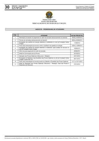 30 Tribunal Regional do Trabalho da 5ª Região
Documento assinado digitalmente conforme MP n 2.200-2/2001 de 24/08/2001, que institui a infra-estrutura de Chaves Públicas Brasileira - ICP - Brasil.
DIÁRIO DA JUSTIÇA ELETRÔNICO
Salvador • segunda-feira
26 de agosto de 2013
Ano 5 • Nº 1.426
PODER JUDICIÁRIO
JUSTIÇA DO TRABALHO
TRIBUNAL REGIONAL DO TRABALHO DA 5ª REGIÃO
ANEXO III – CRONOGRAMA DE ATIVIDADES
ITEM ATIVIDADE DATAS PREVISTAS
1 Solicitação de Isenção do pagamento do valor de inscrição (exclusivamente via Internet) 02/09 a 04/09/2013
2 Período de inscrições (exclusivamente via Internet) 05/09 a 25/09/2013
3
Divulgação dos pedidos de isenção deferidos e indeferidos no site da Fundação Carlos
Chagas
11/09/2013
4 Prazo para interposição de recursos contra o resultado dos pedidos de isenção 12/09 a 13/09/2013
5
Divulgação dos pedidos de isenção deferidos e indeferidos, após análise de recursos no
site da Fundação Carlos Chagas
19/09/2013
6 Último dia para pagamento do valor da inscrição 25/09/2013
7 Edital de Convocação para as Provas 24/10/2013
8 Aplicação das Provas Objetivas e Discursiva – Redação 03/11/2013
9
Divulgação do Gabarito e das Questões das Provas Objetivas no site da Fundação Carlos
Chagas, a partir das 17h.
08/11/2013
10 Prazo para interposição de recursos quanto ao Gabarito e Questões das Provas Objetivas 11/11 a 12/11/2013
11
Edital de Resultado das Provas Objetivas, Discursiva – Redação, Vista das Provas e
Respostas dos Recursos
07/01/2014
 