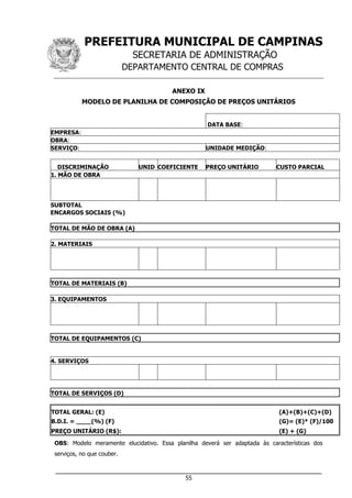 PREFEITURA MUNICIPAL DE CAMPINAS
SECRETARIA DE ADMINISTRAÇÃO
DEPARTAMENTO CENTRAL DE COMPRAS
___________________________________________________________________
55
ANEXO IX
MODELO DE PLANILHA DE COMPOSIÇÃO DE PREÇOS UNITÁRIOS
DATA BASE:
EMPRESA:
OBRA:
SERVIÇO: UNIDADE MEDIÇÃO:
DISCRIMINAÇÃO UNID COEFICIENTE PREÇO UNITÁRIO CUSTO PARCIAL
1. MÃO DE OBRA
SUBTOTAL
ENCARGOS SOCIAIS (%)
TOTAL DE MÃO DE OBRA (A)
2. MATERIAIS
TOTAL DE MATERIAIS (B)
3. EQUIPAMENTOS
TOTAL DE EQUIPAMENTOS (C)
4. SERVIÇOS
TOTAL DE SERVIÇOS (D)
TOTAL GERAL: (E) (A)+(B)+(C)+(D)
B.D.I. = ____(%) (F) (G)= (E)* (F)/100
PREÇO UNITÁRIO (R$): (E) + (G)
OBS: Modelo meramente elucidativo. Essa planilha deverá ser adaptada às características dos
serviços, no que couber.
 