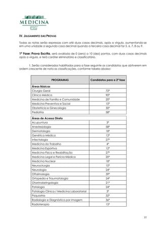 37
IV. JULGAMENTO DAS PROVAS
Todas as notas serão expressas com até duas casas decimais, após a vírgula, aumentando-se
em uma unidade a segunda casa decimal quando a terceira casa decimal for 5, 6, 7, 8 ou 9.
1ª Fase: Prova Escrita, será avaliada de 0 (zero) a 10 (dez) pontos, com duas casas decimais
após a vírgula, e terá caráter eliminatório e classificatório.
1. Serão considerados habilitados para a fase seguinte os candidatos que obtiverem em
ordem crescente de nota as classificações, conforme tabela abaixo:
PROGRAMAS Candidatos para a 2ª fase
Áreas Básicas
Cirurgia Geral 72ª
Clínica Médica 90ª
Medicina de Família e Comunidade 20ª
Medicina Preventiva e Social 10ª
Obstetrícia e Ginecologia 30ª
Pediatria 58ª
Áreas de Acesso Direto
Acupuntura 3ª
Anestesiologia 58ª
Dermatologia 18ª
Genética Médica 12ª
Infectologia 27ª
Medicina do Trabalho 4ª
Medicina Esportiva 12ª
Medicina Física e Reabilitação 27ª
Medicina Legal e Perícia Médica 20ª
Medicina Nuclear 18ª
Neurocirurgia 10ª
Neurologia 24º
Oftalmologia 39ª
Ortopedia e Traumatologia 24ª
Otorrinolaringologia 21ª
Patologia 24ª
Patologia Clínica / Medicina Laboratorial 3ª
Psiquiatria 32ª
Radiologia e Diagnóstico por Imagem 36ª
Radioterapia 15ª
 