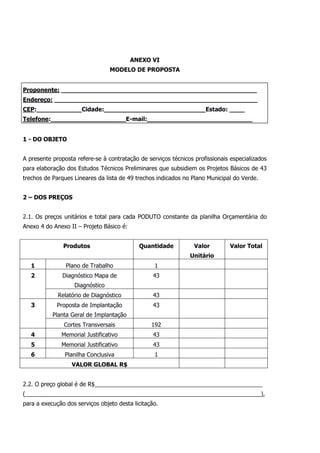 ANEXO VI
MODELO DE PROPOSTA
Proponente: ____________________________________________________
Endereço: ______________________________________________________
CEP:____________Cidade:___________________________Estado: ____
Telefone:____________________E-mail:____________________________
1 - DO OBJETO
A presente proposta refere-se à contratação de serviços técnicos profissionais especializados
para elaboração dos Estudos Técnicos Preliminares que subsidiem os Projetos Básicos de 43
trechos de Parques Lineares da lista de 49 trechos indicados no Plano Municipal do Verde.
2 – DOS PREÇOS
2.1. Os preços unitários e total para cada PODUTO constante da planilha Orçamentária do
Anexo 4 do Anexo II – Projeto Básico é:
Produtos Quantidade Valor
Unitário
Valor Total
1 Plano de Trabalho 1
2 Diagnóstico Mapa de
Diagnóstico
43
Relatório de Diagnóstico 43
3 Proposta de Implantação
Planta Geral de Implantação
43
Cortes Transversais 192
4 Memorial Justificativo 43
5 Memorial Justificativo 43
6 Planilha Conclusiva 1
VALOR GLOBAL R$
2.2. O preço global é de R$____________________________________________________
(_________________________________________________________________________),
para a execução dos serviços objeto desta licitação.
 