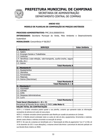 PREFEITURA MUNICIPAL DE CAMPINAS
SECRETARIA DE ADMINISTRAÇÃO
DEPARTAMENTO CENTRAL DE COMPRAS
53
ANEXO VIII
MODELO DE PLANILHA DE COMPOSIÇÃO DE PREÇOS UNITÁRIOS
PROCESSO ADMINISTRATIVO: PMC.2016.00006939-81
INTERESSADO: Secretaria Municipal do Verde, Meio Ambiente e Desenvolvimento
Sustentável
MODALIDADE: Concorrência nº 06/2017
SERVIÇO Valor Unitário
1. Montante A
1.1. Salário
1.2. Encargos Sociais e Trabalhistas
1.3. Uniforme
1.4. Benefícios (vale-refeição, vale-transporte, auxílio-creche, seguro
de vida, etc.)
1.5. Outros
Total Montante A
2. . Montante B
2.1. Equipamentos
2.2. Utensílios
2.2. Ferramentas
2.3. Materiais
2.4. Outros (Discriminar)
Total Montante B
Total Montante A + B
3. . Montante C
3.1. PIS/PASEP
3.2. COFINS
3.3. ICMS
3.4. Despesas Administrativas
3.5. Lucro
Total Montante C
Total Geral (Montante A + B + C)
Percentual da Receita Bruta relativa ai INSS (vide Nota 4)
VALOR TOTAL DA CONTRATAÇÃO
NOTA 1: A licitante vencedora poderá ajustar a sua planilha, contanto que apresente todas as informações
necessárias da estrutura de custos de seus preços.
NOTA 2: A licitante vencedora deverá apresentar esta Planilha por ocasião da assinatura do Contrato.
NOTA 3: A Planilha deverá contemplar todos os custos de mão de obra, equipamentos, ferramentas e materiais,
demais custos diretos e indiretos envolvidos na execução do serviço.
NOTA 4: No caso de a empresa ser beneficiada com a “desoneração da folha de pagamentos” (Lei nº 12.546, de
14 de dezembro de 2011 e suas alterações), a empresa deverá discriminar o percentual de desconto aplicado em
sua Receita Bruta (relativo ao INSS).
 