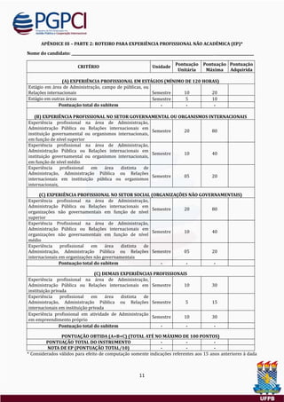 11
APÊNDICE III – PARTE 2: ROTEIRO PARA EXPERIÊNCIA PROFISSIONAL NÃO ACADÊMICA (EP)*
Nome do candidato: _______________________________________________________________________________________________________
CRITÉRIO Unidade
Pontuação
Unitária
Pontuação
Máxima
Pontuação
Adquirida
(A) EXPERIÊNCIA PROFISSIONAL EM ESTÁGIOS (MÍNIMO DE 120 HORAS)
Estagio em area de Administraçao, campo de publicas, ou
Relaçoes internacionais Semestre 10 20
Estagio em outras areas Semestre 5 10
Pontuação total do subitem - - -
(B) EXPERIÊNCIA PROFISSIONAL NO SETOR GOVERNAMENTAL OU ORGANISMOS INTERNACIONAIS
Experiencia profissional na area de Administraçao,
Administraçao Publica ou Relaçoes internacionais em
instituiçao governamental ou organismos internacionais,
em funçao de nível superior
Semestre 20 80
Experiencia profissional na area de Administraçao,
Administraçao Publica ou Relaçoes internacionais em
instituiçao governamental ou organismos internacionais,
em funçao de nível medio
Semestre 10 40
Experiencia profissional em area distinta de
Administraçao, Administraçao Publica ou Relaçoes
internacionais em instituiçao publica ou organismos
internacionais,
Semestre 05 20
(C) EXPERIÊNCIA PROFISSIONAL NO SETOR SOCIAL (ORGANIZAÇÕES NÃO GOVERNAMENTAIS)
Experiencia profissional na area de Administraçao,
Administraçao Publica ou Relaçoes internacionais em
organizaçoes nao governamentais em funçao de nível
superior
Semestre 20 80
Experiencia Profissional na area de Administraçao,
Administraçao Publica ou Relaçoes internacionais em
organizaçoes nao governamentais em funçao de nível
medio
Semestre 10 40
Experiencia profissional em area distinta de
Administraçao, Administraçao Publica ou Relaçoes
internacionais em organizaçoes nao governamentais
Semestre 05 20
Pontuação total do subitem - - -
(C) DEMAIS EXPERIÊNCIAS PROFISSIONAIS
Experiencia profissional na area de Administraçao,
Administraçao Publica ou Relaçoes internacionais em
instituiçao privada
Semestre 10 30
Experiencia profissional em area distinta de
Administraçao, Administraçao Publica ou Relaçoes
internacionais em instituiçao privada
Semestre 5 15
Experiencia profissional em atividade de Administraçao
em empreendimento proprio
Semestre 10 30
Pontuação total do subitem - - -
PONTUAÇÃO OBTIDA (A+B+C) (TOTAL ATÉ NO MÁXIMO DE 100 PONTOS)
PONTUAÇÃO TOTAL DO INSTRUMENTO - - -
NOTA DE EP (PONTUAÇÃO TOTAL/10) - - -
* Considerados validos para efeito de computaçao somente indicaçoes referentes aos 15 anos anteriores a dada
 