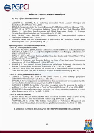 15
APÊNDICE V – BIBLIOGRAFIA DE REFERÊNCIA
1) Para a prova de conhecimentos gerais
 AXELROD, R.; KEOHANE, R. O. 'Achieving Cooperation Under Anarchy: Strategies and
Institutions'. World Politics 38 (1), 1985.
 JERVIS, R. 'Cooperation Under the Security Dilemma'. World Politics, vol. 30, no. 2, January 1978.
 KAUPPI, M. & VIOTTI, P. International Relations Theory. 5th ed, New York, Macmilan, 2012.
Chapter 3 - Liberalism: Interdependence and Global Governance; chapter 4 - Economic
Structuralism: Global Capitalism and Postcolonialism (p. 129-238)
 HILL, Carolyn; LYNN, Laurence. Public Management: A three-Dimensional Approach.
Washington: CQPRess, 2009. (Cap. 1 e 2)
 SALOMON, Lester. The Tools of Government: A New Guide to the Governance. Oxford: Oxford
University Press, 2002. (Introdução, Cap. 1 e 2);
2) Para a prova de conhecimentos específicos
- Linha 1: Cooperação Internacional
 HELD, D. e McGREW, A. (2003), Political Globalization: Trends and Choices. In: Kaul, I.; Conceição,
P; Goulven, K. L.; Mendoz, R. U. (eds). Providing Global Public Goods: Managing Globalization. NY:
Oxford University Press.
 LOWI, T. J. (1964). “American Business, Public Policy, Case Studies and Political Theory.” Word
Politics, vol. 16, nº 4, pp.: 677-715.
 PUTNAM, R. 'Diplomacy and Domestic Politics: the logic of two-level games'. International
Organization, vol. 42, no. 3 (Summer), 1988, p. 427-460.
 RUGGIE, J. G. “International Regimes, Transactions, and Change: Embedded Liberalism in the
Postwar Economic Order. International Organization, n.36,2. 1982, pp. 379-415.
 STRANGE, Susan. States and Markets: an Introduction to International Political Economy. New
York: Basic Backwell, 1988. Part II: Structures of Power in the World Economy (p. 43-138).
- Linha 2: Gestão governamental e social
 ALFORD, J. Defining the client in the public sector: A social‐exchange perspective.
Publicadministrationreview, v. 62, n. 3, p. 337-346, 2002.
 BOVAIRD, T. Beyond engagement and participation: User and community coproduction of public
services. Publicadministrationreview, v. 67, n. 5, p. 846-860, 2007.
 CARVALHO, C.; BRITO, C.; CABRAL, J. Towards a conceptual model for assessing the quality of
public services. International Review on Public and Nonprofit Marketing, v. 7, n. 1, p. 69-86, 2010.
 HENRIKSEN, L. Comprehensive tobacco marketing restrictions: promotion, packaging, price and
place. Tobaccocontrol, v. 21, n. 2, p. 147-153, 2012.
- Linha 3: Políticas Públicas
 FISHER, Frank; MILLER, Gerald; SIDNEY, Mara. Handbook of Public Policy Analysis: theory,
politics, and methods. Boca Raton: Taylor & Francis Group. 2007. (Cap. 3, 7, 11 e 22)
 TRIANTAFILLOU, P. (2015). “The Political Implications of Performance Management and
Evidence-Based Policymaking”. American Review of Public Administration, Vol. 45(2) 167–181.
O ACESSO AO MATERIAL BIBLIOGRÁFICO É DE RESPONSABILIDADE DO CANDIDATO
 