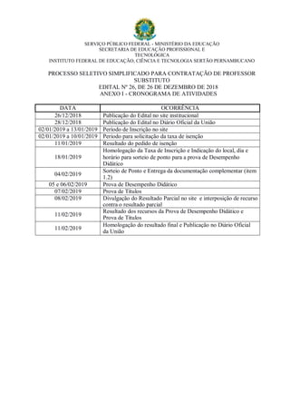 SERVIÇO PÚBLICO FEDERAL - MINISTÉRIO DA EDUCAÇÃO
SECRETARIA DE EDUCAÇÃO PROFISSIONAL E
TECNOLÓGICA
INSTITUTO FEDERAL DE EDUCAÇÃO, CIÊNCIA E TECNOLOGIA SERTÃO PERNAMBUCANO
PROCESSO SELETIVO SIMPLIFICADO PARA CONTRATAÇÃO DE PROFESSOR
SUBSTITUTO
EDITAL Nº 26, DE 26 DE DEZEMBRO DE 2018
ANEXO I - CRONOGRAMA DE ATIVIDADES
DATA OCORRÊNCIA
26/12/2018 Publicação do Edital no site institucional
28/12/2018 Publicação do Edital no Diário Oficial da União
02/01/2019 a 13/01/2019 Período de Inscrição no site
02/01/2019 a 10/01/2019 Período para solicitação da taxa de isenção
11/01/2019 Resultado do pedido de isenção
18/01/2019
Homologação da Taxa de Inscrição e Indicação do local, dia e
horário para sorteio de ponto para a prova de Desempenho
Didático
04/02/2019
Sorteio de Ponto e Entrega da documentação complementar (item
1.2)
05 e 06/02/2019 Prova de Desempenho Didático
07/02/2019 Prova de Títulos
08/02/2019 Divulgação do Resultado Parcial no site e interposição de recurso
contra o resultado parcial
11/02/2019
Resultado dos recursos da Prova de Desempenho Didático e
Prova de Títulos
11/02/2019
Homologação do resultado final e Publicação no Diário Oficial
da União
 