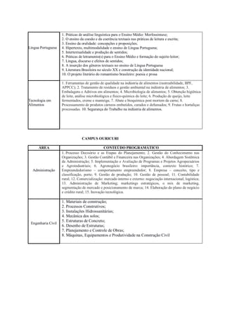 Língua Portuguesa
1. Práticas de análise linguística para o Ensino Médio: Morfossintaxe;
2. O ensino da coesão e da coerência textuais nas práticas de leitura e escrita;
3. Ensino da oralidade: concepções e proposições;
4. Hipertexto, multimodalidade e ensino de Língua Portuguesa;
5. Intertextualidade e produção de sentidos;
6. Práticas de letramento(s) para o Ensino Médio e formação do sujeito leitor;
7. Língua, discurso e efeitos de sentidos;
8. A inserção dos gêneros textuais no ensino de Língua Portuguesa
9. Literatura Brasileira no século XX e construção da identidade nacional;
10. O projeto literário do romantismo brasileiro: poesia e prosa
Tecnologia em
Alimentos
1. Ferramentas de gestão de qualidade na indústria de alimentos (rastreabilidade, BPF,
APPCC); 2. Tratamento de resíduos e gestão ambiental na indústria de alimentos; 3.
Embalagens e Aditivos em alimentos; 4. Microbiologia de alimentos; 5. Obtenção higiênica
de leite, análise microbiológica e físico-química do leite; 6. Produção de queijo, leite
fermentados, creme e manteiga; 7. Abate e bioquímica post mortem da carne; 8.
Processamento de produtos cárneos embutidos, curados e defumados; 9. Frutas e hortaliças
processadas. 10. Segurança do Trabalho na indústria de alimentos.
CAMPUS OURICURI
ÁREA CONTEÚDO PROGRAMÁTICO
Administração
1. Processo Decisório e as Etapas do Planejamento; 2. Gestão do Conhecimento nas
Organizações; 3. Gestão Contábil e Financeira nas Organizações; 4. Abordagem Sistêmica
da Administração; 5. Implementação e Avaliação de Programas e Projetos Agropecuários
e Agroindustriais; 6. Agronegócio brasileiro: importãncia, contexto histórico; 7.
Empreendedorismo – comportamento empreendedor; 8. Empresa – conceito, tipo e
classificação, porte; 9. Gestão de produção; 10. Gestão de pessoal; 11. Contabilidade
rural; 12. Comercialização: mercado interno e externo: negociação internacional, logística;
13. Administração de Marketing; marketings estratégicos, o mix de marketing,
segmentação de mercado e posicionamento de marca; 14. Elaboração do plano de negócio
e crédito rural; 15. Inovação tecnológica.
Engenharia Civil
1. Materiais de construção;
2. Processos Construtivos;
3. Instalações Hidrossanitárias;
4. Mecânica dos solos;
5. Estruturas de Concreto;
6. Desenho de Estruturas;
7. Planejamento e Controle de Obras;
8. Máquinas, Equipamentos e Produtividade na Construção Civil
 