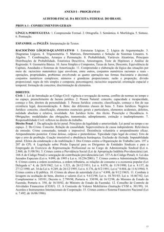 ANEXO I – PROGRAMAS

                      AUDITOR-FISCAL DA RECEITA FEDERAL DO BRASIL

PROVA 1 - CONHECIMENTOS GERAIS

LÍNGUA PORTUGUESA: 1. Compreensão Textual. 2. Ortografia. 3. Semântica. 4. Morfologia. 5. Sintaxe.
6. Pontuação.

ESPANHOL ou INGLÊS: Interpretação de Textos.

RACIOCÍNIO LÓGICO-QUANTITATIVO: 1. Estruturas Lógicas. 2. Lógica de Argumentação. 3.
Diagramas Lógicos. 4. Trigonometria. 5. Matrizes, Determinantes e Solução de Sistemas Lineares. 6.
Álgebra. 7. Combinações, Arranjos e Permutação. 8. Probabilidade, Variáveis Aleatórias, Principais
Distribuições de Probabilidade, Estatística Descritiva, Amostragem, Teste de Hipóteses e Análise de
Regressão. 9. Geometria Básica. 10. Juros Simples e Compostos, Taxas de Juros, Desconto, Equivalência de
Capitais, Anuidades e Sistemas de Amortização. 11. Compreensão e elaboração da lógica das situações por
meio de: raciocínio matemático (que envolvam, entre outros, conjuntos numéricos racionais e reais -
operações, propriedades, problemas envolvendo as quatro operações nas formas fracionária e decimal;
conjuntos numéricos complexos; números e grandezas proporcionais; razão e proporção; divisão
proporcional; regra de três simples e composta; porcentagem); raciocínio sequencial; orientação espacial e
temporal; formação de conceitos; discriminação de elementos.

DIREITO:
Civil: 1. Lei de Introdução ao Código Civil: vigência e revogação da norma, conflito de normas no tempo e
no espaço, preenchimento de lacuna jurídica. 2. Pessoa Natural: conceito, capacidade e incapacidade,
começo e fim, direitos da personalidade. 3. Pessoa Jurídica: conceito, classificação, começo e fim de sua
existência legal, desconsideração. 4. Bens: das diferentes classes de bens. 5. Fatos Jurídicos. Negócio
Jurídico: conceito, classificação, elementos essenciais gerais e particulares, elementos acidentais, defeitos,
nulidade absoluta e relativa, invalidade. Ato Jurídico lícito. Ato ilícito. Prescrição e Decadência. 6.
Obrigações: modalidades das obrigações, transmissão, adimplemento, extinção e inadimplemento. 7.
Responsabilidade Civil: reflexos no direito do trabalho.
Direito Penal: 1. Da aplicação da lei penal. Princípios da legalidade e anterioridade. Lei penal no tempo e no
espaço. 2. Do Crime. Conceito. Relação de causalidade. Superveniência de causa independente. Relevância
da omissão. Crime consumado, tentado e impossível. Desistência voluntária e arrependimento eficaz.
Arrependimento posterior. Crime doloso, culposo e preterdoloso. Tipicidade (tipo legal do crime). Erro de
tipo e erro de proibição. Coação irresistível e obediência hierárquica. Exclusão de ilicitude. Imputabilidade
penal. Efeitos da condenação e da reabilitação.3. Dos Crimes contra a Organização do Trabalho (arts. 197 a
207 do CP). 4. Legislação sobre Prisão Especial para os Dirigentes de Entidades Sindicais e para o
Empregado do Exercício de Representação Profissional ou no Cargo de Administração Sindical (Lei n.
2.860, de 31/08/56). 5. Crimes contra a Previdência Social (Lei de Apropriação Indébita Previdenciária) (art.
168-A do Código Penal) e sonegação de contribuição previdenciária (art. 337-A do Código Penal). 6. Lei dos
Juizados Especiais (Lei n. 9.099, de 1995 e Lei n. 10.256/2001). 7. Crimes contra a Administração Pública.
8. Crimes contra a ordem econômica, a ordem tributária, as relações de consumo e a economia popular (Lei
Delegada n.º 4, de 26/9/1962; Lei n. 1.521, de 26/12/1951; Lei n. 8.078, de 11/9/1990; Lei n. 8.137, de
27/12/1990; art. 34 da Lei n. 9.249, de 26/12/1995; Lei n. 8.176, de 8/2/1991; Lei n.º 8.884, de 11/6/1994). 9.
Crimes contra a fé pública. 10. Crimes de abuso de autoridade (Lei n.º 4.898, de 9/12/1965). 11. Combate à
lavagem ou ocultação de bens, direitos e valores (Lei n. 9.613/98; Lei n. 10.701/03; Lei n. 10.467/02; Lei
Complementar n. 105/01; Decreto n. 2.799/98; Portaria n. 330/98, de 16/12/98, do Ministro de Estado da
Fazenda; Portaria n. 350, de 16/10/02, do Ministro de Estado da Fazenda). 12. Conselho de Controle de
Atividades Financeiras (COAF). 13. A Comissão de Valores Mobiliários (Instrução CVM n. 301/99). 14.
Acordos e Instrumentos Internacionais de Cooperação. 15. Crimes contra o Sistema Financeiro Nacional (Lei
n. 7.492, de 16/06/1986).




                                                                                                             13
 