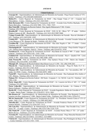 ANEXO II

                                               Cidade/Endereço
Aracaju-SE – Superintendência de Administração do Ministério da Fazenda - Praça Fausto Cardoso nº 372 -
Centro - Telefones: (79) 2104-6401/6448/6424
Belém-PA - Centro Regional de Treinamento da ESAF - Rua Gaspar Viana nº 125 - Conjunto dos
Mercedários – Centro - Telefones: (91) 3321-3423/3424
Belo Horizonte-MG - Centro Regional de Treinamento da ESAF - Avenida Celso Porfírio Machado, 1.100 -
Bairro Belvedere - Telefones: (31) 3254 7400 / 7371 / 7303 / 7337
Boa Vista-RR - Delegacia da Receita Federal - Rua Agnelo Bittencourt nº 106 - Centro
Telefone: (95) 3198-3600
Brasília-DF - Centro Regional de Treinamento da ESAF - SAS, Q. 06 - Bloco “O” - 8ª andar – Edifício
Órgãos Centrais do MF - Brasília-DF - Telefones: (61) 3412-5813/5887/5800
Campo Grande-MS - Superintendência de Administração do Ministério da Fazenda - Rua da Liberdade nº
623 - Telefone: (67) 3345-4190 / 4102
Cuiabá-MT - Superintendência de Administração do Ministério da Fazenda - Avenida Vereador Juliano da
Costa Marques nº 99 - Bosque da Saúde - Telefone: (65) 3615-2206
Curitiba-PR - Centro Regional de Treinamento da ESAF - Rua João Negrão n° 246 - 7° Andar – Centro
Telefone: (41) 3259-5800
Florianópolis-SC - Superintendência de Administração do Ministério da Fazenda - Praça Getúlio Vargas n°
138 - Edifício Dona Angelina - Sala 01 - Térreo - Telefone: (48) 3216-8732 / 8743
Fortaleza-CE - Centro Regional de Treinamento da ESAF - Rua Barão de Aracati nº 909 - 1º andar - Bairro
Aldeota - Telefones: (85) 3878-3102 / 3103 / 3104
Goiânia-GO - Superintendência de Administração do Ministério da Fazenda – Rua 6 – Quadra F-04 – Lotes
38/40, nº 483 – Setor Oeste - Telefone: (62) 3901-4300 / 4305
João Pessoa-PB - Pólo de Treinamento da ESAF - Rua Epitácio Pessoa 1.705 - Bairro dos Estados -
Telefones: (83) 3216-4596 / 3216-4496
Macapá-AP - Delegacia da Receita Federal -Rua Eliezer Levy nº 1.350 – Tel.: (96) 3198 2261
Maceió-AL - Superintendência de Administração do Ministério da Fazenda – Praça D. Pedro II nº 16 -
Centro - Telefones: (82) 3311-2720 /2610
Manaus-AM - Superintendência de Administração do Ministério da Fazenda – Av. 7 de setembro, 280 – 6°
andar. Ed. INSS - Centro - Telefones: (92) 3622-4870 / 4880
Natal-RN - Superintendência de Administração do Ministério da Fazenda - Rua Esplanada Silva Jardim nº
109 - Ribeira - Telefone: (84) 3220-2222
Palmas-TO - Delegacia da Receita Federal - 202 Norte - Conjunto 3 - Av. NO 04 - Lote 5/6 - Telefone: (63)
3901-1144
Porto Alegre-RS - Centro Regional de Treinamento da ESAF - Av. Loureiro da Silva n° 445 - 11° Andar
Telefones: (51) 3455-2054
Porto Velho-RO - Superintendência de Administração do Ministério da Fazenda - Av. Calama n° 3775
Bairro Embratel - Telefone: (69) 3217-5616
Recife-PE - Centro Regional de Treinamento da ESAF - Avenida Engenheiro Abdias de Carvalho nº 1111 -
1º andar - Bairro Prado - Telefone: (81) 3236-8313 / 8314 / 8661
Rio Branco-AC - Superintendência de Administração do Ministério da Fazenda - Rua Benjamin Constant,
esquina com Rua Amazonas nº 1.088 - Bairro Cadeia Velha - Telefones: (68) 3202-3144 e 3224-4712
Rio de Janeiro-RJ - Centro Regional de Treinamento da ESAF - Av. Presidente Antonio Carlos nº 375 12º
andar - Sala 1.211 - Castelo - Telefones: (21) 3805-4022/4023
Salvador-BA - Centro Regional de Treinamento da ESAF - Avenida Frederico Pontes nº 03 - Ed. MF -
Galeria NESAF - Telefones: (71) 3254-5107 / 5112
São Luís-MA - Superintendência de Administração do Ministério da Fazenda - Rua Osvaldo Cruz, 1.618 -
Setor “D” – 6º andar - Centro - Telefones: (98) 3218-7190 /7128 /7129
São Paulo-SP - Centro Regional de Treinamento da ESAF - Avenida Prestes Maia nº 733 - 21º andar –
Bairro da Luz - Telefones: (11) 3376-1500/1509
Teresina-PI - Superintendência de Administração do Ministério da Fazenda - Praça Marechal Deodoro S/Nº
Centro - Telefones: (86) 3215-8016 / 3215-8012 / 3215-8002
Vitória-ES - Superintendência de Administração do Ministério da Fazenda - Rua Pietrângelo de Biase nº 56
– Centro Telefones: (27) 3211-5101 / 5102




                                                                                                      19
 