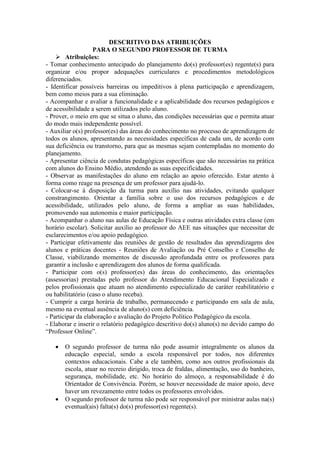 DESCRITIVO DAS ATRIBUIÇÕES
PARA O SEGUNDO PROFESSOR DE TURMA
 Atribuições:
- Tomar conhecimento antecipado do planejamento do(s) professor(es) regente(s) para
organizar e/ou propor adequações curriculares e procedimentos metodológicos
diferenciados.
- Identificar possíveis barreiras ou impeditivos à plena participação e aprendizagem,
bem como meios para a sua eliminação.
- Acompanhar e avaliar a funcionalidade e a aplicabilidade dos recursos pedagógicos e
de acessibilidade a serem utilizados pelo aluno.
- Prover, o meio em que se situa o aluno, das condições necessárias que o permita atuar
do modo mais independente possível.
- Auxiliar o(s) professor(es) das áreas do conhecimento no processo de aprendizagem de
todos os alunos, apresentando as necessidades específicas de cada um, de acordo com
sua deficiência ou transtorno, para que as mesmas sejam contempladas no momento do
planejamento.
- Apresentar ciência de condutas pedagógicas específicas que são necessárias na prática
com alunos do Ensino Médio, atendendo as suas especificidades.
- Observar as manifestações do aluno em relação ao apoio oferecido. Estar atento à
forma como reage na presença de um professor para ajudá-lo.
- Colocar-se à disposição da turma para auxílio nas atividades, evitando qualquer
constrangimento. Orientar a família sobre o uso dos recursos pedagógicos e de
acessibilidade, utilizados pelo aluno, de forma a ampliar as suas habilidades,
promovendo sua autonomia e maior participação.
- Acompanhar o aluno nas aulas de Educação Física e outras atividades extra classe (em
horário escolar). Solicitar auxílio ao professor do AEE nas situações que necessitar de
esclarecimentos e/ou apoio pedagógico.
- Participar efetivamente das reuniões de gestão de resultados das aprendizagens dos
alunos e práticas docentes - Reuniões de Avaliação ou Pré Conselho e Conselho de
Classe, viabilizando momentos de discussão aprofundada entre os professores para
garantir a inclusão e aprendizagem dos alunos de forma qualificada.
- Participar com o(s) professor(es) das áreas do conhecimento, das orientações
(assessorias) prestadas pelo professor do Atendimento Educacional Especializado e
pelos profissionais que atuam no atendimento especializado de caráter reabilitatório e
ou habilitatório (caso o aluno receba).
- Cumprir a carga horária de trabalho, permanecendo e participando em sala de aula,
mesmo na eventual ausência de aluno(s) com deficiência.
- Participar da elaboração e avaliação do Projeto Político Pedagógico da escola.
- Elaborar e inserir o relatório pedagógico descritivo do(s) aluno(s) no devido campo do
“Professor Online”.
 O segundo professor de turma não pode assumir integralmente os alunos da
educação especial, sendo a escola responsável por todos, nos diferentes
contextos educacionais. Cabe a ele também, como aos outros profissionais da
escola, atuar no recreio dirigido, troca de fraldas, alimentação, uso do banheiro,
segurança, mobilidade, etc. No horário do almoço, a responsabilidade é do
Orientador de Convivência. Porém, se houver necessidade de maior apoio, deve
haver um revezamento entre todos os professores envolvidos.
 O segundo professor de turma não pode ser responsável por ministrar aulas na(s)
eventual(ais) falta(s) do(s) professor(es) regente(s).
 