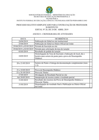 SERVIÇO PÚBLICO FEDERAL - MINISTÉRIO DA EDUCAÇÃO
SECRETARIA DE EDUCAÇÃO PROFISSIONAL E
TECNOLÓGICA
INSTITUTO FEDERAL DE EDUCAÇÃO, CIÊNCIA E TECNOLOGIA SERTÃO PERNAMBUCANO
PROCESSO SELETIVO SIMPLIFICADO PARA CONTRATAÇÃO DE PROFESSOR
SUBSTITUTO
EDITAL Nº 26, DE 24 DE ABRIL 2019
ANEXO I - CRONOGRAMA DE ATIVIDADES
DATA OCORRÊNCIA
24/04/2019 Publicação do Edital no site institucional
25/04/2019 Publicação do Edital no Diário Oficial da União
29/04/2019 a 05/05/2019 Período de Inscrição no site
29/04/2019 a 02/05/2019 Período para solicitação da taxa de isenção
03/05/2019 Resultado do pedido de isenção
10/05/2019
Homologação da Taxa de Inscrição e Indicação do local, dia e
horário para sorteio de ponto para a prova de Desempenho
Didático
20 e 21/05/2019 Sorteio de Ponto e Entrega da documentação complementar (item
1.2)
21 e 22/05/2019 Prova de Desempenho Didático
23 e 24 /05/2019 Prova de Títulos
27/05/2019 Divulgação do Resultado Parcial no site
Até 28/05/2019 Interposição de recurso contra o resultado parcial
31/05/2019 Resultado dos recursos da Prova de Desempenho Didático e
Prova de Títulos
31/05/2019 Homologação do resultado final e Publicação no Diário Oficial
da União
 