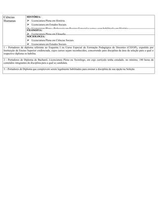 Ciências              HISTÓRIA:
Humanas                Licenciatura Plena em História.
                       Licenciatura em Estudos Sociais.
                       Licenciatura Plena - Pedagogia em Regime Especial e outros, com habilitação em História.
                      FILOSOFIA:
                       Licenciatura Plena em Filosofia.
                      SOCIOLOGIA:
                       Licenciatura Plena em Ciências Sociais.
                       Licenciatura em Estudos Sociais.
1 - Portadores de diploma referente ao Esquema I ou Curso Especial de Formação Pedagógica de Docentes (CEFOP), expedido por
Instituição de Ensino Superior credenciada, cujos cursos sejam reconhecidos, concorrendo para disciplina da área da seleção para a qual o
respectivo diploma os habilita.

2 - Portadores de Diploma de Bacharel, Licenciatura Plena ou Tecnólogo, em cujo currículo tenha estudado, no mínimo, 180 horas de
conteúdos integrantes da disciplina para a qual se candidata.

3 – Portadores de Diploma que comprovem serem legalmente habilitados para ensinar a disciplina de sua opção na Seleção.
 