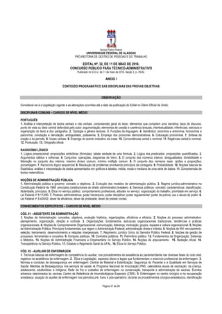 Serviço Público Federal
UNIVERSIDADE FEDERAL DE ALAGOAS
PRÓ-REITORIA DE GESTÃO DE PESSOAS E DO TRABALHO
EDITAL Nº. 32, DE 11 DE MAIO DE 2016.
CONCURSO PÚBLICO PARA TÉCNICO-ADMINISTRATIVO
Publicado no D.O.U. de 11 de maio de 2016, Seção 3, p. 76-82.
Página 21 de 24
AANNEEXXOO II
CONTEÚDO PROGRAMÁTICO DAS DISCIPLINAS DAS PROVAS OBJETIVAS
OBSERVAÇÃO
Considerar-se-á a Legislação vigente e as alterações ocorridas até a data da publicação do Edital no Diário Oficial da União.
DISCIPLINAS COMUNS – CARGOS DE NÍVEL MÉDIO
PORTUGUÊS
1. Análise e interpretação de textos verbais e não verbais: compreensão geral do texto; elementos que compõem uma narrativa; tipos de discurso;
ponto de vista ou ideia central defendida pelo autor; argumentação; elementos de coesão e coerência textuais; intertextualidade; inferências; estrutura e
organização do texto e dos parágrafos. 2. Tipologia e gênero textuais. 3. Funções da linguagem. 4. Semântica: sinonímia e antonímia; homonímia e
paronímia; conotação e denotação; ambiguidade; polissemia. 5. Emprego dos pronomes demonstrativos. 6. Colocação pronominal. 7. Sintaxe da
oração e do período. 8. Vozes verbais. 9. Emprego do acento indicativo da crase. 10. Concordâncias verbal e nominal. 11. Regências verbal e nominal.
12. Pontuação. 13. Ortografia oficial.
RACIOCÍNIO LÓGICO
1. Lógica proposicional: proposições simbólicas (fórmulas); tabela verdade de uma fórmula. 2. Lógica dos predicados: proposições quantificadas. 3.
Argumentos válidos e sofismas. 4. Conjuntos: operações, diagramas de Venn. 5. O conjunto dos números inteiros: desigualdades; divisibilidade e
fatoração no conjunto dos inteiros; máximo divisor comum; mínimo múltiplo comum. 6. O conjunto dos números reais: razões e proporções;
porcentagem. 7. Raciocínio lógico sequencial. 8. Resolução de problemas envolvendo princípios de contagens. 9. Probabilidade. 10. Noções básicas de
Estatística: análise e interpretação de dados apresentados em gráficos e tabelas; média, moda e mediana de uma série de dados. 11. Compreensão de
textos matemáticos.
NOÇÕES DE ADMINISTRAÇÃO PÚBLICA
1. Administração pública e governo: conceito e objetivos. 2. Evolução dos modelos de administração pública. 3. Regime jurídico-administrativo na
Constituição Federal de 1988: princípios constitucionais do direito administrativo brasileiro. 4. Serviços públicos: conceito; características; classificação;
titularidade; princípios. 5. Ética no serviço público: comportamento profissional, atitudes no serviço, organização do trabalho, prioridade em serviço. 6.
Lei Federal nº 8.112/90. 7. Poderes administrativos: poder hierárquico; poder disciplinar; poder regulamentar; poder de polícia; uso e abuso do poder. 8.
Lei Federal nº 8.429/92: dever de eficiência; dever de probidade; dever de prestar contas.
CONHECIMENTOS ESPECÍFICOS – CARGOS DE NÍVEL MÉDIO
CÓD. 01 - ASSISTENTE EM ADMINISTRAÇÃO
1. Noções de Administração: conceitos, objetivos, evolução histórica, organizações, eficiência e eficácia. 2. Noções do processo administrativo:
planejamento, organização, direção e controle. 3. Organizações: fundamentos, estruturas organizacionais tradicionais, tendências e práticas
organizacionais. 4. Noções de Comportamento Organizacional: comunicação, liderança, motivação, grupos, equipes e cultura organizacional. 5. Noções
de Administração Pública: Princípios fundamentais que regem a Administração Federal; administração direta e indireta. 6. Noções de RH: recrutamento,
seleção, treinamento, desenvolvimento e relações interpessoais. 7. Regimento Jurídico Único do Servidor Público Federal. 8. Noções de gestão de
processos: ferramentas e conceitos. 9. Compras públicas. 10. Contratos públicos. 11. Patrimônio público. 12. Fundamentos de Organização, Sistemas
e Métodos. 13. Noções de Administração Financeira e Orçamentária no Serviço Público. 14. Noções de arquivamento. 15. Redação oficial. 16.
Transparência no Serviço Público. 17. Estatuto e Regimento Geral da UFAL. 18. Ética no Serviço Público.
CÓD. 02 - AUXILIAR DE ENFERMAGEM
1. Técnicas básicas de enfermagem de competência do auxiliar, nos procedimentos de assistência ao paciente/cliente nas diversas fases do ciclo vital;
registros na assistência de enfermagem. 2. Ética e Legislação: aspectos éticos e legais que fundamentam o exercício profissional da enfermagem. 3.
Normas e condutas de biossegurança em enfermagem: Central de Material e Esterilização; Segurança do Paciente e a Qualidade em Serviços de
Saúde; Medidas de Biossegurança nos serviços de saúde. 4. Programa Nacional de Imunização (PNI): calendários atuais de vacinação: da criança,
adolescente, adulto/idoso e indígena; Rede de frio e cuidados de enfermagem na conservação, transporte e administração de vacinas. Eventos
adversos relacionados às vacinas; Centro de Referência de Imunobiológicos Especiais (CRIE). 5. Enfermagem no centro cirúrgico e na recuperação
anestésica: atuação do auxiliar de enfermagem nos períodos pré, trans e pós-operatório; durante os procedimentos cirúrgico-anestésicos; identificação
 