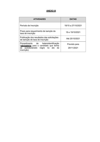 ANEXO III
ATIVIDADES DATAS
Período de Inscrição 18/10 a 27/10/2021
Prazo para requerimento de isenção da
taxa de inscrição
18 e 19/10/2021
Publicação dos resultados das solicitações
de isenção de taxa de inscrição
Até 25/10/2021
Procedimento de heteroidentificação
(obrigatório para o candidato que tenha
se autodeclarado negro no ato da
inscrição)
Previsto para
29/11/2021
 