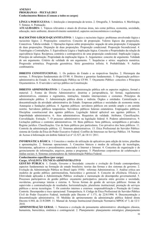 11
ANEXO I
PROGRAMAS – PECFAZ-2013
Conhecimentos Básicos (Comum a todos os cargos)
LÍNGUA PORTUGUESA: 1. Intelecção e interpretação de textos. 2. Ortografia. 3. Semântica. 4. Morfologia.
5. Sintaxe. 6. Pontuação.
ATUALIDADES: 1. Tópicos relevantes e atuais de diversas áreas, tais como política, economia, sociedade,
educação, meio ambiente, desenvolvimento sustentável, aspectos socioeconômicos e ecologia.
RACIOCÍNIO LÓGICO-QUANTITATIVO: 1. Lógica e raciocínio lógico: problemas envolvendo lógica e
raciocínio lógico. 2. Proposições: conectivos. Conceito de proposição. Valores lógicos das proposições.
Conectivos. Tabela-verdade. 3. Operações lógicas sobre proposições: negação de uma proposição. Conjugação
de duas proposições. Disjunção de duas proposições. Proposição condicional. Proposição bicondicional. 4.
Tautologias e Contradições. 5. Equivalência Lógica e Implicação lógica. Conceito e Propriedades da relação de
equivalência lógica. Recíproca, contrária e contrapositiva de uma proposição condicional. Implicação Lógica.
Princípio de substituição. Propriedade da implicação lógica. 6. Argumentos: conceito de argumento. Validade
de um argumento. Critério de validade de um argumento. 7. Sequências e séries: sequência numérica.
Progressão aritmética. Progressão geométrica. Série geométrica infinita. 8. Probabilidade. 9. Análise
combinatória.
DIREITO CONSTITUCIONAL: 1. Os poderes do Estado e as respectivas funções. 2. Hierarquia das
normas. 3. Princípios fundamentais da CF/88. 4. Direitos e garantias fundamentais. 5. Organização político-
administrativa do Estado. 6. Administração Pública na CF/88. 7. Orçamento Público: conceitos e Princípios
Orçamentários. 8. O servidor e serviço público na Constituição.
DIREITO ADMINISTRATIVO: 1. Conceito de administração pública sob os aspectos orgânico, formal e
material. 2. Fontes do Direito Administrativo: doutrina e jurisprudência, lei formal, regulamentos
administrativos, estatutos e regimentos, instruções, tratados internacionais e costumes. Princípios da
administração pública. 3. Administração pública direta e indireta. Órgãos e entidades. Centralização e
descentralização da atividade administrativa do Estado. Empresas públicas e sociedades de economia mista.
Autarquias e fundações públicas. 4. Agentes públicos: servidores públicos em sentido amplo e em sentido
restrito. Servidores públicos temporários. Servidores públicos federais estatutários. Empregados públicos.
Disciplina constitucional dos agentes públicos. Legislação federal aplicável aos agentes públicos. 5.
Improbidade administrativa. 6. Atos administrativos. Requisitos de validade. Atributos. Classificações.
Convalidação. Extinção. 7. O processo administrativo na legislação federal. 8. Poderes administrativos. 9.
Licitações públicas e contratos administrativos. 10. Bens públicos: bens públicos, semipúblicos e privados.
Regime jurídico. Classificações. Uso de bens públicos por particulares. Uso privativo dos bens públicos. 11.
Controle da administração pública. 12. Sistemas administrativos. 13. Ética Profissional do Servidor Público:
sistema de Gestão da Ética do Poder Executivo Federal. Conflito de Interesses no Serviço Público. 14. Normas
de Acesso à Informação em âmbito federal Lei nº 12.527, de 18/11/ 2011.
INFORMÁTICA BÁSICA: 1 Conceitos e modos de utilização de aplicativos para edição de textos, planilhas
e apresentações. 2. Sistemas operacionais. 3. Conceitos básicos e modos de utilização de tecnologias,
ferramentas, aplicativos e procedimentos associados à Internet e Intranet. 4. Conceitos de organização e de
gerenciamento de informações, arquivos, pastas e programas. 5. Plataformas corporativas de colaboração e
mídias sociais. 6. Sistemas estruturadores da Administração Pública Federal.
Conhecimentos específicos (por cargo)
Cargo: ANALISTA TÉCNICO-ADMINISTRATIVO
GESTÃO PÚBLICA: 1. Estado, Governo e Sociedade: conceito e evolução do Estado contemporâneo;
aspectos fundamentais na formação do estado brasileiro; teorias das formas e dos sistemas de governo. 2.
Evolução da Administração Pública no Brasil (após 1930): reformas Administrativas. 3. Análise crítica aos
modelos de gestão pública: patrimonialista, burocrático e gerencial. 4. Conceito de eficiência. Eficácia e
Efetividade aplicadas à Administração Pública: avaliação e mensuração do desempenho governamental. 5.
Processos participativos de gestão pública: orçamento participativo, parceria entre governo e sociedade,
ouvidorias, governança interna e externa. 6. Novas formas de gestão de serviços públicos: formas de
supervisão e contratualização de resultados; horizontalização; pluralismo institucional; prestação de serviços
públicos e novas tecnologias. 7. Os controles internos e externos: responsabilização e Prestação de Contas.
Controle. Desempenho e risco operacional. Transparência. 8. Código de Ética Profissional do Servidor Público
Civil do Poder Executivo Federal, instituído pelo Decreto nº 1.171, de 22/6/1994. 9. Desconcentração e
descentralização administrativa. 10. Medidas de aprimoramento da administração pública federal direta
Decreto 6.944, de 21/8/2009. 11. Manual de Arranjo Institucional (Instrução Normativa MPOG nº 3, de 12/1/
2010.
ADMINISTRAÇÃO GERAL: 1. Natureza e evolução do pensamento administrativo: abordagens clássica,
humanista, burocrática, sistêmica e contingencial. 2. Planejamento: planejamento estratégico; planejamento
 