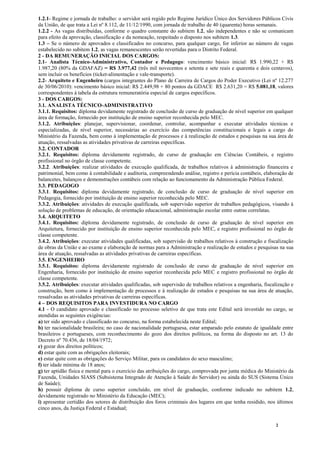 2
1.2.1- Regime e jornada de trabalho: o servidor será regido pelo Regime Jurídico Único dos Servidores Públicos Civis
da União, de que trata a Lei nº 8.112, de 11/12/1990, com jornada de trabalho de 40 (quarenta) horas semanais.
1.2.2 - As vagas distribuídas, conforme o quadro constante do subitem 1.2, são independentes e não se comunicam
para efeito da aprovação, classificação e da nomeação, respeitado o disposto nos subitem 1.3.
1.3 – Se o número de aprovados e classificados no concurso, para qualquer cargo, for inferior ao número de vagas
estabelecido no subitem 1.2, as vagas remanescentes serão revertidas para o Distrito Federal.
2 - DA REMUNERAÇÃO INICIAL DOS CARGOS:
2.1- Analista Técnico-Administrativo, Contador e Pedagogo: vencimento básico inicial: R$ 1.990,22 + R$
1.987,20 (80% da GDAFAZ) = R$ 3.977,42 (três mil novecentos e setenta e sete reais e quarenta e dois centavos),
sem incluir os benefícios (ticket-alimentação e vale-transporte).
2.2- Arquiteto e Engenheiro (cargos integrantes do Plano de Carreira de Cargos do Poder Executivo (Lei nº 12.277
de 30/06/2010): vencimento básico inicial: R$ 2.449,98 + 80 pontos da GDACE R$ 2.631,20 = R$ 5.081,18, valores
correspondentes à tabela da estrutura remuneratória especial de cargos específicos.
3 - DOS CARGOS:
3.1. ANALISTA TÉCNICO-ADMINISTRATIVO
3.1.1. Requisitos: diploma devidamente registrado de conclusão de curso de graduação de nível superior em qualquer
área de formação, fornecido por instituição de ensino superior reconhecida pelo MEC.
3.1.2. Atribuições: planejar, supervisionar, coordenar, controlar, acompanhar e executar atividades técnicas e
especializadas, de nível superior, necessárias ao exercício das competências constitucionais e legais a cargo do
Ministério da Fazenda, bem como à implementação de processos e à realização de estudos e pesquisas na sua área de
atuação, ressalvadas as atividades privativas de carreiras específicas.
3.2. CONTADOR
3.2.1. Requisitos: diploma devidamente registrado, de curso de graduação em Ciências Contábeis, e registro
profissional no órgão de classe competente.
3.2.2. Atribuições: realizar atividades de execução qualificada, de trabalhos relativos à administração financeira e
patrimonial, bem como à contabilidade e auditoria, compreendendo análise, registro e perícia contábeis, elaboração de
balancetes, balanços e demonstrações contábeis com relação ao funcionamento da Administração Pública Federal.
3.3. PEDAGOGO
3.3.1. Requisitos: diploma devidamente registrado, de conclusão de curso de graduação de nível superior em
Pedagogia, fornecido por instituição de ensino superior reconhecida pelo MEC.
3.3.2. Atribuições: atividades de execução qualificada, sob supervisão superior de trabalhos pedagógicos, visando à
solução de problemas de educação, de orientação educacional, administração escolar entre outras correlatas.
3.4. ARQUITETO
3.4.1. Requisitos: diploma devidamente registrado, de conclusão de curso de graduação de nível superior em
Arquitetura, fornecido por instituição de ensino superior reconhecida pelo MEC, e registro profissional no órgão de
classe competente.
3.4.2. Atribuições: executar atividades qualificadas, sob supervisão de trabalhos relativos à construção e fiscalização
de obras da União e ao exame e elaboração de normas para a Administração e realização de estudos e pesquisas na sua
área de atuação, ressalvadas as atividades privativas de carreiras específicas.
3.5. ENGENHEIRO
3.5.1. Requisitos: diploma devidamente registrado de conclusão de curso de graduação de nível superior em
Engenharia, fornecido por instituição de ensino superior reconhecida pelo MEC e registro profissional no órgão de
classe competente.
3.5.2. Atribuições: executar atividades qualificadas, sob supervisão de trabalhos relativos a engenharia, fiscalização e
construção, bem como à implementação de processos e à realização de estudos e pesquisas na sua área de atuação,
ressalvadas as atividades privativas de carreiras específicas.
4 – DOS REQUISITOS PARA INVESTIDURA NO CARGO
4.1 - O candidato aprovado e classificado no processo seletivo de que trata este Edital será investido no cargo, se
atendidas as seguintes exigências:
a) ter sido aprovado e classificado no concurso, na forma estabelecida neste Edital;
b) ter nacionalidade brasileira; no caso de nacionalidade portuguesa, estar amparado pelo estatuto de igualdade entre
brasileiros e portugueses, com reconhecimento do gozo dos direitos políticos, na forma do disposto no art. 13 do
Decreto nº 70.436, de 18/04/1972;
c) gozar dos direitos políticos;
d) estar quite com as obrigações eleitorais;
e) estar quite com as obrigações do Serviço Militar, para os candidatos do sexo masculino;
f) ter idade mínima de 18 anos;
g) ter aptidão física e mental para o exercício das atribuições do cargo, comprovada por junta médica do Ministério da
Fazenda, Unidades SIASS (Subsistema Integrado de Atenção à Saúde do Servidor) ou ainda do SUS (Sistema Único
de Saúde);
h) possuir diploma de curso superior concluído, em nível de graduação, conforme indicado no subitem 1.2,
devidamente registrado no Ministério da Educação (MEC);
i) apresentar certidão dos setores de distribuição dos foros criminais dos lugares em que tenha residido, nos últimos
cinco anos, da Justiça Federal e Estadual;
 