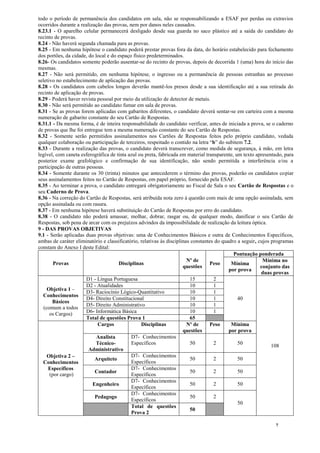 7
todo o período de permanência dos candidatos em sala, não se responsabilizando a ESAF por perdas ou extravios
ocorridos durante a realização das provas, nem por danos neles causados.
8.23.1 - O aparelho celular permanecerá desligado desde sua guarda no saco plástico até a saída do candidato do
recinto de provas.
8.24 - Não haverá segunda chamada para as provas.
8.25 - Em nenhuma hipótese o candidato poderá prestar provas fora da data, do horário estabelecido para fechamento
dos portões, da cidade, do local e do espaço físico predeterminados.
8.26- Os candidatos somente poderão ausentar-se do recinto de provas, depois de decorrida 1 (uma) hora do início das
mesmas.
8.27 - Não será permitido, em nenhuma hipótese, o ingresso ou a permanência de pessoas estranhas ao processo
seletivo no estabelecimento de aplicação das provas.
8.28 - Os candidatos com cabelos longos deverão mantê-los presos desde a sua identificação até a sua retirada do
recinto de aplicação de provas.
8.29 - Poderá haver revista pessoal por meio da utilização de detector de metais.
8.30 - Não será permitido ao candidato fumar em sala de provas.
8.31 - Se as provas forem aplicadas com gabaritos diferentes, o candidato deverá sentar-se em carteira com a mesma
numeração de gabarito constante do seu Cartão de Respostas.
8.31.1 - Da mesma forma, é de inteira responsabilidade do candidato verificar, antes de iniciada a prova, se o caderno
de provas que lhe foi entregue tem a mesma numeração constante do seu Cartão de Respostas.
8.32 - Somente serão permitidos assinalamentos nos Cartões de Respostas feitos pelo próprio candidato, vedada
qualquer colaboração ou participação de terceiros, respeitado o contido na letra “b” do subitem 7.2.
8.33 - Durante a realização das provas, o candidato deverá transcrever, como medida de segurança, à mão, em letra
legível, com caneta esferográfica de tinta azul ou preta, fabricada em material transparente, um texto apresentado, para
posterior exame grafológico e confirmação de sua identificação, não sendo permitida a interferência e/ou a
participação de outras pessoas.
8.34 - Somente durante os 30 (trinta) minutos que antecederem o término das provas, poderão os candidatos copiar
seus assinalamentos feitos no Cartão de Respostas, em papel próprio, fornecido pela ESAF.
8.35 - Ao terminar a prova, o candidato entregará obrigatoriamente ao Fiscal de Sala o seu Cartão de Respostas e o
seu Caderno de Prova.
8.36 - Na correção do Cartão de Respostas, será atribuída nota zero à questão com mais de uma opção assinalada, sem
opção assinalada ou com rasura.
8.37 - Em nenhuma hipótese haverá substituição do Cartão de Respostas por erro do candidato.
8.38 - O candidato não poderá amassar, molhar, dobrar, rasgar ou, de qualquer modo, danificar o seu Cartão de
Respostas, sob pena de arcar com os prejuízos advindos da impossibilidade de realização da leitura óptica.
9 - DAS PROVAS OBJETIVAS
9.1 - Serão aplicadas duas provas objetivas: uma de Conhecimentos Básicos e outra de Conhecimentos Específicos,
ambas de caráter eliminatório e classificatório, relativas às disciplinas constantes do quadro a seguir, cujos programas
constam do Anexo I deste Edital:
Provas Disciplinas
Nº de
questões
Peso
Pontuação ponderada
Mínima
por prova
Mínima no
conjunto das
duas provas
Objetiva 1 –
Conhecimentos
Básicos
(comum a todos
os Cargos)
D1 - Língua Portuguesa 15 2
40
108
D2 - Atualidades 10 1
D3- Raciocínio Lógico-Quantitativo 10 1
D4- Direito Constitucional 10 1
D5- Direito Administrativo 10 1
D6- Informática Básica 10 1
Total de questões Prova 1 65
Objetiva 2 –
Conhecimentos
Específicos
(por cargo)
Cargos Disciplinas Nº de
questões
Peso Mínima
por prova
Analista
Técnico-
Administrativo
D7- Conhecimentos
Específicos 50 2 50
Arquiteto
D7- Conhecimentos
Específicos
50 2 50
Contador
D7- Conhecimentos
Específicos
50 2 50
Engenheiro
D7- Conhecimentos
Específicos
50 2 50
Pedagogo
D7- Conhecimentos
Específicos
50 2
50
Total de questões
Prova 2
50
 