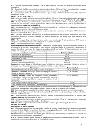 8
9.2 - Legislação com entrada em vigor após a data de publicação deste Edital não será objeto de avaliação nas provas
do concurso.
9.3 – O resultado final das provas objetivas será publicado no Diário Oficial da União e conterá a relação, por cargo,
dos candidatos aprovados nas provas objetivas para os efeitos do contido no subitem 10.1.
9.4 – Os demais candidatos não constantes da relação a que se refere o subitem 9.3 serão considerados reprovados,
para todos os efeitos.
10 - DA PROVA DISCURSIVA
10.1 - Serão convocados, por Edital, a ser publicado no Diário Oficial da União, para realização da prova discursiva,
todos os candidatos aprovados nas provas objetivas na forma estabelecida nas letras “a”, “b” e “c” do subitem 12.1.
10.2 – A prova discursiva, de caráter seletivo, eliminatório e classificatório, valerá, no máximo, 60 pontos e será
aplicada em data e horário a serem oportunamente publicados no Diário Oficial da União e disponibilizados no
endereço eletrônico www.esaf.fazenda.gov.br.
10.3 – A prova discursiva terá a duração de 3 horas e será constituída de 1 (um) tema para cada cargo, em um mínimo
de 40 (quarenta) e em um máximo de 60 (sessenta) linhas.
10.3.1- O tema da prova discursiva, para cada cargo, versará sobre o conteúdo da Disciplina D7-Conhecimentos
Específicos, integrante da Prova Objetiva 2.
10.3.2 – O texto desenvolvido pelo candidato na prova discursiva deverá ser escrito em letra legível, com caneta
esferográfica (tinta azul ou preta), fabricada em material transparente, não sendo aceito texto escrito a lápis,
lapiseira/grafite.
10.3.3 - Na correção da prova discursiva serão aceitas como corretas, até 31 de dezembro de 2015, ambas as
ortografias, em atendimento ao que está estabelecido no Decreto n. 875/2012.
10.4 - A avaliação da prova discursiva abrangerá:
a) quanto à capacidade de desenvolvimento: a compreensão, o conhecimento, o desenvolvimento e a adequação da
argumentação, a conexão e a pertinência, a objetividade e a sequência lógica do pensamento, o alinhamento ao
assunto abordado e a cobertura dos tópicos apresentados, valendo no máximo, 40 (quarenta) pontos, que serão
aferidos pelo examinador com base nos critérios a seguir indicados:
Conteúdo da resposta Pontos a deduzir
Capacidade de argumentação (até -8)
Sequência lógica do pensamento (até -6)
Alinhamento ao tema (até -10)
Visão sistêmica (até -6)
Cobertura dos tópicos apresentados (até -10)
b) quanto ao uso do idioma: a utilização correta do vocabulário e das normas gramaticais, valendo no máximo, 20
(vinte), que serão aferidos pelo examinador com base nos critérios a seguir indicados:
Tipos de erro Pontos a deduzir
Aspectos formais: erros de forma em geral e erros de ortografia. (-0,50 cada erro)
Aspectos Gramaticais: morfologia, sintaxe de emprego e colocação,
sintaxe de regência e pontuação.
(-1,00 cada erro)
Aspectos Textuais: Sintaxe de construção (coesão prejudicada);
concordância; clareza; concisão; unidade temática/estilo; coerência;
propriedade vocabular; paralelismo semântico e sintático et. ali;
paragrafação.
(-1,50 cada erro)
Cada linha excedente ao máximo exigido. (-0,66)
Cada linha não escrita, considerando o mínimo exigido. (-1,00)
10.4.1 - As marcações ou códigos decorrentes da avaliação de conteúdo poderão ser apostos, na correspondente folha
de respostas, tanto na coluna reservada ao examinador quanto ao final do texto escrito pelo candidato.
10.5 - Será desconsiderado, para efeito de avaliação, qualquer fragmento de texto escrito fora do local apropriado.
10.6- Em caso de fuga ao assunto abordado no tema, de não haver texto e/ou de identificação em local indevido, o
candidato receberá nota zero.
10.7 - Será considerado aprovado na prova discursiva somente o candidato que tenha obtido, no mínimo, 60%
(sessenta por cento) dos pontos totais da prova.
10.8 - O resultado provisório da prova discursiva será publicado no Diário Oficial da União e conterá a relação, em
ordem alfabética, dos candidatos habilitados e classificados.
10.9 - Os cadernos de provas discursivas serão incinerados 1(um) ano após a homologação do concurso.
11 - DOS RECURSOS
11.1 - Quanto às provas objetivas:
a) os gabaritos e as questões das provas aplicadas, para fins de recursos, estarão disponíveis nos endereços indicados
no Anexo II deste Edital e no endereço eletrônico www.esaf.fazenda.gov.br a partir do primeiro dia útil após a
aplicação das provas e durante o período previsto para recurso;
b) admitir-se-á um único recurso, por questão, para cada candidato, relativamente ao gabarito ou ao conteúdo das
questões, desde que devidamente fundamentado;
c) se do exame dos recursos resultar anulação de questão, os pontos a ela correspondentes serão atribuídos a todos os
candidatos presentes, independentemente da formulação de recurso;
 