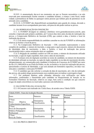 46
10.10.9. A amamentação dar-se-á nos momentos em que se fizerem necessários e na sala
reservada para amamentação ficarão somente a candidata lactante, a criança e uma fiscal, sendo
vedada a permanência de babás ou quaisquer outras pessoas que tenham grau de parentesco ou de
amizade com a candidata.
10.10.10. A FUNDEP não disponibilizará acompanhante para guarda de criança, devendo a
candidata lactante levar acompanhante para tanto, sob pena de não poder realizar as provas.
11. DA HOMOLOGAÇÃO DA INSCRIÇÃO
11.1. A FUNDEP divulgará no endereço eletrônico www.gestaodeconcursos.com.br, para
consulta e impressão pelo próprio candidato, até 5 (cinco) dias úteis antes da data de realização das
provas, o Comprovante Definitivo de Inscrição (CDI), que conterá a data, o horário e local de
realização das provas.
11.2. É de inteira responsabilidade do candidato consultar no site da FUNDEP as informações
relativas ao horário e local da prova.
11.3. No Comprovante Definitivo de Inscrição – CDI, constarão expressamente o nome
completo do candidato, o número de inscrição, o cargo para o qual concorre, número do documento
de identidade, data de nascimento, a data, o horário, o local de realização das provas
(escola/prédio/sala) e outras orientações úteis ao candidato.
11.4. É obrigação do candidato conferir no CDI seu nome, o número do documento utilizado
na inscrição, a sigla do órgão expedidor, bem como a data de nascimento.
11.5. Eventuais erros de digitação ocorridos no nome do candidato, no número do documento
de identidade utilizado na inscrição, na sigla do órgão expedidor ou na data de nascimento deverão,
obrigatoriamente, ser comunicados pelo candidato à Gerência de Concursos da FUNDEP por meio
do fax (31) 3409-6826 ou ao Chefe de Prédio, no dia, no horário e no local de realização das provas,
apresentando a Carteira de Identidade, o que será anotado em formulário específico, em duas vias:
uma para o candidato e outra para FUNDEP.
11.6. O candidato que não solicitar a correção da data de nascimento, até o dia da realização
das provas, não poderá alegar posteriormente essa condição para reivindicar a prerrogativa legal.
11.7. Em nenhuma hipótese serão efetuadas alterações e/ou retificações nos dados
informados, confirmados e transmitidos pelo candidato no Requerimento de Isenção ou no
Formulário Eletrônico de Inscrição, relativos ao cargo, bem como à condição em que concorre
(vagas de ampla concorrência ou reservadas a pessoas com deficiência).
12. DA ESTRUTURA DA AVALIAÇÃO
12.1. O Concurso será realizado em 3 (três) fases, de acordo com a Tabela XXIX:
Tabela XXIX - Fases da Avaliação Docente
Fases Natureza
Pontuação
Máxima
Pontuação
Mínima
1ª Fase:
Prova Objetiva de
Conhecimentos Específicos
Eliminatória e
Classificatória
80 40
2ª Fase:
Prova de Desempenho
Didático-Pedagógico-
Profissional
Eliminatória e
Classificatória
100 50
3ª Fase:
Prova de Títulos
Classificatória 40 Zero
12.2. DA PROVA OBJETIVA
 