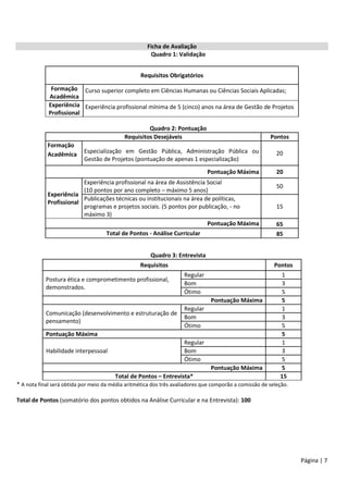 Página | 7
Ficha de Avaliação
Quadro 1: Validação
Requisitos Obrigatórios
Formação
Acadêmica
Curso superior completo em Ciências Humanas ou Ciências Sociais Aplicadas;
Experiência
Profissional
Experiência profissional mínima de 5 (cinco) anos na área de Gestão de Projetos
Quadro 2: Pontuação
Requisitos Desejáveis Pontos
Formação
Acadêmica Especialização em Gestão Pública, Administração Pública ou
Gestão de Projetos (pontuação de apenas 1 especialização)
20
Pontuação Máxima 20
Experiência
Profissional
Experiência profissional na área de Assistência Social
(10 pontos por ano completo – máximo 5 anos)
50
Publicações técnicas ou institucionais na área de políticas,
programas e projetos sociais. (5 pontos por publicação, - no
máximo 3)
15
Pontuação Máxima 65
Total de Pontos - Análise Curricular 85
Quadro 3: Entrevista
Requisitos Pontos
Postura ética e comprometimento profissional,
demonstrados.
Regular 1
Bom 3
Ótimo 5
Pontuação Máxima 5
Comunicação (desenvolvimento e estruturação de
pensamento)
Regular 1
Bom 3
Ótimo 5
Pontuação Máxima 5
Habilidade interpessoal
Regular 1
Bom 3
Ótimo 5
Pontuação Máxima 5
Total de Pontos – Entrevista* 15
* A nota final será obtida por meio da média aritmética dos três avaliadores que comporão a comissão de seleção.
Total de Pontos (somatório dos pontos obtidos na Análise Curricular e na Entrevista): 100
 