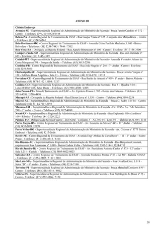 20
ANEXO III
Cidade/Endereço
Aracaju-SE - Superintendência Regional de Administração do Ministério da Fazenda - Praça Fausto Cardoso nº 372 -
Centro - Telefones: (79) 2104-6424/6448
Belém-PA - Centro Regional de Treinamento da ESAF - Rua Gaspar Viana nº 125 - Conjunto dos Mercedários – Centro
- Telefones: (91) 3242-6261
Belo Horizonte-MG - Centro Regional de Treinamento da ESAF - Avenida Celso Porfírio Machado, 1.100 - Bairro
Belvedere - Telefones: (31) 3254-7445 / 7446 / 7302
Boa Vista-RR - Delegacia da Receita Federal - Rua Agnelo Bittencourt nº 106 - Centro - Telefone: (95) 3198-3600
Campo Grande-MS - Superintendência Regional de Administração do Ministério da Fazenda - Rua da Liberdade nº
623 - Telefone: (67) 3345-4119
Cuiabá-MT - Superintendência Regional de Administração do Ministério da Fazenda - Avenida Vereador Juliano da
Costa Marques nº 99 – Bosque da Saúde - Telefone: (65) 3615-2206
Curitiba-PR - Centro Regional de Treinamento da ESAF - Rua João Negrão n° 246 - 7° Andar - Centro - Telefone:
(41) 3259-5800
Florianópolis-SC - Superintendência Regional de Administração do Ministério da Fazenda - Praça Getúlio Vargas n°
138 - Edifício Dona Angelina - Sala 01 - Térreo - Telefone: (48) 3216-8711 / 8713
Fortaleza-CE - Centro Regional de Treinamento da ESAF - Rua Barão de Aracati nº 909 - 1º andar - Bairro Aldeota -
Telefones: (85) 3878-3102 / 3104 / 3217
Goiânia-GO – Superintendência Regional de Administração do Ministério da Fazenda - Rua 6 – Quadra F-04 –
Lotes38/40 nº 483- Setor Oeste – Telefones: (62) 3901-4300 / 4305
João Pessoa-PB - Pólo de Treinamento da ESAF – Av. Epitácio Pessoa 1.705 - Bairro dos Estados - Telefones: (83)
3216-4596 / 3216-4496
Macapá-AP - Delegacia da Receita Federal - Rua Eliezer Levy nº 1.350 – Centro - Telefone: (96) 3198-2258
Maceió-AL - Superintendência Regional de Administração do Ministério da Fazenda – Praça D. Pedro II nº 16 – Centro
Telefones: (82) 3311-2720 / 2993
Manaus-AM – Superintendência Regional de Administração do Ministério da Fazenda - Ed. INSS - Av. 7 de Setembro,
280 – 1º andar – Centro - Telefones: (92) 3622-4880
Natal-RN - Superintendência Regional de Administração do Ministério da Fazenda - Rua Esplanada Silva Jardim nº
109 - Ribeira - Telefone: (84) 3220-2222
Palmas-TO - Delegacia da Receita Federal - 202 Norte - Conjunto 3 – Av. NO 04 - Lote 5/6 - Telefone: (63) 3901-1144
Porto Alegre-RS - Centro Regional de Treinamento da ESAF - Av. Loureiro da Silva n° 445 - 11° Andar - Telefone:
(51) 3455-2054 / 2070
Porto Velho-RO - Superintendência Regional de Administração do Ministério da Fazenda - Av. Calama n° 3775 Bairro
Embratel - Telefone: (69) 3217-5616
Recife-PE - Centro Regional de Treinamento da ESAF - Avenida Engº Abdias de Carvalho nº 1.111 – 1º andar – Bairro
Prado - Telefones: (81) 3236-8313 / 8314
Rio Branco-AC - Superintendência Regional de Administração do Ministério da Fazenda - Rua Benjamin Constant,
esquina com Rua Amazonas nº 1.088 - Bairro Cadeia Velha - Telefones: (68) 3302-3144 / 3224-4712
Rio de Janeiro-RJ - Centro Regional de Treinamento da ESAF - Av. Presidente Antonio Carlos nº 375 - 12º andar -
Sala 1.211 - Castelo - Telefones: (21) 3805-4022/4023
Salvador-BA - Centro Regional de Treinamento da ESAF - Avenida Frederico Pontes nº 03 - Ed. MF - Galeria NESAF
- Telefones: (71) 3254-5107 / 5112 / 5101
São Luís-MA - Superintendência Regional de Administração do Ministério da Fazenda - Rua Osvaldo Cruz, 1.618 -
Setor “D” – 6º andar - Centro - Telefones: (98) 3218-7190
Teresina-PI - Superintendência Regional de Administração do Ministério da Fazenda - Praça Marechal Deodoro S/Nº -
Centro - Telefones: (86) 3215-8016 / 8012
Vitória-ES - Superintendência Regional de Administração do Ministério da Fazenda - Rua Pietrângelo do Biase nº 56 -
Centro - Telefone: (27) 3232-5106 / 5150
 