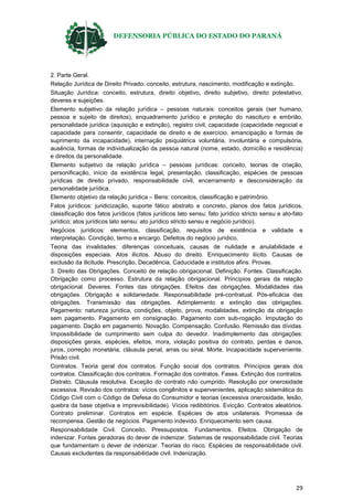DEFENSORIA PÚBLICA DO ESTADO DO PARANÁ
29
2. Parte Geral.
Relação Jurídica de Direito Privado: conceito, estrutura, nascimento, modificação e extinção.
Situação Jurídica: conceito, estrutura, direito objetivo, direito subjetivo, direito potestativo,
deveres e sujeições.
Elemento subjetivo da relação jurídica – pessoas naturais: conceitos gerais (ser humano,
pessoa e sujeito de direitos), enquadramento jurídico e proteção do nascituro e embrião,
personalidade jurídica (aquisição e extinção), registro civil, capacidade (capacidade negocial e
capacidade para consentir, capacidade de direito e de exercício, emancipação e formas de
suprimento da incapacidade), internação psiquiátrica voluntária, involuntária e compulsória,
ausência, formas de individualização da pessoa natural (nome, estado, domicílio e residência)
e direitos da personalidade.
Elemento subjetivo da relação jurídica – pessoas jurídicas: conceito, teorias de criação,
personificação, início da existência legal, presentação, classificação, espécies de pessoas
jurídicas de direito privado, responsabilidade civil, encerramento e desconsideração da
personalidade jurídica.
Elemento objetivo da relação jurídica – Bens: conceitos, classificação e patrimônio.
Fatos jurídicos: juridicização, suporte fático abstrato e concreto, planos dos fatos jurídicos,
classificação dos fatos jurídicos (fatos jurídicos lato sensu: fato jurídico stricto sensu e ato-fato
jurídico; atos jurídicos lato sensu: ato jurídico stricto sensu e negócio jurídico).
Negócios jurídicos: elementos, classificação, requisitos de existência e validade e
interpretação. Condição, termo e encargo. Defeitos do negócio jurídico.
Teoria das invalidades: diferenças conceituais, causas de nulidade e anulabilidade e
disposições especiais. Atos ilícitos. Abuso do direito. Enriquecimento ilícito. Causas de
exclusão da ilicitude. Prescrição, Decadência, Caducidade e institutos afins. Provas.
3. Direito das Obrigações. Conceito de relação obrigacional. Definição. Fontes. Classificação.
Obrigação como processo. Estrutura da relação obrigacional. Princípios gerais da relação
obrigacional. Deveres. Fontes das obrigações. Efeitos das obrigações. Modalidades das
obrigações. Obrigação e solidariedade. Responsabilidade pré-contratual. Pós-eficácia das
obrigações. Transmissão das obrigações. Adimplemento e extinção das obrigações.
Pagamento: natureza jurídica, condições, objeto, prova, modalidades, extinção da obrigação
sem pagamento. Pagamento em consignação. Pagamento com sub-rogação. Imputação do
pagamento. Dação em pagamento. Novação. Compensação. Confusão. Remissão das dívidas.
Impossibilidade de cumprimento sem culpa do devedor. Inadimplemento das obrigações:
disposições gerais, espécies, efeitos, mora, violação positiva do contrato, perdas e danos,
juros, correção monetária, cláusula penal, arras ou sinal. Morte. Incapacidade superveniente.
Prisão civil.
Contratos. Teoria geral dos contratos. Função social dos contratos. Princípios gerais dos
contratos. Classificação dos contratos. Formação dos contratos. Fases. Extinção dos contratos.
Distrato. Cláusula resolutiva. Exceção do contrato não cumprido. Resolução por onerosidade
excessiva. Revisão dos contratos: vícios congênitos e supervenientes, aplicação sistemática do
Código Civil com o Código de Defesa do Consumidor e teorias (excessiva onerosidade, lesão,
quebra da base objetiva e imprevisibilidade). Vícios redibitórios. Evicção. Contratos aleatórios.
Contrato preliminar. Contratos em espécie. Espécies de atos unilaterais. Promessa de
recompensa. Gestão de negócios. Pagamento indevido. Enriquecimento sem causa.
Responsabilidade Civil. Conceito. Pressupostos. Fundamentos. Efeitos. Obrigação de
indenizar. Fontes geradoras do dever de indenizar. Sistemas de responsabilidade civil. Teorias
que fundamentam o dever de indenizar. Teorias do risco. Espécies de responsabilidade civil.
Causas excludentes da responsabilidade civil. Indenização.
 