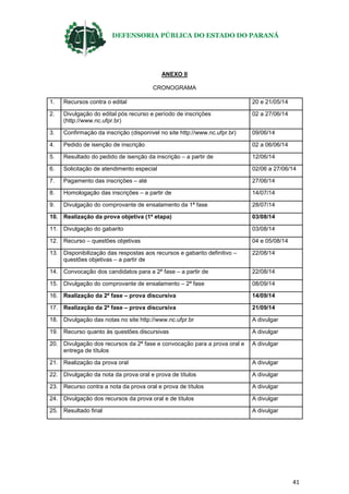 DEFENSORIA PÚBLICA DO ESTADO DO PARANÁ
41
ANEXO II
CRONOGRAMA
1. Recursos contra o edital 20 e 21/05/14
2. Divulgação do edital pós recurso e período de inscrições
(http://www.nc.ufpr.br)
02 a 27/06/14
3. Confirmação da inscrição (disponível no site http://www.nc.ufpr.br) 09/06/14
4. Pedido de isenção de inscrição 02 a 06/06/14
5. Resultado do pedido de isenção da inscrição – a partir de 12/06/14
6. Solicitação de atendimento especial 02/06 a 27/06/14
7. Pagamento das inscrições – até 27/06/14
8. Homologação das inscrições – a partir de 14/07/14
9. Divulgação do comprovante de ensalamento da 1ª fase 28/07/14
10. Realização da prova objetiva (1ª etapa) 03/08/14
11. Divulgação do gabarito 03/08/14
12. Recurso – questões objetivas 04 e 05/08/14
13. Disponibilização das respostas aos recursos e gabarito definitivo –
questões objetivas – a partir de
22/08/14
14. Convocação dos candidatos para a 2ª fase – a partir de 22/08/14
15. Divulgação do comprovante de ensalamento – 2ª fase 08/09/14
16. Realização da 2ª fase – prova discursiva 14/09/14
17. Realização da 2ª fase – prova discursiva 21/09/14
18. Divulgação das notas no site http://www.nc.ufpr.br A divulgar
19. Recurso quanto às questões discursivas A divulgar
20. Divulgação dos recursos da 2ª fase e convocação para a prova oral e
entrega de títulos
A divulgar
21. Realização da prova oral A divulgar
22. Divulgação da nota da prova oral e prova de títulos A divulgar
23. Recurso contra a nota da prova oral e prova de títulos A divulgar
24. Divulgação dos recursos da prova oral e de títulos A divulgar
25. Resultado final A divulgar
 