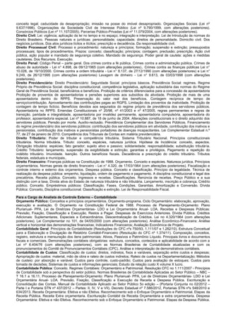 conceito legal; caducidade da desapropriação; imissão na posse do imóvel desapropriado. Organizações Sociais (Lei nº 9.637/1998). Organizações da Sociedade Civil de Interesse Público (Lei nº 9.790/1999, com alterações posteriores). Consórcios Públicos (Lei nº 11.107/2005). Parcerias Público-Privadas (Lei nº 11.079/2004, com alterações posteriores). Direito Civil: Lei: vigência; aplicação da lei no tempo e no espaço; integração e interpretação. Lei de Introdução às normas do Direito Brasileiro. Pessoas naturais e jurídicas: personalidade; capacidade; direitos de personalidade. Domicílio civil. Dos negócios jurídicos. Dos atos jurídicos lícitos e ilícitos; prescrição e decadência. Da responsabilidade civil. 
Direito Processual Civil: Processo e procedimento: natureza e princípios; formação; suspensão e extinção; pressupostos processuais; tipos de procedimentos. Prazos: conceito; classificação; princípios; contagem; preclusão; prescrição. Ação civil pública, ação popular e mandado de segurança coletivo. Mandado de segurança. Poder geral de cautela: ações e medidas cautelares. Dos Recursos. Execução. 
Direito Penal: Código Penal – parte geral. Dos crimes contra a fé pública. Crimes contra a administração pública. Crimes de abuso de autoridade - Lei n° 4.898, de 09/12/1965 (com alterações posteriores).. Crimes contra as finanças públicas Lei n° 10.028, de 19/10/2000. Crimes contra a ordem tributária - Lei n° 8.137, de 27/12/1990 (com alterações posteriores) e Lei n° 9.249, de 26/12/1995 (com alterações posteriores) Lavagem de dinheiro - Lei n° 9.613, de 03/03/1998 (com alterações posteriores). 
Direito Previdenciário: Direito Previdenciário: Seguridade Social: princípios básicos. Previdência Social: regimes. Regime Próprio de Previdência Social: disciplina constitucional, competência legislativa, aplicação subsidiária das normas do Regime Geral de Previdência Social, beneficiários e benefícios. Proibição de critérios diferenciados para a concessão de aposentadoria Proibição de proventos de aposentadorias e pensões superiores aos subsídios da atividade. Proibição de mais de uma aposentadoria dentro do RPPS. Preservação do valor real dos benefícios. Contagem recíproca de tempo de serviço/contribuição. Aproveitamento das contribuições pagas ao RGPS. Limitação dos proventos da inatividade. Proibição de contagem de tempo fictício. Benefícios devidos aos segurados do regime próprio de previdência dos servidores públicos. Aposentadoria no RPPS: Emendas Constitucionais nº 20/98, nº 41/2003 e nº 47/2005, regras permanentes e regras de transição, paridade e integralidade, aposentadoria por invalidez permanente, aposentadoria compulsória, aposentadoria do professor, aposentadoria especial. Lei nº 10.887, de 18 de junho de 2004. Alterações constitucionais e o direito adquirido dos servidores públicos. Pensão por morte. Auxílio-reclusão. Previdência Complementar dos Servidores Públicos. Financiamento do regime previdenciário dos servidores públicos: contribuição dos servidores públicos em atividade, contribuição dos inativos e pensionistas, contribuição dos inativos e pensionistas portadores de doenças incapacitantes. Lei Complementar Estadual n.º 77, de 27 de janeiro de 2010. Competência dos Tribunais de Contas em matéria previdenciária. 
Direito Tributário: Poder de tributar e competência tributária. Sistema Tributário Nacional. Princípios constitucionais tributários. Norma tributária. Tributo: conceito, espécies, natureza jurídica. Hipótese de Incidência: conceito, aspectos. Obrigação tributária: espécies; fato gerador; sujeito ativo e passivo; solidariedade; responsabilidade; substituição tributária. Crédito Tributário: lançamento, suspensão da exigibilidade e extinção; garantias e privilégios. Pagamento e repetição do indébito tributário. Imunidade. Isenção. Outros benefícios fiscais. Decadência e prescrição do crédito tributário. Tributos federais, estaduais e municipais.. 
Direito Financeiro: Finanças públicas na Constituição de 1988. Orçamento. Conceito e espécies. Natureza jurídica. Princípios orçamentários. Normas gerais de direito financeiro - Lei n° 4.320, de 17/03/1964 (com alterações posteriores). Fiscalização e controle interno e externo dos orçamentos. Despesa pública. Conceito e classificação. Princípio da legalidade. Técnica de realização da despesa pública: empenho, liquidação, ordem de pagamento e pagamento. A disciplina constitucional e legal dos precatórios. Receita pública. Conceito. Ingressos e receitas. Classificações. Renúncia de receitas. Preço Público e a sua distinção com a taxa. Dívida ativa do Estado de natureza tributária e não tributária. Lançamento, inscrição e cobrança. Crédito público. Conceito. Empréstimos públicos: Classificação. Fases. Condições. Garantias. Amortização e Conversão. Dívida Pública: Conceito, Disciplina constitucional. Classificação e extinção. Lei de Responsabilidade Fiscal. 
Para o Cargo de Analista de Controle Externo – Contabilidade 
Orçamento Público: Conceitos e princípios orçamentários. Orçamento-programa. Ciclo Orçamentário: elaboração, aprovação, execução e avaliação. O Orçamento na Constituição Federal de 1988. Processo de Planejamento-Orçamento: Plano Plurianual- PPA, Lei de Diretrizes Orçamentárias- LDO e Lei Orçamentária Anual- LOA. Receitas e Despesas Públicas: Previsão, Fixação, Classificação e Execução. Restos a Pagar. Despesas de Exercícios Anteriores. Dívida Pública. Créditos Adicionais: Suplementares, Especiais e Extraordinários. Descentralização de Créditos. Lei no 4.320/1964 (com alterações posteriores). Lei Complementar no 101, de 04/05/2000 (com alterações posteriores). Análise Econômico-Financeira: Análise vertical e horizontal das demonstrações financeiras; Indicadores Financeiros; Avaliação Econômica de Projeto. 
Contabilidade Geral: Princípios de Contabilidade (Resoluções do CFC nºs 750/93, 1.111/07 e 1.282/10). Estrutura Conceitual para a Elaboração e Divulgação de Relatório Contábil-Financeiro (Resolução do CFC nº 1.374/11). Composição, conceitos, registro, estrutura e mensuração dos itens patrimoniais: Ativos, Passivos e Patrimônio Líquido. Principais livros e documentos fiscais e comerciais. Demonstrações contábeis obrigatórias: estrutura, conceitos, conteúdos e aplicabilidade de acordo com a Lei nº 6.404/76 (com alterações posteriores), com as Normas Brasileiras de Contabilidade atualizadas e com os pronunciamentos do Comitê de Pronunciamentos Contábeis (CPC). Análise e interpretação de demonstrativos contábeis. 
Contabilidade de Custos: Classificação de custos: diretos, indiretos, fixos e variáveis, separação entre custos e despesas; Apropriação de custos: material, mão de obra e rateio de custos indiretos; Rateio de custos na Departamentalização; Métodos de custeio: por absorção e variável; Custos para controle, custo-padrão; Custos para avaliação de estoques; Custos para tomada de decisões; Sistemas de custos e informações gerenciais; Estudo da relação custo X volume X lucro. 
Contabilidade Pública: Conceito. Regimes Contábeis: Orçamentário e Patrimonial. Resolução CFC no 1.111/2007 - Princípios de Contabilidade sob a perspectiva do setor público. Normas Brasileiras de Contabilidade Aplicadas ao Setor Público – NBC – T 16.1 a 16.11. Processo de Planejamento-Orçamento: Plano Plurianual- PPA, Lei de Diretrizes Orçamentárias- LDO e Lei Orçamentária Anual- LOA. Previsão, Fixação, Classificação e Execução da Receita e Despesa Pública. Escrituração e Consolidação das Contas. Manual de Contabilidade Aplicado ao Setor Público 5o edição – (Portaria Conjunta no 02/2012 – Parte I e Portaria STN nº 437/2012 – Partes: II, IV, V e VII). Decreto Estadual nº 7.586/2012, Portarias STN nºs 548/2010 e 634/2013. Receita Orçamentária: Efetiva e não Efetiva. Reconhecimento sob o Enfoque Orçamentário e Patrimonial. Etapas da Receita Pública. Receita Extra orçamentaria. Escrituração Contábil da Receita Orçamentária e extra orçamentaria. Despesa Orçamentária: Efetiva e não Efetiva. Reconhecimento sob o Enfoque Orçamentário e Patrimonial. Etapas da Despesa Pública.  