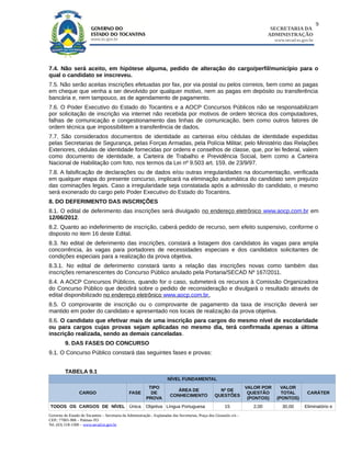 9
                                                                                                                                 SECRETARIA DA
                                                                                                                                ADMINISTRAÇÃO
                                                                                                                                   www.secad.to.gov.br




7.4. Não será aceito, em hipótese alguma, pedido de alteração do cargo/perfil/município para o
qual o candidato se inscreveu.
7.5. Não serão aceitas inscrições efetuadas por fax, por via postal ou pelos correios, bem como as pagas
em cheque que venha a ser devolvido por qualquer motivo, nem as pagas em depósito ou transferência
bancária e, nem tampouco, as de agendamento de pagamento.
7.6. O Poder Executivo do Estado do Tocantins e a AOCP Concursos Públicos não se responsabilizam
por solicitação de inscrição via internet não recebida por motivos de ordem técnica dos computadores,
falhas de comunicação e congestionamento das linhas de comunicação, bem como outros fatores de
ordem técnica que impossibilitem a transferência de dados.
7.7. São considerados documentos de identidade as carteiras e/ou cédulas de identidade expedidas
pelas Secretarias de Segurança, pelas Forças Armadas, pela Polícia Militar, pelo Ministério das Relações
Exteriores, cédulas de identidade fornecidas por ordens e conselhos de classe, que, por lei federal, valem
como documento de identidade, a Carteira de Trabalho e Previdência Social, bem como a Carteira
Nacional de Habilitação com foto, nos termos da Lei nº 9.503 art. 159, de 23/9/97.
7.8. A falsificação de declarações ou de dados e/ou outras irregularidades na documentação, verificada
em qualquer etapa do presente concurso, implicará na eliminação automática do candidato sem prejuízo
das cominações legais. Caso a irregularidade seja constatada após a admissão do candidato, o mesmo
será exonerado do cargo pelo Poder Executivo do Estado do Tocantins.
8. DO DEFERIMENTO DAS INSCRIÇÕES
8.1. O edital de deferimento das inscrições será divulgado no endereço eletrônico www.aocp.com.br em
12/06/2012.
8.2. Quanto ao indeferimento de inscrição, caberá pedido de recurso, sem efeito suspensivo, conforme o
disposto no item 16 deste Edital.
8.3. No edital de deferimento das inscrições, constará a listagem dos candidatos às vagas para ampla
concorrência, às vagas para portadores de necessidades especiais e dos candidatos solicitantes de
condições especiais para a realização da prova objetiva.
8.3.1. No edital de deferimento constará tanto a relação das inscrições novas como também das
inscrições remanescentes do Concurso Público anulado pela Portaria/SECAD Nº 167/2011.
8.4. A AOCP Concursos Públicos, quando for o caso, submeterá os recursos à Comissão Organizadora
do Concurso Público que decidirá sobre o pedido de reconsideração e divulgará o resultado através de
edital disponibilizado no endereço eletrônico www.aocp.com.br.
8.5. O comprovante de inscrição ou o comprovante de pagamento da taxa de inscrição deverá ser
mantido em poder do candidato e apresentado nos locais de realização da prova objetiva.
8.6. O candidato que efetivar mais de uma inscrição para cargos do mesmo nível de escolaridade
ou para cargos cujas provas sejam aplicadas no mesmo dia, terá confirmada apenas a última
inscrição realizada, sendo as demais canceladas.
         9. DAS FASES DO CONCURSO
9.1. O Concurso Público constará das seguintes fases e provas:


         TABELA 9.1
                                                                        NÍVEL FUNDAMENTAL
                                                            TIPO                                                       VALOR POR      VALOR
                                                                            ÁREA DE                    Nº DE
                  CARGO                         FASE         DE                                                         QUESTÃO       TOTAL        CARÁTER
                                                                         CONHECIMENTO                QUESTÕES
                                                           PROVA                                                        (PONTOS)    (PONTOS)
TODOS OS CARGOS DE NÍVEL Única                             Objetiva Língua Portuguesa                      15            2,00         30,00      Eliminatório e
Governo do Estado do Tocantins – Secretaria da Administração - Esplanadas das Secretarias, Praça dos Girassóis s/n –
CEP.: 77001-906 – Palmas-TO
Tel. (63) 218-1500 – www.secad.to.gov.br
 