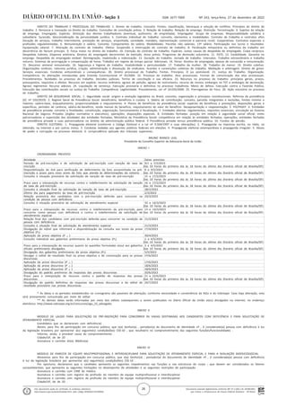 Documento assinado digitalmente conforme MP nº 2.200-2 de 24/08/2001,
que institui a Infraestrutura de Chaves Públicas Brasileira - ICP-Brasil.
Este documento pode ser verificado no endereço eletrônico
http://www.in.gov.br/autenticidade.html, pelo código 05302022122700026
26
Nº 243, terça-feira, 27 de dezembro de 2022
ISSN 1677-7069
Seção 3
DIREITO DO TRABALHO E PROCESSUAL DO TRABALHO: 1. Direito do trabalho. Conceito. Fontes: classificação, hierarquia e solução de conflitos. Princípios do direito do
trabalho. 2. Renúncia e transação no direito do trabalho. Comissões de conciliação prévia. 3. Relação de trabalho. Relação de emprego. Distinção. Terceirização. 4. Sujeitos da relação
de emprego. Empregado. Espécies. Distinção dos demais trabalhadores (eventual, autônomo, de empreitada). Empregador. Grupo de empresas. Responsabilidade solidária e
subsidiária. Sucessão. Desconsideração da personalidade jurídica. 5. Contrato individual do trabalho: conceito, elementos e modalidades. Contrato de trabalho e contratos afins
(locação de serviços, trabalho intermitente, prestação de serviços, empreitada, sociedade, mandato, representação comercial e parceria rural). Cooperativas. Contratos especiais e
profissões regulamentadas. 6. Remuneração e salário. Conceito. Componentes do salário. Modalidades. Parcelas não salariais. 13º salário. Participação nos lucros e resultados.
Equiparação salarial. 7. Alteração do contrato de trabalho. Efeitos. Suspensão e interrupção do contrato de trabalho. 8. Paralisação temporária ou definitiva do trabalho em
decorrência do factum principis. 9. Força maior no direito do trabalho. 10. Extinção do contrato de trabalho. Espécies. Justas causas de despedida do empregado. Culpa recíproca.
Despedida indireta. Dispensa arbitrária. Direitos do empregado decorrentes da extinção. Aviso prévio. Programas de demissão voluntária. 11. FGTS. 12. Estabilidade. Garantia no
emprego. Despedida do empregado estável. Reintegração, readmissão e indenização. 13. Duração do trabalho. Jornada de trabalho. Intervalos. Trabalho extraordinário e trabalho
noturno. Sistemas de prorrogação e compensação de horas. Trabalho em regime de tempo parcial. Adicionais. 14. Férias. Direitos do empregado, épocas de concessão e remuneração.
15. Descanso semanal remunerado. 16. Segurança e higiene do trabalho. Insalubridade e periculosidade. 17. Trabalho da mulher. 18. Trabalho do menor. 19. Direito coletivo.
Organizações sindicais: natureza jurídica, criação, administração e dissolução de sindicatos. Acordos e convenções coletivas de trabalho. Mediação e arbitragem. Direito de greve.
Serviços essenciais. Condutas antissindicais e consequências. 20. Direito processual do Trabalho. Fontes. Princípios. O jus postulandi. 21. Justiça do Trabalho. Organização.
Competência. As alterações introduzidas pela Emenda Constitucional nº 45/2004. 22. Processo do trabalho. Atos processuais. Formas de comunicação dos atos processuais.
Procedimentos. Nulidades no processo do trabalho. Decisões judiciais. Termo de conciliação e sua eficácia. 23. Recursos no processo do trabalho: princípios gerais, prazos,
pressupostos, requisitos e efeitos. Recursos em espécie: recurso ordinário, agravo de petição, agravo de instrumento, recurso de revista, embargos no TST e embargos de declaração.
Agravo regimental. Recurso adesivo. 24. Liquidação de sentença. Execução provisória e definitiva no processo trabalhista. Meios de defesa. Execução contra a Fazenda Pública.
Execução das contribuições sociais na Justiça do Trabalho. Competência. Legitimidade. Procedimento. Lei nº 10.035/2000. 25. Prerrogativas do Fisco. 26. Ação rescisória no processo
do trabalho.
DIREITO DA SEGURIDADE SOCIAL: 1. Seguridade social: origem e evolução legislativa no Brasil; conceito; organização e princípios constitucionais. Reforma da previdência
(EC nº 103/2019). 2. Regime Geral da Previdência Social: beneficiário, benefícios e custeio. 3. Salário de contribuição: conceito, parcelas integrantes e excluídas, limites mínimo e
máximo; salário-base, enquadramento, proporcionalidade e reajustamento. 4. Planos de benefícios da previdência social: espécies de benefícios e prestações, disposições gerais e
específicas, períodos de carência, salário-de-benefício, renda mensal do benefício, reajustamento do valor do benefício. Desaposentação e reaposentação. 5. PIS/PASEP. 6. Entidades
de previdência privada: conceito e finalidades, constituição, organização, funcionamento e fiscalização. 7. Entidades abertas: regulamentos, requisitos essenciais, vinculação ao Sistema
Nacional de Seguros Privados (órgãos normativo e executivo); operações; disposições especiais. 8. Entidades fechadas: posição em relação à seguridade social oficial; entes
patrocinadores e supervisão das atividades das entidades fechadas; Ministério da Previdência Social: competência em relação às entidades fechadas; operações; entidades fechadas
de previdência privada e suas patrocinadoras no âmbito da administração pública federal. 9 Previdência privada versus previdência pública. 10. Fundos de pensão.
DIREITO ELEITORAL: 1. Propaganda eleitoral (conforme o Código Eleitoral e a Lei nº 9.504/1997 e suas alterações). 2. Propaganda na imprensa escrita, no rádio, na
televisão, na Internet e por outros meios. 3. Condutas vedadas aos agentes públicos federais em eleições. 4. Propaganda eleitoral extemporânea e propaganda irregular. 5. Abuso
de poder e corrupção no processo eleitoral. 6. Jurisprudência aplicada dos tribunais superiores.
BRUNO BIANCO LEAL
Presidente do Conselho Superior da Advocacia-Geral da União
ANEXO I
CRONOGRAMA PREVISTO
. Atividade Datas previstas
. Período de pré-inscrições e de solicitação de pré-inscrição com isenção de taxa de
inscrição
9/1 a 7/2/2023
Das 10 horas do primeiro dia às 18 horas do último dia (horário oficial de Brasília/DF)
. Disponibilização do link para verificação de deferimento da foto encaminhada na pré-
inscrição e prazo para novo envio de foto que atenda às determinações do sistema
8 e 9/2/2023
Das 10 horas do primeiro dia às 18 horas do último dia (horário oficial de Brasília/DF)
. Consulta à situação provisória da solicitação de isenção de taxa de pré-inscrição 15 a 17/2/2023
Das 10 horas do primeiro dia às 18 horas do último dia (horário oficial de Brasília/DF)
. Prazo para a interposição de recursos contra o indeferimento da solicitação de isenção
de taxa de pré-inscrição
16 e 17/2/2023
Das 10 horas do primeiro dia às 18 horas do último dia (horário oficial de Brasília/DF)
. Consulta à situação final da solicitação de isenção de taxa de pré-inscrição 28/2/2023
. Último dia para pagamento da taxa de pré-inscrição 2/3/2023
. Relação provisória dos candidatos com a pré-inscrição deferida para concorrer na
condição de pessoa com deficiência
10/3/2023
. Consulta à situação provisória da solicitação de atendimento especial 10 a 14/3/2023
Das 10 horas do primeiro dia às 18 horas do último dia (horário oficial de Brasília/DF)
. Prazo para a interposição de recursos contra o indeferimento da pré-inscrição para
concorrer como pessoa com deficiência e contra o indeferimento da solicitação de
atendimento especial
13 e 14/3/2023
Das 10 horas do primeiro dia às 18 horas do último dia (horário oficial de Brasília/DF)
. Relação final dos candidatos com pré-inscrição deferida para concorrer na condição de
pessoa com deficiência
21/3/2023
. Consulta à situação final da solicitação de atendimento especial 21/3/2023
. Divulgação do edital que informará a disponibilização da consulta aos locais da prova
objetiva (P1)
17/4/2023
. Aplicação da prova objetiva (P 1 ) 30/4/2023
. Consulta individual aos gabaritos preliminares da prova objetiva (P1) 2 a 4/5/2023
Das 10 horas do primeiro dia às 18 horas do último dia (horário oficial de Brasília/DF)
. Prazo para a interposição de recursos quanto às questões formuladas e(ou) aos gabaritos
oficiais preliminares divulgados
3 e 4/5/2023
Das 10 horas do primeiro dia às 18 horas do último dia (horário oficial de Brasília/DF)
. Divulgação dos gabaritos preliminares da prova objetiva (P1) 5/5/2023
. Divulgar o edital de resultado final na prova objetiva e de convocação para as provas
discursivas
1º/6/2023
. Aplicação da prova discursiva (P 2 ) 17/6/2023
. Aplicação da prova discursiva (P 3 ) 18/6/2023
. Aplicação da prova discursiva (P 4 ) 18/6/2023
. Divulgação do padrão preliminar de respostas das provas discursivas 20/6/2023
. Prazo para a interposição de recursos contra o padrão de respostas das provas
discursivas
21 e 22/6/2023
Das 10 horas do primeiro dia às 18 horas do último dia (horário oficial de Brasília/DF)
. Divulgação do padrão definitivo de respostas das provas discursivas e do edital de
resultado provisório nas provas discursivas
24/7/2023
* As datas e os períodos estabelecidos no cronograma são passíveis de alteração, conforme necessidade e conveniência da AGU e do Cebraspe. Caso haja alteração, esta
será previamente comunicada por meio de edital.
** As demais datas serão informadas por meio dos editais subsequentes a serem publicados no Diário Oficial da União e(ou) divulgados na internet, no endereço
eletrônico http://www.cebraspe.org.br/concursos/agu_22_advogado.
ANEXO II
MODELO DE LAUDO PARA SOLICITAÇÃO DE PRÉ-INSCRIÇÃO PARA CONCORRER ÀS VAGAS DESTINADAS AOS CANDIDATOS COM DEFICIÊNCIA E PARA SOLICITAÇÃO DE
ATENDIMENTO ESPECIAL
(candidatos que se declararam com deficiência)
Atesto, para fins de participação em concurso público, que o(a) Senhor(a) , portador(a) do documento de identidade nº , é considerado(a) pessoa com deficiência à luz
da legislação brasileira por apresentar a(s) seguinte(s) condição(ões) CID-10 , que resulta(m) no comprometimento das seguintes funções/funcionalidades .
Informo, ainda, a provável causa do comprometimento .
Cidade/UF, de de 20 .
Assinatura e carimbo do(a) Médico(a)
ANEXO III
MODELO DE PARECER DE EQUIPE MULTIPROFISSIONAL E INTERDISCIPLINAR PARA SOLICITAÇÃO DE ATENDIMENTO ESPECIAL E PARA A AVALIAÇÃO BIOPSICOSSOCIAL
Atestamos para fins de participação em concurso público, que o(a) Senhor(a) , portador(a) do documento de identidade nº , é considerado(a) pessoa com deficiência
à luz da legislação brasileira por apresentar a(s) seguinte(s) condição(ões) CID-10 .
Por oportuno, declaramos que o candidato apresenta os seguintes impedimentos nas funções e nas estruturas do corpo ; que devem ser considerados os fatores
socioambientais; que apresenta as seguintes limitações no desempenho de atividades e as seguintes restrições de participação .
Assinatura e carimbo com CRM do médico
Assinatura e carimbo com registro da profissão do membro de equipe multiprofissional e interdisciplinar
Assinatura e carimbo com registro da profissão do membro de equipe multiprofissional e interdisciplinar
Cidade/UF, de de 20 .
 