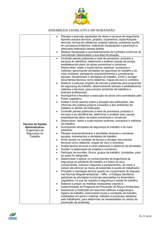 ASSEMBLEIA LEGISLATIVA DO MARANHÃO
Fls. 51 de 84
 Planejar e executar aquisições de obras e serviços de engenharia
fazendo estudos técnicos, projetos, orçamentos, especificações
técnicas, termos de referência, projetos básicos, prestando auxílio
em processos licitatórios, realizando fiscalizações e garantindo a
adequada realização dessas tarefas.
 Realizar fiscalização e acompanhamento de contratos contínuos de
manutenção relacionados a sua área de atuação.
Técnico de Gestão
Administrativa-
Engenheiro de
Segurança no
Trabalho
 Controlar perdas potenciais e reais de processos, produtos e
serviços ao identificar, determinar e analisar causas de perdas,
estabelecendo plano de ações preventivas e corretivas.
Desenvolver, testar e supervisionar sistemas, processos e
métodos, gerenciando atividades de segurança do trabalho e do
meio ambiente, planejando empreendimentos e coordenando
equipes, treinamentos e atividades de trabalho. Emitir e divulgar
documentos técnicos como relatórios, mapas de risco e contratos.
 Elaborar e executar projetos de normas e sistemas para programas
de segurança do trabalho, desenvolvendo estudos e estabelecendo
métodos e técnicas, para prevenir acidentes de trabalhos e
doenças profissionais;
 Acompanhar e fiscalizar a execução de obras civis contratadas pelo
Poder Legislativo;
 Avaliar e emitir parecer sobre a situação das edificações, das
reformas dos prédios próprios e locados e dos ambientes de
trabalho no âmbito da Instituição;
 Controlar perdas potenciais e reais de processos, produtos e
serviços e ao identificá-las, determinar e analisar suas causas,
estabelecendo plano de ações preventivas e corretivas;
 Desenvolver, testar e supervisionar sistemas, processos e métodos
de trabalho;
 Acompanhar atividades de segurança do trabalho e do meio
ambiente;
 Planejar empreendimentos e atividades diversas e coordenar
equipes, treinamentos e atividades de trabalho;
 Emitir laudos na condição de técnico e divulgar documentos
técnicos como relatórios, mapas de risco e contratos;
 Avaliar laudos técnicos e emitir pareceres e relatórios de atividades;
 Auxiliar na elaboração de projetos e convênios;
 Participar de reuniões, fóruns, grupos de trabalho, comissões, para
as quais for designado;
 Desenvolver e aplicar os conhecimentos de engenharia de
segurança ao ambiente de trabalho e a todos os seus
componentes, inclusive máquinas e equipamentos, de modo a
reduzir até eliminar os riscos ali existentes à saúde do trabalhador;
 Proceder a orientação técnica quanto ao cumprimento do disposto
nas Normas Regulamentadoras – NRs - e Códigos Sanitários
aplicáveis às atividades funcionais executadas na Assembleia
Legislativa, no que diz respeito à segurança e saúde do trabalho;
 Elaborar e propor as medidas necessárias visando a
implementação do Programa de Prevenção de Riscos Ambientais;
 Assessorar a Instituição em assuntos relativos à segurança e
higiene do trabalho, examinando locais e condições de trabalho,
instalações em geral e material, métodos e processos adotados
pelo trabalhador, para determinar as necessidades no campo da
prevenção de acidentes;
 