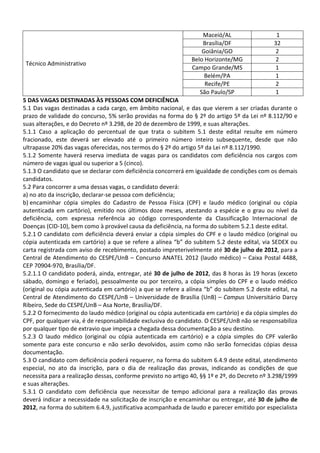 Maceió/AL                    1
                                                                   Brasília/DF                 32
                                                                   Goiânia/GO                  2
                                                               Belo Horizonte/MG               2
 Técnico Administrativo
                                                               Campo Grande/MS                 1
                                                                    Belém/PA                   1
                                                                    Recife/PE                  2
                                                                  São Paulo/SP                 1
5 DAS VAGAS DESTINADAS ÀS PESSOAS COM DEFICIÊNCIA
5.1 Das vagas destinadas a cada cargo, em âmbito nacional, e das que vierem a ser criadas durante o
prazo de validade do concurso, 5% serão providas na forma do § 2º do artigo 5º da Lei nº 8.112/90 e
suas alterações, e do Decreto nº 3.298, de 20 de dezembro de 1999, e suas alterações.
5.1.1 Caso a aplicação do percentual de que trata o subitem 5.1 deste edital resulte em número
fracionado, este deverá ser elevado até o primeiro número inteiro subsequente, desde que não
ultrapasse 20% das vagas oferecidas, nos termos do § 2º do artigo 5º da Lei nº 8.112/1990.
5.1.2 Somente haverá reserva imediata de vagas para os candidatos com deficiência nos cargos com
número de vagas igual ou superior a 5 (cinco).
5.1.3 O candidato que se declarar com deficiência concorrerá em igualdade de condições com os demais
candidatos.
5.2 Para concorrer a uma dessas vagas, o candidato deverá:
a) no ato da inscrição, declarar-se pessoa com deficiência;
b) encaminhar cópia simples do Cadastro de Pessoa Física (CPF) e laudo médico (original ou cópia
autenticada em cartório), emitido nos últimos doze meses, atestando a espécie e o grau ou nível da
deficiência, com expressa referência ao código correspondente da Classificação Internacional de
Doenças (CID-10), bem como à provável causa da deficiência, na forma do subitem 5.2.1 deste edital.
5.2.1 O candidato com deficiência deverá enviar a cópia simples do CPF e o laudo médico (original ou
cópia autenticada em cartório) a que se refere a alínea “b” do subitem 5.2 deste edital, via SEDEX ou
carta registrada com aviso de recebimento, postado impreterivelmente até 30 de julho de 2012, para a
Central de Atendimento do CESPE/UnB – Concurso ANATEL 2012 (laudo médico) – Caixa Postal 4488,
CEP 70904-970, Brasília/DF.
5.2.1.1 O candidato poderá, ainda, entregar, até 30 de julho de 2012, das 8 horas às 19 horas (exceto
sábado, domingo e feriado), pessoalmente ou por terceiro, a cópia simples do CPF e o laudo médico
(original ou cópia autenticada em cartório) a que se refere a alínea “b” do subitem 5.2 deste edital, na
Central de Atendimento do CESPE/UnB – Universidade de Brasília (UnB) – Campus Universitário Darcy
Ribeiro, Sede do CESPE/UnB – Asa Norte, Brasília/DF.
5.2.2 O fornecimento do laudo médico (original ou cópia autenticada em cartório) e da cópia simples do
CPF, por qualquer via, é de responsabilidade exclusiva do candidato. O CESPE/UnB não se responsabiliza
por qualquer tipo de extravio que impeça a chegada dessa documentação a seu destino.
5.2.3 O laudo médico (original ou cópia autenticada em cartório) e a cópia simples do CPF valerão
somente para este concurso e não serão devolvidos, assim como não serão fornecidas cópias dessa
documentação.
5.3 O candidato com deficiência poderá requerer, na forma do subitem 6.4.9 deste edital, atendimento
especial, no ato da inscrição, para o dia de realização das provas, indicando as condições de que
necessita para a realização dessas, conforme previsto no artigo 40, §§ 1º e 2º, do Decreto nº 3.298/1999
e suas alterações.
5.3.1 O candidato com deficiência que necessitar de tempo adicional para a realização das provas
deverá indicar a necessidade na solicitação de inscrição e encaminhar ou entregar, até 30 de julho de
2012, na forma do subitem 6.4.9, justificativa acompanhada de laudo e parecer emitido por especialista
 