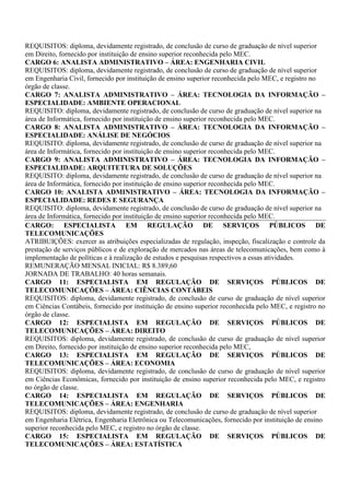 REQUISITOS: diploma, devidamente registrado, de conclusão de curso de graduação de nível superior
em Direito, fornecido por instituição de ensino superior reconhecida pelo MEC.
CARGO 6: ANALISTA ADMINISTRATIVO – ÁREA: ENGENHARIA CIVIL
REQUISITOS: diploma, devidamente registrado, de conclusão de curso de graduação de nível superior
em Engenharia Civil, fornecido por instituição de ensino superior reconhecida pelo MEC, e registro no
órgão de classe.
CARGO 7: ANALISTA ADMINISTRATIVO – ÁREA: TECNOLOGIA DA INFORMAÇÃO –
ESPECIALIDADE: AMBIENTE OPERACIONAL
REQUISITO: diploma, devidamente registrado, de conclusão de curso de graduação de nível superior na
área de Informática, fornecido por instituição de ensino superior reconhecida pelo MEC.
CARGO 8: ANALISTA ADMINISTRATIVO – ÁREA: TECNOLOGIA DA INFORMAÇÃO –
ESPECIALIDADE: ANÁLISE DE NEGÓCIOS
REQUISITO: diploma, devidamente registrado, de conclusão de curso de graduação de nível superior na
área de Informática, fornecido por instituição de ensino superior reconhecida pelo MEC.
CARGO 9: ANALISTA ADMINISTRATIVO – ÁREA: TECNOLOGIA DA INFORMAÇÃO –
ESPECIALIDADE: ARQUITETURA DE SOLUÇÕES
REQUISITO: diploma, devidamente registrado, de conclusão de curso de graduação de nível superior na
área de Informática, fornecido por instituição de ensino superior reconhecida pelo MEC.
CARGO 10: ANALISTA ADMINISTRATIVO – ÁREA: TECNOLOGIA DA INFORMAÇÃO –
ESPECIALIDADE: REDES E SEGURANÇA
REQUISITO: diploma, devidamente registrado, de conclusão de curso de graduação de nível superior na
área de Informática, fornecido por instituição de ensino superior reconhecida pelo MEC.
CARGO: ESPECIALISTA EM REGULAÇÃO DE SERVIÇOS PÚBLICOS DE
TELECOMUNICAÇÕES
ATRIBUIÇÕES: exercer as atribuições especializadas de regulação, inspeção, fiscalização e controle da
prestação de serviços públicos e de exploração de mercados nas áreas de telecomunicações, bem como à
implementação de políticas e à realização de estudos e pesquisas respectivos a essas atividades.
REMUNERAÇÃO MENSAL INICIAL: R$ 8.389,60
JORNADA DE TRABALHO: 40 horas semanais.
CARGO 11: ESPECIALISTA EM REGULAÇÃO DE SERVIÇOS PÚBLICOS DE
TELECOMUNICAÇÕES – ÁREA: CIÊNCIAS CONTÁBEIS
REQUISITOS: diploma, devidamente registrado, de conclusão de curso de graduação de nível superior
em Ciências Contábeis, fornecido por instituição de ensino superior reconhecida pelo MEC, e registro no
órgão de classe.
CARGO 12: ESPECIALISTA EM REGULAÇÃO DE SERVIÇOS PÚBLICOS DE
TELECOMUNICAÇÕES – ÁREA: DIREITO
REQUISITOS: diploma, devidamente registrado, de conclusão de curso de graduação de nível superior
em Direito, fornecido por instituição de ensino superior reconhecida pelo MEC,
CARGO 13: ESPECIALISTA EM REGULAÇÃO DE SERVIÇOS PÚBLICOS DE
TELECOMUNICAÇÕES – ÁREA: ECONOMIA
REQUISITOS: diploma, devidamente registrado, de conclusão de curso de graduação de nível superior
em Ciências Econômicas, fornecido por instituição de ensino superior reconhecida pelo MEC, e registro
no órgão de classe.
CARGO 14: ESPECIALISTA EM REGULAÇÃO DE SERVIÇOS PÚBLICOS DE
TELECOMUNICAÇÕES – ÁREA: ENGENHARIA
REQUISITOS: diploma, devidamente registrado, de conclusão de curso de graduação de nível superior
em Engenharia Elétrica, Engenharia Eletrônica ou Telecomunicações, fornecido por instituição de ensino
superior reconhecida pelo MEC, e registro no órgão de classe.
CARGO 15: ESPECIALISTA EM REGULAÇÃO DE SERVIÇOS PÚBLICOS DE
TELECOMUNICAÇÕES – ÁREA: ESTATÍSTICA
 