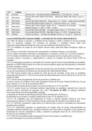 UF        Cidade                                            Endereço
SE     Aracaju            Acesso.com – Avenida Juscelino Kubistchek, n.º 226, Rua 36 – Centro
                          Acessa São Paulo Metrô São Bento – Boulevard Metrô São Bento, Loja 12 –
SP     São Paulo
                          Centro
SP     São Paulo          Acessa São Paulo Metrô Sé – Praça da Sé, s/n – Centro – Saída Anita Garibaldi
SP     São Paulo          Acessa São Paulo Poupa Tempo Sé – Praça do Carmo, s/n – Centro
                          Acessa São Paulo Poupa Tempo Sé II – Secretaria da Fazenda – Avenida
SP     São Paulo
                          Rangel Pestana, n.º 300, 1° andar – Centro
SP     São Paulo          Acessa São Paulo SEADE – Avenida Cásper Líbero, n.º 478 Térreo – Luz
SP     São Paulo          Acessa São Paulo SEADS – Rua Bela Cintra, n.º 1.032 – Cerqueira César
TO     Palmas             Arena Lan House – Avenida JK, Quadra 106 sul, n.º 19, sala 2 – Setor Sul

5.4 DAS DISPOSIÇÕES GERAIS SOBRE A INSCRIÇÃO NO CONCURSO PÚBLICO
5.4.1 Antes de efetuar a inscrição, o candidato deverá conhecer o edital e certificar-se de que preenche
todos os requisitos exigidos. No momento da inscrição, o candidato deverá optar pelo
cargo/área/especialidade/localidade da vaga e por uma cidade de realização de provas.
5.4.1.1 O candidato aos cargos de nível superior deverá, ainda, optar pela língua estrangeira: inglês ou
espanhol.
5.2.1.2 Uma vez efetivada a inscrição não será permitida, em hipótese alguma, a sua alteração.
5.4.2 É vedada a inscrição condicional, a extemporânea, a via postal, a via fax ou a via correio eletrônico.
5.4.3 É vedada a transferência do valor pago a título de taxa para terceiros ou para outros concursos.
5.4.4 Para efetuar a inscrição, é imprescindível o número de Cadastro de Pessoa Física (CPF) do
candidato.
5.4.5 As informações prestadas na solicitação de inscrição serão de inteira responsabilidade do candidato,
dispondo o CESPE/UnB do direito de excluir do concurso público aquele que não preencher o formulário
de forma completa e correta.
5.4.6 O valor referente ao pagamento da taxa de inscrição não será devolvido em hipótese alguma, salvo
em caso de cancelamento do certame por conveniência da Administração Pública.
5.4.7 Não haverá isenção total ou parcial do valor da taxa de inscrição, exceto para os candidatos
amparados pelo Decreto n.º 6.593, de 2 de outubro de 2008, publicado no Diário Oficial da União de 3 de
outubro de 2008.
5.4.7.1 Estará isento do pagamento da taxa de inscrição o candidato que:
a) estiver inscrito no Cadastro Único para Programas Sociais do Governo Federal (CadÚnico), de que
trata o Decreto n.º 6.135, de 26 de junho de 2007; e
b) for membro de família de baixa renda, nos termos do Decreto n.º 6.135, de 2007.
5.4.7.2 A isenção deverá ser solicitada mediante requerimento do candidato, disponível por meio do
aplicativo para a solicitação de inscrição, até o dia 7 de janeiro de 2009, no endereço eletrônico
www.cespe.unb.br/concursos/anatel2008, contendo:
a) indicação do Número de Identificação Social (NIS), atribuído pelo CadÚnico; e
b) declaração de que atende à condição estabelecida na letra “b” do subitem 5.4.7.1.
5.4.7.2.1 Os candidatos que não dispuserem de acesso à Internet poderão utilizar-se dos locais
relacionados no subitem 5.3 deste edital para efetuar a solicitação de inscrição com isenção de taxa.
5.4.7.3 A ANATEL consultará o órgão gestor do CadÚnico para verificar a veracidade das informações
prestadas pelo candidato.
5.4.7.4 As informações prestadas no requerimento de isenção serão de inteira responsabilidade do
candidato, podendo responder este, a qualquer momento, por crime contra a fé pública, o que acarreta sua
eliminação do concurso, aplicando-se, ainda, o disposto no parágrafo único do art. 10 do Decreto n.º
83.936, de 6 de setembro de 1979.
5.4.7.5 Não será concedida isenção de pagamento de taxa de inscrição ao candidato que:
a) omitir informações e/ou torná-las inverídicas;
 