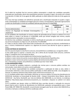 9.4 O edital de resultado final do concurso público contemplará a relação dos candidatos aprovados,
ordenados por classificação, dentro dos quantitativos previstos no quadro a seguir, de acordo com o Anexo
II do Decreto nº 6.944, de 21 de agosto de 2009, publicado no Diário Oficial da União de 24 de agosto de
2009.
9.4.1 Caso não haja candidato com deficiência aprovado até a classificação estipulada no quadro a seguir,
serão contemplados os candidatos da listagem geral em número correspondente, observada rigorosamente
a ordem de classificação e o limite de candidatos definido pelo Decreto nº 6.944/2009.
                                                                               Candidatos com
                            Cargos                                 Geral                           Total
                                                                                  deficiência
  Técnico Administrativo                                            108                6            114
  Técnico em Regulação da Atividade Cinematográfica e
                                                                     57                3             60
  Audiovisual
9.5 Os candidatos não classificados no número máximo de aprovados de que tratam os subitens 9.4 e 9.4.1
deste edital e o Anexo II do Decreto nº 6.944/2009, ainda que tenham atingido nota mínima, estarão
automaticamente reprovados no concurso público.
9.6 Nenhum dos candidatos empatados na última classificação de aprovados será considerado reprovado
nos termos do disposto no artigo 16, § 3º, do Decreto nº 6.944/2009.
9.7 Todos os cálculos citados neste edital serão considerados até a segunda casa decimal, arredondando-se
para o número imediatamente superior se o algarismo da terceira casa decimal for igual ou superior a
cinco.
10 DOS CRITÉRIOS DE DESEMPATE
10.1 Em caso de empate na nota final no concurso, terá preferência o candidato que, na seguinte ordem:
a) tiver idade igual ou superior a sessenta anos, até o último dia de inscrição neste concurso, conforme
artigo 27, parágrafo único, do Estatuto do Idoso;
b) obtiver a maior nota na prova objetiva de Conhecimentos Específicos (P2);
c) obtiver o maior número de acertos na prova objetiva de Conhecimentos Específicos (P2);
d) obtiver o maior número de acertos na prova objetiva de Conhecimentos Básicos (P1).
10.1.1 Persistindo o empate, terá preferência o candidato que tiver maior idade.
11 DAS DISPOSIÇÕES FINAIS
11.1 A inscrição do candidato implicará a aceitação das normas para o concurso público contidas nos
comunicados, neste edital e em outros a serem publicados.
11.2 É de inteira responsabilidade do candidato acompanhar a publicação de todos os atos, editais e
comunicados referentes a este concurso público publicados no Diário Oficial da União e/ou divulgados na
Internet, no endereço eletrônico http://www.cespe.unb.br/concursos/ancine_12.
11.3 O candidato poderá obter informações referentes ao concurso público na Central de Atendimento do
CESPE/UnB, localizada na Universidade de Brasília (UnB) – Campus Universitário Darcy Ribeiro, Sede do
CESPE/UnB – Asa Norte, Brasília/DF, por meio do telefone (61) 3448-0100, ou via Internet, no endereço
eletrônico http://www.cespe.unb.br/concursos/ancine_12, ressalvado o disposto no subitem 11.5 deste
edital.
11.4 O candidato que desejar relatar ao CESPE/UnB fatos ocorridos durante a realização do concurso
deverá fazê-lo junto à Central de Atendimento do CESPE/UnB, postando correspondência para a Caixa
Postal 4488, CEP 70904-970, Brasília/DF, encaminhando mensagem pelo fax de número (61) 3448-0110 ou
enviando e-mail para o endereço eletrônico sac@cespe.unb.br.



                                                                                                      10
 