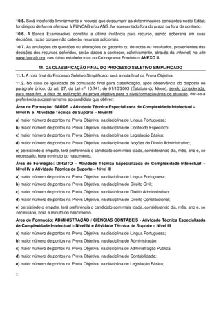 21
10.5. Será indeferido liminarmente o recurso que descumprir as determinações constantes neste Edital;
for dirigido de forma ofensiva à FUNCAB e/ou ANS; for apresentado fora do prazo ou fora de contexto.
10.6. A Banca Examinadora constitui a última instância para recurso, sendo soberana em suas
decisões, razão porque não caberão recursos adicionais.
10.7. As anulações de questões ou alterações de gabarito ou de notas ou resultados, provenientes das
decisões dos recursos deferidos, serão dados a conhecer, coletivamente, através da Internet, no site
www.funcab.org, nas datas estabelecidas no Cronograma Previsto – ANEXO II.
11. DA CLASSIFICAÇÃO FINAL DO PROCESSO SELETIVO SIMPLIFICADO
11.1. A nota final do Processo Seletivo Simplificado será a nota final da Prova Objetiva.
11.2. No caso de igualdade de pontuação final para classificação, após observância do disposto no
parágrafo único, do art. 27, da Lei nº 10.741, de 01/10/2003 (Estatuto do Idoso), sendo considerada,
para esse fim, a data de realização da prova objetiva para o nível/formação/área de atuação, dar-se-á
preferência sucessivamente ao candidato que obtiver:
Área de Formação: SAÚDE - Atividade Técnica Especializada de Complexidade Intelectual –
Nível IV e Atividade Técnica de Suporte – Nível III
a) maior número de pontos na Prova Objetiva, na disciplina de Língua Portuguesa;
b) maior número de pontos na Prova Objetiva, na disciplina de Conteúdo Específico;
c) maior número de pontos na Prova Objetiva, na disciplina de Legislação Básica;
d) maior número de pontos na Prova Objetiva, na disciplina de Noções de Direito Administrativo;
e) persistindo o empate, terá preferência o candidato com mais idade, considerando dia, mês, ano e, se
necessário, hora e minuto do nascimento.
Área de Formação: DIREITO – Atividade Técnica Especializada de Complexidade Intelectual –
Nível IV e Atividade Técnica de Suporte – Nível III
a) maior número de pontos na Prova Objetiva, na disciplina de Língua Portuguesa;
b) maior número de pontos na Prova Objetiva, na disciplina de Direito Civil;
c) maior número de pontos na Prova Objetiva, na disciplina de Direito Administrativo;
d) maior número de pontos na Prova Objetiva, na disciplina de Direito Constitucional;
e) persistindo o empate, terá preferência o candidato com mais idade, considerando dia, mês, ano e, se
necessário, hora e minuto do nascimento.
Área de Formação: ADMINISTRAÇÃO / CIÊNCIAS CONTÁBEIS - Atividade Técnica Especializada
de Complexidade Intelectual – Nível IV e Atividade Técnica de Suporte – Nível III
a) maior número de pontos na Prova Objetiva, na disciplina de Língua Portuguesa;
b) maior número de pontos na Prova Objetiva, na disciplina de Administração;
c) maior número de pontos na Prova Objetiva, na disciplina de Administração Pública;
d) maior número de pontos na Prova Objetiva, na disciplina de Contabilidade;
e) maior número de pontos na Prova Objetiva, na disciplina de Legislação Básica;
 
