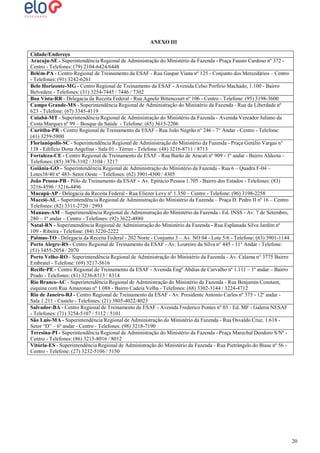 ANEXO III
Cidade/Endereço
Aracaju-SE - Superintendência Regional de Administração do Ministério da Fazenda - Praça Fausto Cardoso nº 372 Centro - Telefones: (79) 2104-6424/6448
Belém-PA - Centro Regional de Treinamento da ESAF - Rua Gaspar Viana nº 125 - Conjunto dos Mercedários – Centro
- Telefones: (91) 3242-6261
Belo Horizonte-MG - Centro Regional de Treinamento da ESAF - Avenida Celso Porfírio Machado, 1.100 - Bairro
Belvedere - Telefones: (31) 3254-7445 / 7446 / 7302
Boa Vista-RR - Delegacia da Receita Federal - Rua Agnelo Bittencourt nº 106 - Centro - Telefone: (95) 3198-3600
Campo Grande-MS - Superintendência Regional de Administração do Ministério da Fazenda - Rua da Liberdade nº
623 - Telefone: (67) 3345-4119
Cuiabá-MT - Superintendência Regional de Administração do Ministério da Fazenda - Avenida Vereador Juliano da
Costa Marques nº 99 – Bosque da Saúde - Telefone: (65) 3615-2206
Curitiba-PR - Centro Regional de Treinamento da ESAF - Rua João Negrão n° 246 - 7° Andar - Centro - Telefone:
(41) 3259-5800
Florianópolis-SC - Superintendência Regional de Administração do Ministério da Fazenda - Praça Getúlio Vargas n°
138 - Edifício Dona Angelina - Sala 01 - Térreo - Telefone: (48) 3216-8711 / 8713
Fortaleza-CE - Centro Regional de Treinamento da ESAF - Rua Barão de Aracati nº 909 - 1º andar - Bairro Aldeota Telefones: (85) 3878-3102 / 3104 / 3217
Goiânia-GO – Superintendência Regional de Administração do Ministério da Fazenda - Rua 6 – Quadra F-04 –
Lotes38/40 nº 483- Setor Oeste – Telefones: (62) 3901-4300 / 4305
João Pessoa-PB - Pólo de Treinamento da ESAF – Av. Epitácio Pessoa 1.705 - Bairro dos Estados - Telefones: (83)
3216-4596 / 3216-4496
Macapá-AP - Delegacia da Receita Federal - Rua Eliezer Levy nº 1.350 – Centro - Telefone: (96) 3198-2258
Maceió-AL - Superintendência Regional de Administração do Ministério da Fazenda – Praça D. Pedro II nº 16 – Centro
Telefones: (82) 3311-2720 / 2993
Manaus-AM – Superintendência Regional de Administração do Ministério da Fazenda - Ed. INSS - Av. 7 de Setembro,
280 – 1º andar – Centro - Telefones: (92) 3622-4880
Natal-RN - Superintendência Regional de Administração do Ministério da Fazenda - Rua Esplanada Silva Jardim nº
109 - Ribeira - Telefone: (84) 3220-2222
Palmas-TO - Delegacia da Receita Federal - 202 Norte - Conjunto 3 – Av. NO 04 - Lote 5/6 - Telefone: (63) 3901-1144
Porto Alegre-RS - Centro Regional de Treinamento da ESAF - Av. Loureiro da Silva n° 445 - 11° Andar - Telefone:
(51) 3455-2054 / 2070
Porto Velho-RO - Superintendência Regional de Administração do Ministério da Fazenda - Av. Calama n° 3775 Bairro
Embratel - Telefone: (69) 3217-5616
Recife-PE - Centro Regional de Treinamento da ESAF - Avenida Engº Abdias de Carvalho nº 1.111 – 1º andar – Bairro
Prado - Telefones: (81) 3236-8313 / 8314
Rio Branco-AC - Superintendência Regional de Administração do Ministério da Fazenda - Rua Benjamin Constant,
esquina com Rua Amazonas nº 1.088 - Bairro Cadeia Velha - Telefones: (68) 3302-3144 / 3224-4712
Rio de Janeiro-RJ - Centro Regional de Treinamento da ESAF - Av. Presidente Antonio Carlos nº 375 - 12º andar Sala 1.211 - Castelo - Telefones: (21) 3805-4022/4023
Salvador-BA - Centro Regional de Treinamento da ESAF - Avenida Frederico Pontes nº 03 - Ed. MF - Galeria NESAF
- Telefones: (71) 3254-5107 / 5112 / 5101
São Luís-MA - Superintendência Regional de Administração do Ministério da Fazenda - Rua Osvaldo Cruz, 1.618 Setor “D” – 6º andar - Centro - Telefones: (98) 3218-7190
Teresina-PI - Superintendência Regional de Administração do Ministério da Fazenda - Praça Marechal Deodoro S/Nº Centro - Telefones: (86) 3215-8016 / 8012
Vitória-ES - Superintendência Regional de Administração do Ministério da Fazenda - Rua Pietrângelo do Biase nº 56 Centro - Telefone: (27) 3232-5106 / 5150

20

 